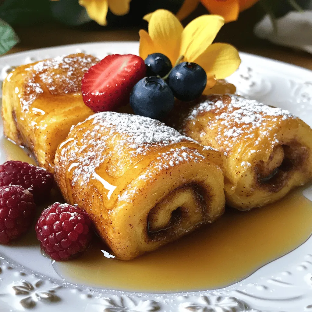 To make delicious Cinnamon Roll French Toast Rolls, you need a few key items: - 6 large cinnamon rolls (store-bought or homemade) - 4 large eggs - 1/2 cup milk - 1 teaspoon vanilla extract - 1 teaspoon ground cinnamon - 2 tablespoons butter - Maple syrup (for serving) - Powdered sugar (for dusting) - Fresh berries (for garnish, optional) These ingredients work together to create a warm, sweet dish that everyone will love. The cinnamon rolls provide a rich base, while the egg mixture adds a creamy texture. You can change up your Cinnamon Roll French Toast Rolls with these fun options: - Nutmeg for a spiced flavor - Chopped nuts for a crunchy texture - Cream cheese for a rich filling - Chocolate chips for sweetness Feel free to get creative! These additions can take the dish to a new level. When picking your ingredients, quality matters. Here are some tips: - Choose fresh cinnamon rolls. Look for soft, fluffy rolls. - Use large, free-range eggs. They add better taste and color. - Select whole milk for creaminess. Skim milk will work, but it lacks richness. - Pick pure vanilla extract over imitation for the best flavor. - Look for ground cinnamon with a strong scent. Fresh spices add depth to your dish. These choices will make a big difference in your final dish. For the full recipe, check the details above! To start, gather your cinnamon rolls. You can use store-bought rolls or homemade ones. If using store-bought, let them sit at room temperature. This makes them easier to work with. Unroll each cinnamon roll slowly. Use your hands or a rolling pin to flatten them. Aim for a thin rectangle shape. This helps when you roll them back up later. Next, grab a large bowl to make your egg mixture. Crack four large eggs into the bowl. Add half a cup of milk. Then, mix in one teaspoon of vanilla extract and one teaspoon of ground cinnamon. Whisk everything together until it looks smooth. This mixture will coat the rolls and add flavor. Now, it’s time to cook! Heat a large skillet over medium heat. Add two tablespoons of butter to the skillet and let it melt. Once the butter is bubbling, dip each rolled cinnamon roll into your egg mixture. Make sure it gets fully coated. Place the roll in the skillet seam-side down. Fry it for about three to four minutes until it turns golden brown. Carefully flip the roll and cook the other side for another three to four minutes. Repeat this for all your rolls. Once done, remove them from the skillet. Serve them on a platter with maple syrup and a dusting of powdered sugar. Fresh berries can make a lovely garnish too! To get those rolls golden and crisp, keep a few things in mind. First, make sure your butter is hot but not smoking. This helps create that nice crust. Second, don’t rush the cooking time. Let each side cook for about 3-4 minutes. Flip them gently to avoid any mess. Lastly, use medium heat. Too high will burn them, and too low will make them soggy. Having the right tools makes cooking easier and more fun. Here are my top picks: - Non-stick skillet: This helps prevent sticking and makes flipping easier. - Spatula: A wide spatula is best for flipping the rolls without breaking them. - Whisk: A good whisk is key for mixing your egg mixture well. - Serving platter: Use a nice platter to show off your rolls. When it comes to serving, there are many tasty options. Drizzle warm maple syrup over the rolls for sweetness. A sprinkle of powdered sugar adds a nice touch. For extra color and flavor, add fresh berries on the side. You can also serve them with whipped cream for a fun twist. If you want to get creative, try adding nuts or chocolate chips for extra crunch. Check out the Full Recipe for more details! {{image_2}} To make gluten-free cinnamon roll French toast rolls, choose gluten-free cinnamon rolls. Many stores offer these options. Look for brands that taste good and have a nice texture. Follow the same steps in the recipe. The cooking time stays the same, so watch them closely. Enjoy the same warm, sweet flavors without the gluten. For a vegan version, you can swap the eggs and milk. Use flax eggs instead of real eggs. To make one flax egg, mix one tablespoon of ground flaxseed with three tablespoons of water. Let it sit for a few minutes until it thickens. Use almond milk or oat milk as a dairy-free substitute. This keeps your rolls tasty and everyone happy. You can customize your cinnamon roll French toast rolls with fun toppings. Consider adding chocolate chips, nuts, or dried fruit inside the rolls. Mix these in before you roll them up. For toppings, use fresh berries, whipped cream, or a drizzle of peanut butter. You can create a unique twist each time you make them. Check out the Full Recipe for more ideas! To keep your cinnamon roll French toast rolls fresh, let them cool first. Place them in an airtight container. Store them in the fridge for up to three days. This helps keep them moist and tasty. Reheat the rolls in a skillet over medium heat. This method keeps them crispy outside. You can also microwave them for about 30 seconds. If you want them warm but soft, wrap them in a damp paper towel before microwaving. Yes, you can freeze these rolls! After they cool, place them in a freezer-safe bag. They can last for up to two months. When you are ready to eat, thaw them overnight in the fridge before reheating. This keeps them nice and delicious. For the full recipe, check the details above to enjoy this treat anytime! Yes, you can prepare these rolls ahead of time. Make the cinnamon roll mixture and the egg mix. Store them in the fridge overnight. In the morning, cook them fresh. This saves time and keeps breakfast easy. You can enjoy the warm taste right when you wake up. If you need an egg substitute, try using flaxseed meal. Mix 1 tablespoon of flaxseed meal with 3 tablespoons of water. Let it sit for five minutes. This mix works well to bind the rolls. You can also use unsweetened applesauce. Use 1/4 cup as a substitute for each egg. To make homemade cinnamon rolls, you need flour, sugar, yeast, milk, and butter. Mix warm milk with yeast and let it foam. Combine flour, sugar, and salt in a bowl. Add the yeast mix and melted butter. Knead until smooth. Let it rise until doubled. Roll out the dough, spread cinnamon and sugar, then roll it up. Cut and bake until golden. You can follow the full recipe for extra help. Cinnamon Roll French Toast Rolls are fun and tasty. You learned about key ingredients, easy steps, and tips for success. Variations allow you to change flavors and make them for all diets. Storing them right helps keep them fresh. Try these rolls for your next breakfast or brunch. They are sure to impress anyone. You can adapt and enjoy them often!