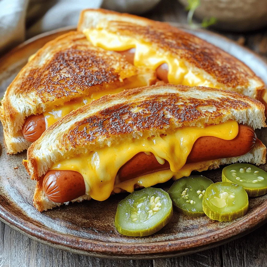 To make Air Fryer Grilled Cheese Hot Dogs, you need just a few simple ingredients. Here’s what you’ll need: - 4 hot dogs - 4 slices of your favorite cheese (cheddar, mozzarella, or a mix) - 4 slices of bread (Texas toast or any thick-cut bread) - 2 tablespoons butter, softened - 1 tablespoon mayonnaise - Optional: pickle slices or jalapeños for extra flavor These ingredients combine to create a tasty twist on classic comfort food. Each bite gives you the flavor of a grilled cheese sandwich with the fun of a hot dog. I love using thick-cut bread, as it holds up well in the air fryer and gives a nice crunch. You can choose any cheese you like, but I recommend a mix for the best melt. Feel free to add pickles or jalapeños if you want to spice things up! They add a nice kick and can elevate the dish. The mayo adds richness, and the butter creates a golden crust. This simple list makes it easy to whip up a fun meal that everyone will love. For the full recipe, check out the details I provided earlier. Start by preheating your air fryer to 375°F (190°C). This step is key to making sure your grilled cheese hot dogs cook evenly. Spread a thin layer of softened butter on one side of each slice of bread. Butter gives the bread that nice golden color. On the unbuttered side, spread a thin layer of mayonnaise for extra richness. This small touch adds depth to your sandwich. Layer cheese, hot dogs, and remaining ingredients to create the sandwich. I like to use two slices of cheese for extra gooeyness. Place the hot dog in the center of one slice of cheese-topped bread. Carefully top with another slice of cheese, then place the second slice of bread (buttered side up) on top of the hot dog, creating a sandwich. Repeat for all hot dogs and bread slices. Place the sandwiches in the air fryer basket in a single layer. Make sure not to overcrowd the basket. Cook for 8-10 minutes, flipping halfway through for even cooking. You want both sides golden brown and the cheese melted. To make your Air Fryer Grilled Cheese Hot Dogs extra crispy, start by buttering the bread well. Use soft butter for easy spreading. Cover one side of each slice evenly. Then, spread a thin layer of mayonnaise on the unbuttered side. This adds flavor and helps with crispiness. Set your air fryer to 375°F (190°C) for the best results. Cook for 8-10 minutes, flipping halfway through. This helps both sides brown evenly. Choosing the right cheese is key for a melty center. Cheddar is a classic choice, known for its rich taste. Mozzarella melts beautifully, giving you that gooey texture. You can also mix cheeses for more flavor. Try a blend of both cheddar and mozzarella. For a twist, add pepper jack for a little heat. The cheese should cover the hot dog well for the best melt. To elevate your dish, think about sides and dips. Serve your grilled cheese hot dogs with crunchy chips or a fresh salad. For dips, mustard and ketchup are great choices. You can also make a simple garlic aioli for a nice twist. Add pickle slices or jalapeños on the side for extra flavor. These small touches make your meal feel special and fun. Try these tips for a delicious experience with your Air Fryer Grilled Cheese Hot Dogs. For the full recipe, check out the recipe section above. {{image_2}} You can switch up the bread for your grilled cheese hot dogs. Here are some fun ideas: - Whole grain bread: This adds fiber and a nutty taste. - Gluten-free bread: Great for those who need to avoid gluten. - Sourdough: Adds a tangy flavor and crispy crust. - Bagels: For a chewy twist, use bagels instead of bread. Get creative with toppings and spreads to make your hot dogs unique. Here are a few tasty options: - Pickles: Add slices for a crunchy bite. - Jalapeños: Use these for a spicy kick. - Mustard or ketchup: Classic choices that never disappoint. - Hot sauce: Drizzle some for an extra zing. - Cream cheese: Spread this on the bread for added creaminess. You can easily adapt this recipe to fit different diets. Here are some ideas: - Vegetarian: Swap hot dogs for veggie dogs. - Vegan: Use vegan cheese and mayo for a plant-based option. - Dairy-free: Choose dairy-free cheese for a tasty treat. - Low-carb: Try using lettuce wraps instead of bread. These variations let you enjoy air fryer grilled cheese hot dogs in many ways. Check out the Full Recipe for details on making this meal! To keep your grilled cheese hot dogs fresh, store them in an airtight container. Let them cool before placing them inside. You can also wrap them tightly in foil or plastic wrap. This helps avoid moisture loss. Store them in the fridge for up to three days. If you want to keep them longer, freeze them. Just remember to wrap them well to avoid freezer burn. When ready to eat, thaw them in the fridge overnight. To reheat your grilled cheese hot dogs, preheat your air fryer to 350°F (175°C). Place the sandwiches in the basket. Heat for about 5 minutes. This keeps the bread crispy and the cheese melty. If you prefer a microwave, heat them on a plate for 30 seconds. Check to see if they are warm enough. If not, heat in 10-second intervals. Enjoying your leftovers is easy with these methods! Yes, you can use frozen hot dogs in your air fryer. Just add a few extra minutes to the cooking time. Cook them at 375°F (190°C) for about 12-15 minutes. Flip them halfway for even cooking. This method ensures your hot dogs cook through while the bread gets nice and crispy. They will taste great in your grilled cheese hot dogs. To make this recipe healthier, consider these tips: - Use whole-grain or gluten-free bread for added fiber. - Choose low-fat cheese to cut calories. - Swap butter with a light spread or avocado to reduce fat. - Add veggies like spinach or tomatoes for nutrients. - Use turkey or veggie hot dogs for leaner protein. These swaps keep the flavor while making your meal better for you. For air fryer grilled cheese hot dogs, models with good temperature control work best. Some great options include: - Ninja Foodi: Offers precise cooking and multiple functions. - Cosori Air Fryer: Known for its user-friendly design and even cooking. - Philips Air Fryer: A classic choice with reliable performance. These models help you achieve the perfect crispiness and meltiness for your hot dogs. For the full recipe, check out the details above. This blog post covered how to make tasty grilled cheese hot dogs in an air fryer. You learned the key ingredients, step-by-step instructions, and important tips for great results. We explored variations, storage info, and answered common questions, making this dish easy to enjoy. Remember, you can customize it to fit your taste. Now, it’s time to get cooking and have fun with your food! Enjoy your meal and impress your friends with this simple yet delicious recipe.