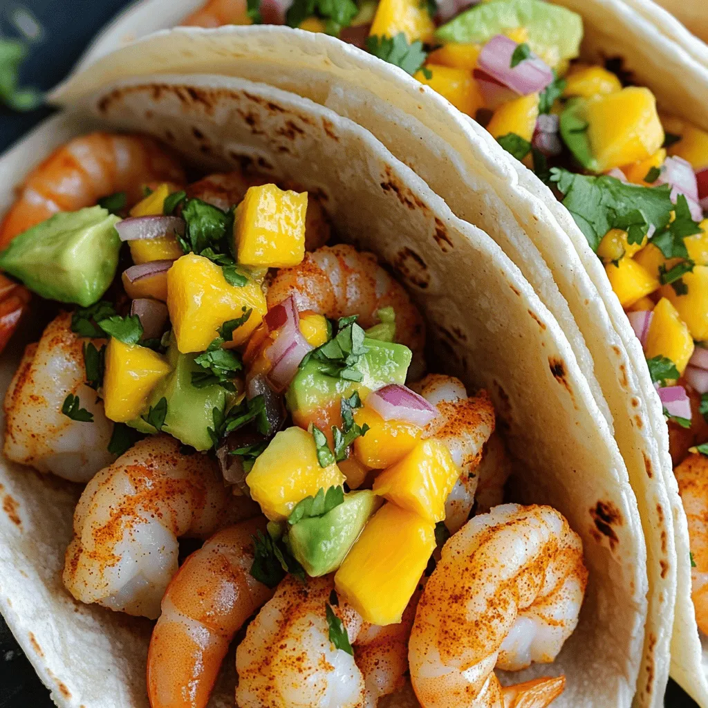 This recipe for spicy shrimp tacos with mango salsa is bright and full of flavor. It takes just 30 minutes to make. You will love the fresh taste and the spicy kick. The combination of shrimp and mango salsa is truly delightful. - Shrimp and Marinade Components - 1 lb shrimp, peeled and deveined - 2 teaspoons olive oil - 1 teaspoon paprika - 1 teaspoon cumin - ½ teaspoon cayenne pepper (adjust to taste) - 1 tablespoon lime juice - Salt and pepper to taste - Tropical Salsa Ingredients - 1 ripe mango, diced - 1 avocado, diced - ½ red onion, finely chopped - 1 jalapeño, minced (deseeded for less heat) - 2 tablespoons fresh cilantro, chopped - 1 tablespoon lime juice (for salsa) - Tortilla Options - 8 small corn tortillas This list includes all you need for a tasty meal. Use fresh ingredients for the best flavor. The shrimp and salsa together create a perfect bite. Start by gathering your shrimp. You want 1 pound of shrimp, peeled and deveined. Place the shrimp in a bowl. Add 2 teaspoons of olive oil for moisture. Sprinkle in 1 teaspoon of paprika and 1 teaspoon of cumin for depth. If you like it spicy, add ½ teaspoon of cayenne pepper. Squeeze in 1 tablespoon of lime juice. Season with salt and pepper to taste. Mix it all well. Make sure each shrimp gets coated in the spices. Let it sit for a few minutes while you prepare the salsa. Take a ripe mango and dice it into small pieces. You need about one mango for this recipe. Next, chop one avocado into small cubes. Finely chop ½ of a red onion. If you like heat, take one jalapeño, deseed it, and mince it. Combine the mango, avocado, red onion, and jalapeño in a bowl. Add 2 tablespoons of fresh cilantro for a burst of flavor. Finally, squeeze in 1 tablespoon of lime juice. Mix gently and set aside. This salsa adds a sweet and spicy touch to your tacos. Heat a skillet over medium-high heat. Once it’s hot, add the shrimp to the skillet. Cook them for 2-3 minutes on each side. They will turn pink and opaque when done. While the shrimp cooks, warm 8 small corn tortillas in another pan or the microwave. This makes them soft and easy to fold. Now, it’s time to assemble. Place a few shrimp in the center of each tortilla. Top with a generous scoop of mango salsa. For an extra kick, serve with lime wedges on the side. Enjoy your flavorful creation! For the full recipe, check out the details above. To cook shrimp just right, follow these tips: - Use fresh shrimp. Fresh shrimp taste better and cook more evenly. - Don’t overcook. Cook shrimp for only 2-3 minutes per side. They should turn pink and opaque. - High heat matters. Use medium-high heat for quick cooking. This keeps the shrimp juicy. - Marinate well. Let the shrimp sit in the spice mix for at least 15 minutes. This adds more flavor. To make your mango salsa shine, keep these tips in mind: - Choose ripe mangoes. A ripe mango gives the salsa a sweet and juicy base. - Add lime juice. Fresh lime juice brightens the flavors. It makes the salsa zesty. - Balance textures. Include creamy avocado and crunchy red onion for a mix of textures. - Use fresh herbs. Fresh cilantro adds a pop of flavor. Use it generously for the best taste. Warming tortillas is key for tasty tacos. Here’s how to do it right: - Use a dry skillet. Heat a skillet on medium heat. No oil needed! - Warm one at a time. Place each tortilla in the pan for about 30 seconds. Flip it over to warm the other side. - Cover to keep warm. Place warmed tortillas in a cloth. This keeps them soft and warm until ready to serve. - Microwave option. Alternatively, wrap tortillas in a damp paper towel and microwave for 15-20 seconds. For the full recipe, check out the details above. Enjoy making your spicy shrimp tacos with mango salsa! {{image_2}} You can switch the shrimp for chicken or fish. Both options work well with the same spices. If you want a plant-based option, try jackfruit or tofu. Just make sure to marinate them in the same spices for great flavor. You can change the mango for pineapple or peach for a sweet twist. Add diced bell peppers for extra crunch. If you like heat, include more jalapeños or even a dash of hot sauce. Each change makes the salsa your own. Use corn tortillas for a gluten-free choice. For a vegan taco, skip the shrimp and use roasted veggies or beans. You can still enjoy all the flavors with your custom mango salsa. Enjoy experimenting with these options! For the full recipe, check out the full recipe section. To keep leftover shrimp tacos fresh, first separate the shrimp and salsa from the tortillas. Store the shrimp and salsa in airtight containers. Keep the tortillas in a separate bag. This way, you avoid sogginess. Use them within two days for the best taste. For reheating shrimp, use a pan on medium heat. Add the shrimp and warm them for about 2-3 minutes. This keeps them juicy. For the tortillas, heat them in a dry skillet for about 30 seconds on each side. This makes them soft and warm again. If you want to freeze shrimp or salsa, do so separately. Place shrimp in a freezer bag. Remove as much air as possible. For salsa, use a container that seals well. You can freeze both for up to three months. When ready, thaw them in the fridge overnight before reheating. Yes, you can use frozen shrimp. Just thaw them first. Place the shrimp in cold water for about 10-15 minutes. Drain and pat them dry. This helps them cook evenly. Make sure they are peeled and deveined before marinating. Many toppings work great with spicy shrimp tacos. Here are some ideas: - Shredded cabbage for crunch - Sliced radishes for a pop of color - Sour cream for creaminess - Feta cheese for a tangy kick - Extra lime wedges for zest Feel free to mix and match these toppings. They can enhance the taste and add fun textures. To adjust the spice level, change the amount of cayenne pepper. Use less for a milder taco. You can also remove the seeds from the jalapeño. This will lower the heat. If you crave more heat, add a dash of hot sauce or extra jalapeño. Make it as spicy as you like! Enjoy experimenting with the flavors. Check out the Full Recipe for more tips. In this blog post, I covered how to make delicious shrimp tacos with tropical salsa. You learned about the key ingredients and the step-by-step process. I shared tips for cooking shrimp just right and enhancing salsa flavor. Plus, I offered tasty alternatives and storage tips. Remember, experimenting with flavors adds fun. Enjoy making these shrimp tacos to share with friends and family. You’ll impress everyone with your cooking skills!