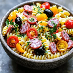 To make a great Grinder Pasta Salad, you need key ingredients. Here’s what you need: - 2 cups rotini pasta - 1/2 cup diced salami - 1/2 cup diced provolone cheese - 1/2 cup cherry tomatoes, halved - 1/2 cup black olives, sliced - 1/4 cup red onion, finely chopped - 1/4 cup pepperoncini peppers, sliced - 2 tablespoons fresh parsley, chopped - 1/4 cup olive oil - 2 tablespoons red wine vinegar (or apple cider vinegar) - 1 teaspoon dried Italian herbs - Salt and pepper to taste These ingredients create a colorful and tasty dish. The rotini pasta holds the dressing well. Salami and provolone add rich flavors. The fresh veggies give crunch and brightness. You can customize your Grinder Pasta Salad with extra ingredients. Here are some ideas: - Diced bell peppers for sweetness - Artichoke hearts for tanginess - Capers for a briny kick - Fresh basil or oregano for more herbs - Grated Parmesan for a cheesy touch These add-ins let you play with flavors. Choose what you love to make the salad your own. For the best results, use a good grinder. A food processor works well for chopping veggies. A box grater can shred cheese easily. If you have a manual grinder, it can help mix the salad too. The right tools make cooking fun and easy. Try this recipe to enjoy a refreshing meal. Check out the Full Recipe for detailed steps and tips! Start by boiling water in a large pot. Add salt to the water. This helps flavor the pasta. Next, add 2 cups of rotini pasta. Cook it as the package says, usually about 8-10 minutes. You want it to be al dente, which means firm but not hard. Once done, drain the pasta and rinse it with cool water. This stops the cooking. Now, set the pasta aside to cool completely. In a big mixing bowl, combine the tasty bits. Start with 1/2 cup of diced salami and 1/2 cup of diced provolone cheese. Then add 1/2 cup of halved cherry tomatoes. Next, toss in 1/2 cup of sliced black olives. Don’t forget 1/4 cup of finely chopped red onion and 1/4 cup of sliced pepperoncini peppers. Finally, sprinkle in 2 tablespoons of chopped fresh parsley. This mix brings so much flavor and color to your salad. In a small bowl, whisk together your dressing. Use 1/4 cup of olive oil, 2 tablespoons of red wine vinegar, and 1 teaspoon of dried Italian herbs. Add a pinch of salt and pepper. Now, pour this dressing over the mixing bowl filled with your ingredients. Next, add the cooled pasta. Toss everything gently until it’s well mixed and coated. Taste the salad. If it needs more flavor, add more salt, pepper, or vinegar. Cover the bowl and chill it for at least 30 minutes. This lets the flavors blend beautifully. For the full recipe, check the details above. To make the best pasta, start with a big pot. Fill it with water and add a good amount of salt. Bring it to a boil before adding the rotini. This helps add flavor to the pasta. Cook the pasta until it feels firm but tender, usually around 8-10 minutes. Taste it a minute or two before the time is up. This helps you get it just right. After you drain the pasta, rinse it under cold water. This stops the cooking and cools it down. Toss the pasta with a little olive oil. This keeps the noodles from clumping together. Stir it well, so every piece gets coated. To boost flavors, think about adding fresh herbs. Basil and oregano work well. You can also try different cheeses, like feta or mozzarella. For a kick, add more pepperoncini or a splash of lemon juice. Taste as you go to find your perfect mix. For the full recipe of Grinder Pasta Salad, follow the steps provided above to enjoy this delightful dish. {{image_2}} You can easily make this salad vegetarian. Simply swap the salami and cheese for tasty plant-based options. Use diced cucumbers or bell peppers for crunch. Adding chickpeas can bring in protein and texture. Fresh basil or spinach adds a nice green touch. This keeps the dish light and fresh while still being filling. The dressing can change the whole vibe of the salad. Instead of olive oil and vinegar, try a creamy dressing. A ranch or pesto dressing can add a rich flavor. For a kick, mix in some sriracha or hot sauce. You can also use lemon juice for a zesty twist. Experiment with different herbs like dill or cilantro for unique tastes. Grinder pasta salad can take on local flavors. For a Mediterranean spin, add feta cheese and artichoke hearts. If you want a Southwest vibe, include black beans and corn. A touch of lime juice and cumin can spice things up. Think about what flavors you love and make it your own. The options are endless and fun to explore! To keep leftover pasta salad fresh, use an airtight container. This helps the salad stay tasty and prevents it from drying out. Make sure to cool the salad before sealing it. If you add dressing, mix it in just before serving. This keeps the pasta from getting soggy. When prepping for the week, store each ingredient separately. This way, you can mix and match your flavors. Keep the pasta, veggies, and dressing in different containers. When you are ready to eat, just combine them. This method keeps everything fresh and crunchy. Grinder pasta salad lasts about three to five days in the fridge. If you want to freeze it, do so without dressing. Freeze the pasta and veggies together. They can last up to three months in the freezer. When you are ready to eat, thaw it in the fridge overnight. Then, add fresh dressing before serving. This keeps the taste bright and delicious. For the full recipe, check out the details above. Rotini pasta is the best choice. Its spiral shape holds the dressing well. Other good options are fusilli and penne. These shapes are fun and easy to eat. They also mix well with all the ingredients. When you cook the pasta, make sure it is al dente. This way, it stays firm and tasty in the salad. Yes, you can make this salad ahead of time. It's even better after chilling in the fridge. I suggest making it a few hours before you serve it. This helps the flavors blend nicely. Just cover it well and keep it cold. You can also store it overnight. Just remember to stir it before serving. To serve more people, you can easily scale up the recipe. Just double the amount of pasta and other ingredients. For example, use 4 cups of rotini pasta instead of 2. Keep the same ratios for the other items. If you need to serve a big crowd, make a large batch. This salad is great for parties or potlucks. You can find the full recipe online for more details. Grinder pasta salad is simple and tasty. We discussed key ingredients, including essential and optional add-ins. The step-by-step guide helps you prepare the pasta and mix it with the dressing. Useful tips ensure your pasta cooks just right and stays fresh. Variations let you make it vegetarian or explore different dressings. Always store leftovers properly to keep them tasty. Now, you have all you need to make this dish. Enjoy your pasta salad!