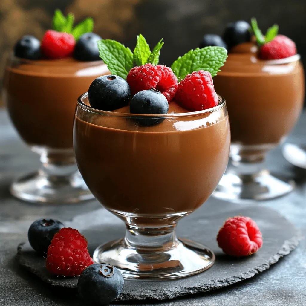 - 1 cup heavy whipping cream - 1/2 cup semi-sweet chocolate chips - 2 tablespoons powdered sugar These main ingredients create a rich and creamy mousse. The heavy whipping cream gives it a light texture. The semi-sweet chocolate chips add a deep chocolate flavor. Powdered sugar sweetens the mousse just right. - 1 teaspoon pure vanilla extract - Pinch of salt - Fresh berries for garnish (optional) - Mint leaves for garnish (optional) Flavor enhancers elevate the mousse. Vanilla extract brings warmth and depth. A pinch of salt balances the sweetness. Fresh berries and mint leaves make the dessert look pretty. They also add bright flavors that contrast the rich chocolate. For the full recipe, check out Easy Chocolate Mousse Cups. 1. Melt the chocolate properly: Start with a bowl. Add the semi-sweet chocolate chips. Heat in the microwave. Use 30-second intervals. Stir after each time. Keep going until it is smooth. Let it cool a bit before using. 2. Whip the cream to the right consistency: In a large bowl, pour in the heavy whipping cream. Use a hand mixer or a stand mixer. Start on medium speed. Whip until you see soft peaks. Add in the powdered sugar and vanilla. Then, add a pinch of salt. Keep mixing until stiff peaks form. This is key for a fluffy mousse. 1. Folding chocolate and cream together: Take about one-third of the whipped cream. Gently fold it into the melted chocolate. Use a spatula and be careful. This step helps to mix them without losing air. 2. Ensuring the mousse remains airy: Next, add the rest of the whipped cream. Fold it in carefully until it is fully mixed. You want the mixture to stay light and fluffy. Avoid stirring too hard or it will lose its airy texture. 1. How to chill the mousse: Spoon or pipe the mousse into small cups or dessert glasses. Leave a little space at the top. Cover each cup with plastic wrap. Place them in the fridge for at least one hour. This chill time helps the mousse set properly. 2. Best practices for garnishing: Once the mousse is set, it is time to serve. Garnish with fresh berries or mint leaves. This adds color and a fresh taste. You can also use whipped cream on top for extra flair. Enjoy your easy chocolate mousse cups! For the Full Recipe, check out the detailed steps above. - How to achieve stiff peaks in whipped cream: Start with cold heavy cream. Use a clean mixing bowl and beaters. Whip on medium speed. Stop when you see firm peaks that hold shape. Do not overwhip; it can turn grainy. - Best chocolate types for flavor: I recommend using semi-sweet chocolate chips for a balanced taste. Dark chocolate adds depth, while milk chocolate gives a creamier flavor. Choose what you love for the best results. - Overmixing the mousse: When folding in whipped cream, be gentle. Overmixing can deflate the mousse. You want it light and airy, not dense. - Not allowing sufficient chilling time: Chilling is key for the mousse to set properly. Aim for at least one hour in the fridge. This helps achieve the right texture. - Creative serving suggestions: Use small cups, glasses, or even jars for a fun look. Layering mousse with crushed cookies or fruit can add texture and interest. - Alternative garnishing options: Try using chocolate shavings, whipped cream, or edible flowers. Fresh mint leaves and berries also add color and a fresh taste. Get creative with what you have! {{image_2}} You can easily change the flavor of your chocolate mousse. By adding different extracts, you can create unique tastes. Almond extract gives a nutty touch. Orange extract adds a bright, citrusy zing. You can also switch the chocolate type. Use dark chocolate for a richer taste. White chocolate makes it creamier and sweeter. Each choice adds a new twist to this simple treat. If you need dairy-free options, use coconut cream instead of heavy cream. It whips up nicely and adds a tropical flavor. For sweetness, you can choose sugar substitutes. Try using honey or maple syrup for a healthier option. These swaps keep the mousse tasty while catering to dietary needs. Presentation matters! You can use different cups or bowls to serve your mousse. Small jars or elegant glasses can make it look fancy. Try layering the mousse with other desserts, like crumbled cookies or fruit. This gives a fun texture and flavor mix. Each variation makes your mousse cups even more special and delightful. To keep your chocolate mousse fresh, use airtight containers. Glass jars or plastic containers work well. Store the mousse in the fridge for up to three days. Check for signs of spoilage before serving. Can chocolate mousse be frozen? Yes, but it may change texture. Freezing can make it less creamy. To thaw frozen mousse, move it to the fridge overnight. This way, it slowly regains its creamy texture. If you have a gathering, prepare the mousse a day ahead. This gives it time to set properly. Store it in the fridge for up to two days before serving. Just remember to cover it well to prevent drying out. For the full recipe, check back for preparation details. How long does it take to make Easy Chocolate Mousse Cups? It takes about 15 minutes to prep. Then, you let it chill for at least one hour. So, the total time is about 1 hour and 15 minutes. This includes making the mousse and setting it in the fridge. Can I use regular whipped cream instead of heavy cream? Using regular whipped cream won’t give you the same rich texture. Heavy cream makes the mousse creamy and light. If you want a thicker mousse, stick with heavy cream for the best results. How can I make this recipe egg-free? This recipe is already egg-free! You don’t need eggs to make a great mousse. The heavy cream gives it the perfect texture without any eggs. Is it possible to make chocolate mousse without gelatin? Yes, you can make mousse without gelatin. This recipe uses whipped cream to give it structure. The air in whipped cream helps it set well, so you don’t need gelatin at all. What to serve with chocolate mousse cups? You can serve chocolate mousse cups with fresh berries or whipped cream on top. They add color and freshness. A sprinkle of cocoa powder can also enhance the look. Can I pair chocolate mousse with other desserts? Absolutely! Chocolate mousse pairs well with cakes, cookies, or even a fruit tart. Layering mousse with other desserts creates a fun and tasty treat. You can mix flavors and textures for a delightful dessert experience. For the Full Recipe, check out the details above. In this post, we explored making easy chocolate mousse cups. We covered key ingredients, from heavy cream to delicious flavor enhancers. Following the step-by-step guide helps you whip, fold, and chill for the perfect dessert. Remember the tips to avoid common mistakes for success. Plus, we looked at variations and storage options. Enjoy crafting delightful treats that impress and taste amazing! With this knowledge, you can make chocolate mousse your own. Enjoy your tasty creations!