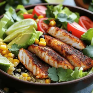 For blackened fish taco bowls, you need: - 1 lb white fish (tilapia or cod), cut into strips - 2 tablespoons olive oil - 2 tablespoons smoked paprika - 1 teaspoon cayenne pepper - 1 teaspoon garlic powder - 1 teaspoon onion powder - 1 teaspoon dried oregano - Salt and pepper to taste - 2 cups cooked quinoa or rice - 1 cup shredded lettuce - 1 cup diced tomatoes - 1 avocado, sliced - ½ cup corn (fresh or canned) - ½ cup black beans, rinsed and drained - ¼ cup fresh cilantro, chopped - Lime wedges for serving - Optional: salsa or hot sauce for drizzling To make this dish, gather the following tools: - A large skillet for cooking the fish - A mixing bowl for the spice blend - A cutting board and knife for veggies - Measuring spoons for accuracy - Serving bowls for assembling the taco bowls When picking fish, look for these signs: - The fish should smell clean and fresh, like the ocean. - Look for bright, clear eyes. Cloudy eyes mean it's not fresh. - The flesh should be firm and spring back when pressed. - Skin should be shiny and moist, not dull or dry. - If buying fillets, check for a bright color without brown spots. Choosing fresh fish makes your blackened fish taco bowls taste amazing. You can find a full recipe online to guide you through the cooking process! To make the spice mixture, gather smoked paprika, cayenne pepper, garlic powder, onion powder, dried oregano, salt, and pepper. In a bowl, mix these spices well. You want a good balance of heat and flavor. This mix gives the fish its bold taste. Rub the spice mixture all over the fish strips. Make sure every piece is well-coated. This step is key for a flavorful outcome. Heat the olive oil in a skillet over medium-high heat. Once the oil is hot, add the seasoned fish strips. Sear them for about 3-4 minutes on each side. You want a nice crust on the fish. It should be fully cooked and flaky. Once done, remove the fish from the heat and set it aside. The aroma will make your mouth water! Start by adding a base of cooked quinoa or rice in each bowl. This will fill you up and add nutrition. Next, layer on shredded lettuce, diced tomatoes, sliced avocado, corn, and black beans. Each topping adds color and crunch. Now, place the blackened fish strips right on top of the veggies. Finish by sprinkling fresh cilantro over the bowls. Serve with lime wedges on the side. You can drizzle with salsa or hot sauce if you like. This whole process brings everything together for a delicious meal. For the complete instructions, check the Full Recipe. To blacken fish well, start with a hot skillet. I use cast iron for an even cook. Heat it until it's very hot, about five minutes. This helps create a nice crust. Coat your fish with oil and spices. Place it in the skillet and don’t move it for a few minutes. This allows the fish to sear properly. Flip it once you see a dark crust. Cook both sides for about 3-4 minutes. You can make these bowls even healthier by adding greens. Spinach or kale works great. They add vitamins and minerals. Use brown rice instead of white for more fiber. You can also add more veggies like bell peppers or zucchini. They not only taste good but also boost nutrition. Consider replacing sour cream with Greek yogurt for added protein. Make your taco bowls look great with color. Start with a base of quinoa or rice. Then layer bright veggies on top. Use green lettuce, red tomatoes, and yellow corn. This creates a rainbow effect on your plate. Place the blackened fish on top and sprinkle cilantro. Serve with lime wedges on the side. A drizzle of salsa or hot sauce adds a nice touch. For more ideas, check the full recipe for inspiration! {{image_2}} You can easily switch fish types in this recipe. Good choices include salmon, mahi-mahi, or snapper. Each fish brings a unique taste. Salmon offers a rich flavor, while mahi-mahi is mild and flaky. Snapper has a sweet, delicate flavor. Just keep the cooking time in mind. Thicker fish may need more time to cook. You want the fish to flake easily with a fork. If you prefer a plant-based option, you can use tofu or tempeh. Both absorb flavors well and add protein. Press the tofu to remove excess water. Then marinate it in the same spice mix. For tempeh, slice it thinly and sauté it in olive oil. You can also use grilled vegetables, like zucchini or bell peppers. These options create a tasty and healthy meal. Toppings can make your bowls more exciting. Try adding diced red onion for crunch or jalapeños for heat. You can also include pickled veggies for a tangy touch. For sides, consider serving with a simple corn salad. It adds freshness and complements the bowls. Another great side is black bean salad with lime vinaigrette. These additions will enhance your meal and make it even more satisfying. For the complete recipe, check out the Blackened Fish Taco Bowls. To keep your blackened fish taco bowls fresh, store leftovers in airtight containers. Place them in the fridge. They stay good for about 2-3 days. Make sure to separate the fish from the veggies if possible. This helps keep everything crisp and tasty. When you’re ready to eat, reheat the fish in a skillet over low heat. This method keeps the fish moist and prevents it from drying out. You can also use the microwave, but heat it in short bursts. Stir and check to avoid overcooking. The veggies can be warmed up too, but keep them separate until serving. You can freeze these bowls, but it's best to freeze only the fish. Place the fish in a freezer-safe bag. Remove as much air as you can to avoid freezer burn. The cooked quinoa or rice can also be frozen. However, avoid freezing the veggies, as they can get mushy. When you're ready to eat, thaw the fish overnight in the fridge, then reheat as usual. Enjoy your fresh and tasty meal again! For the full recipe, check out the detailed instructions above. The best fish for blackening is white fish like tilapia or cod. These fish have a mild taste and cook well with spices. They hold up nicely against high heat, giving a perfect crust. You can also use mahi-mahi or snapper if you want a different flavor. Both options will work great in your taco bowls. Yes, you can make blackened fish taco bowls ahead of time. Cook the fish and prepare the toppings. Store them separately in the fridge. When you're ready to eat, just warm the fish and assemble the bowls. This way, you save time and enjoy a fresh meal. Absolutely! This recipe is naturally gluten-free. Just make sure to check all your ingredients. The spices, fish, quinoa, and toppings do not contain gluten. This makes it easy for everyone to enjoy a tasty meal without worry. This blog post covered how to make delicious blackened fish taco bowls. We explored ingredient lists, cooking tools, and tips for choosing fresh fish. You learned a step-by-step guide to prepare the spice mix, blacken the fish, and assemble the bowls. I shared ways to enhance your dish and create healthy options. Remember, you can also try different fish or plant-based alternatives. Storing leftovers is easy with these tips. With this knowledge, you are ready to make tasty and healthy meals. Enjoy cooking!