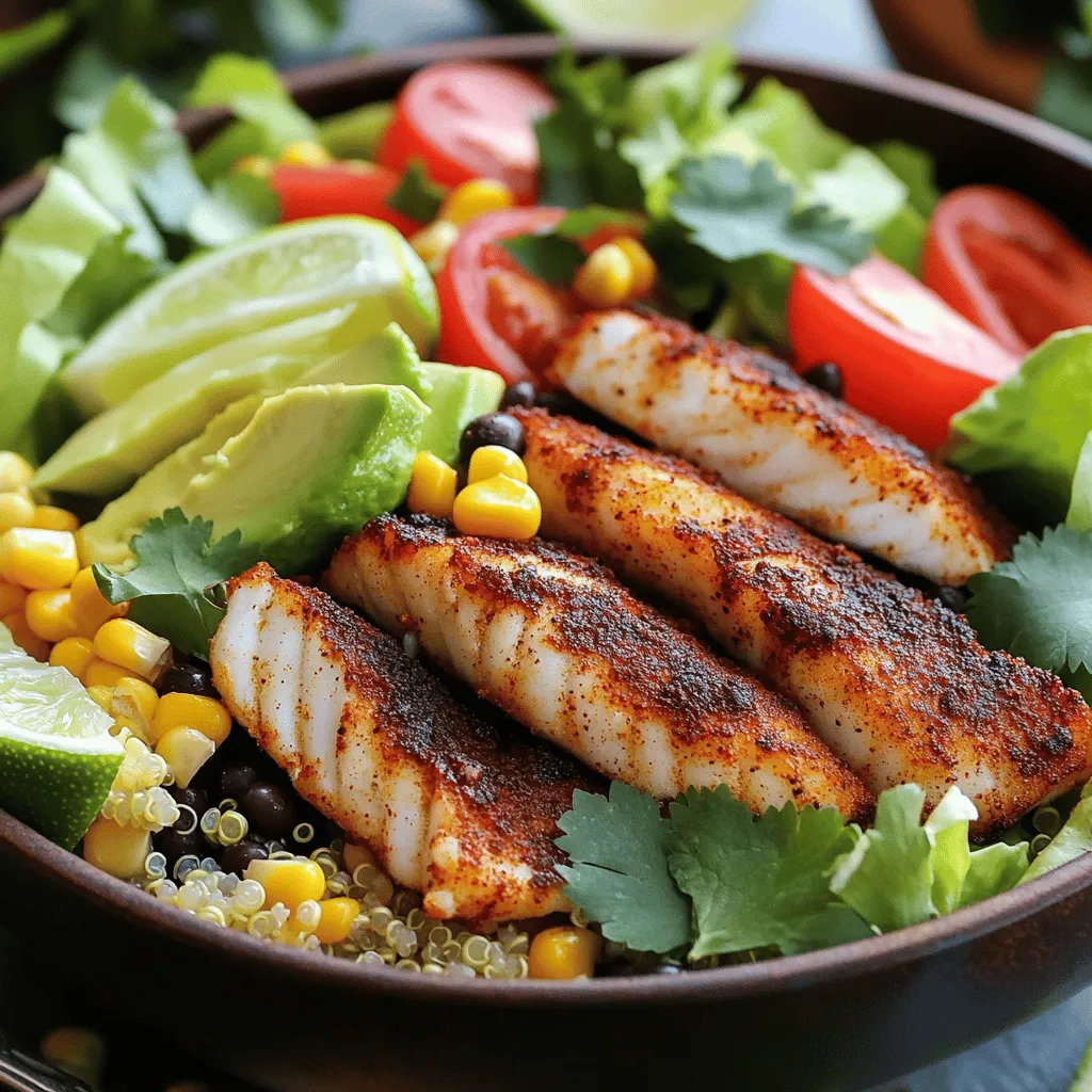 For blackened fish taco bowls, you need: - 1 lb white fish (tilapia or cod), cut into strips - 2 tablespoons olive oil - 2 tablespoons smoked paprika - 1 teaspoon cayenne pepper - 1 teaspoon garlic powder - 1 teaspoon onion powder - 1 teaspoon dried oregano - Salt and pepper to taste - 2 cups cooked quinoa or rice - 1 cup shredded lettuce - 1 cup diced tomatoes - 1 avocado, sliced - ½ cup corn (fresh or canned) - ½ cup black beans, rinsed and drained - ¼ cup fresh cilantro, chopped - Lime wedges for serving - Optional: salsa or hot sauce for drizzling To make this dish, gather the following tools: - A large skillet for cooking the fish - A mixing bowl for the spice blend - A cutting board and knife for veggies - Measuring spoons for accuracy - Serving bowls for assembling the taco bowls When picking fish, look for these signs: - The fish should smell clean and fresh, like the ocean. - Look for bright, clear eyes. Cloudy eyes mean it's not fresh. - The flesh should be firm and spring back when pressed. - Skin should be shiny and moist, not dull or dry. - If buying fillets, check for a bright color without brown spots. Choosing fresh fish makes your blackened fish taco bowls taste amazing. You can find a full recipe online to guide you through the cooking process! To make the spice mixture, gather smoked paprika, cayenne pepper, garlic powder, onion powder, dried oregano, salt, and pepper. In a bowl, mix these spices well. You want a good balance of heat and flavor. This mix gives the fish its bold taste. Rub the spice mixture all over the fish strips. Make sure every piece is well-coated. This step is key for a flavorful outcome. Heat the olive oil in a skillet over medium-high heat. Once the oil is hot, add the seasoned fish strips. Sear them for about 3-4 minutes on each side. You want a nice crust on the fish. It should be fully cooked and flaky. Once done, remove the fish from the heat and set it aside. The aroma will make your mouth water! Start by adding a base of cooked quinoa or rice in each bowl. This will fill you up and add nutrition. Next, layer on shredded lettuce, diced tomatoes, sliced avocado, corn, and black beans. Each topping adds color and crunch. Now, place the blackened fish strips right on top of the veggies. Finish by sprinkling fresh cilantro over the bowls. Serve with lime wedges on the side. You can drizzle with salsa or hot sauce if you like. This whole process brings everything together for a delicious meal. For the complete instructions, check the Full Recipe. To blacken fish well, start with a hot skillet. I use cast iron for an even cook. Heat it until it's very hot, about five minutes. This helps create a nice crust. Coat your fish with oil and spices. Place it in the skillet and don’t move it for a few minutes. This allows the fish to sear properly. Flip it once you see a dark crust. Cook both sides for about 3-4 minutes. You can make these bowls even healthier by adding greens. Spinach or kale works great. They add vitamins and minerals. Use brown rice instead of white for more fiber. You can also add more veggies like bell peppers or zucchini. They not only taste good but also boost nutrition. Consider replacing sour cream with Greek yogurt for added protein. Make your taco bowls look great with color. Start with a base of quinoa or rice. Then layer bright veggies on top. Use green lettuce, red tomatoes, and yellow corn. This creates a rainbow effect on your plate. Place the blackened fish on top and sprinkle cilantro. Serve with lime wedges on the side. A drizzle of salsa or hot sauce adds a nice touch. For more ideas, check the full recipe for inspiration! {{image_2}} You can easily switch fish types in this recipe. Good choices include salmon, mahi-mahi, or snapper. Each fish brings a unique taste. Salmon offers a rich flavor, while mahi-mahi is mild and flaky. Snapper has a sweet, delicate flavor. Just keep the cooking time in mind. Thicker fish may need more time to cook. You want the fish to flake easily with a fork. If you prefer a plant-based option, you can use tofu or tempeh. Both absorb flavors well and add protein. Press the tofu to remove excess water. Then marinate it in the same spice mix. For tempeh, slice it thinly and sauté it in olive oil. You can also use grilled vegetables, like zucchini or bell peppers. These options create a tasty and healthy meal. Toppings can make your bowls more exciting. Try adding diced red onion for crunch or jalapeños for heat. You can also include pickled veggies for a tangy touch. For sides, consider serving with a simple corn salad. It adds freshness and complements the bowls. Another great side is black bean salad with lime vinaigrette. These additions will enhance your meal and make it even more satisfying. For the complete recipe, check out the Blackened Fish Taco Bowls. To keep your blackened fish taco bowls fresh, store leftovers in airtight containers. Place them in the fridge. They stay good for about 2-3 days. Make sure to separate the fish from the veggies if possible. This helps keep everything crisp and tasty. When you’re ready to eat, reheat the fish in a skillet over low heat. This method keeps the fish moist and prevents it from drying out. You can also use the microwave, but heat it in short bursts. Stir and check to avoid overcooking. The veggies can be warmed up too, but keep them separate until serving. You can freeze these bowls, but it's best to freeze only the fish. Place the fish in a freezer-safe bag. Remove as much air as you can to avoid freezer burn. The cooked quinoa or rice can also be frozen. However, avoid freezing the veggies, as they can get mushy. When you're ready to eat, thaw the fish overnight in the fridge, then reheat as usual. Enjoy your fresh and tasty meal again! For the full recipe, check out the detailed instructions above. The best fish for blackening is white fish like tilapia or cod. These fish have a mild taste and cook well with spices. They hold up nicely against high heat, giving a perfect crust. You can also use mahi-mahi or snapper if you want a different flavor. Both options will work great in your taco bowls. Yes, you can make blackened fish taco bowls ahead of time. Cook the fish and prepare the toppings. Store them separately in the fridge. When you're ready to eat, just warm the fish and assemble the bowls. This way, you save time and enjoy a fresh meal. Absolutely! This recipe is naturally gluten-free. Just make sure to check all your ingredients. The spices, fish, quinoa, and toppings do not contain gluten. This makes it easy for everyone to enjoy a tasty meal without worry. This blog post covered how to make delicious blackened fish taco bowls. We explored ingredient lists, cooking tools, and tips for choosing fresh fish. You learned a step-by-step guide to prepare the spice mix, blacken the fish, and assemble the bowls. I shared ways to enhance your dish and create healthy options. Remember, you can also try different fish or plant-based alternatives. Storing leftovers is easy with these tips. With this knowledge, you are ready to make tasty and healthy meals. Enjoy cooking!