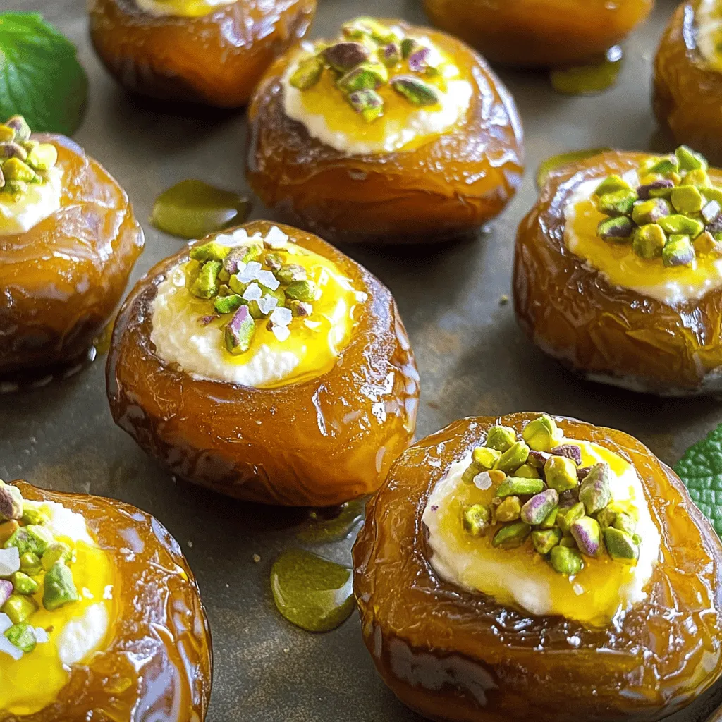 - 12 Medjool dates, pitted - 1 cup mascarpone cheese - 2 tablespoons honey The Medjool dates are sweet and chewy. They serve as the perfect base for this treat. I love using mascarpone cheese because it’s creamy and rich. It makes the filling taste amazing. Honey adds a touch of natural sweetness that blends well with the cheese. - 1 teaspoon vanilla extract - 1/4 teaspoon cinnamon Vanilla extract gives the filling a warm flavor. It works well with the mascarpone. The cinnamon adds a hint of spice, making every bite special. These two ingredients elevate the dish to something extraordinary. - 1/4 cup crushed pistachios (for topping) - Flaky sea salt (for garnish) - Fresh mint leaves (for garnish) Crushed pistachios offer a nice crunch. They also add a pop of color. A sprinkle of flaky sea salt brings out the sweetness of the dates and cheese. Fresh mint leaves add a refreshing note. They enhance both the look and taste of the dish. For the complete recipe, check out the Full Recipe section. - Preheat oven to 350°F (175°C). This warms the dates and makes them extra yummy. - Open Medjool dates carefully. Use a small knife to split them without breaking. - Combine mascarpone, honey, vanilla, and cinnamon in a bowl. These flavors blend well. - Mix until smooth and creamy. A spatula works great for this task. - Fill each date with the mascarpone mixture. Be generous and let it overflow a bit. - Arrange on a baking sheet. Use parchment paper for easy cleanup. This recipe is not only easy but also fun. The blend of sweet dates and creamy mascarpone is truly tasty. Try it out, and you will love how simple it is to create these treats. For the full recipe, check the earlier sections! To keep your stuffed dates fresh, place them in an airtight container. You can store them in the fridge for up to three days. If you want to eat them warm, simply reheat them in the oven. Set your oven to 300°F (150°C) for about 5 minutes. This warms them gently without drying them out. Want to spice things up? You can add a pinch of nutmeg or cardamom to the filling. These spices add a nice twist. To adjust the sweetness, try adding more honey or a dash of maple syrup. Taste as you go to ensure it’s just right. Pair your mascarpone stuffed dates with a light dessert wine. A sweet white wine or sparkling wine works great. For a fun serving idea, use a wooden board with fresh fruits and herbs. This makes your dish look amazing and inviting. Add a few mint leaves for color and extra flavor. {{image_2}} You can switch mascarpone with cream cheese. Cream cheese has a tangy taste that works well too. You might also add fruit, like chopped apples or berries, to the filling. Nuts, like walnuts or pecans, can bring crunch and extra flavor. Mixing in these ingredients adds variety and fun. Toppings can change the look and taste of your dates. Try using different nuts or seeds, like almonds or sunflower seeds. They add good texture. You can also explore alternative sweet toppings. Options like maple syrup or chocolate drizzle can make your dates even sweeter. Feel free to get creative! If you're looking for vegan or dairy-free options, you can use cashew cream instead of mascarpone. Blend soaked cashews with a bit of almond milk for a creamy texture. Also, check for gluten-free options if that’s a concern. Dates are naturally gluten-free, making them a safe choice for many diets. To keep your mascarpone stuffed dates fresh, use airtight containers. Glass or plastic containers with tight seals work best. Always store the dates in the refrigerator. They stay fresh for about 3 to 5 days. You can freeze stuffed dates for later enjoyment. First, place them in a single layer on a baking sheet. Freeze them for about an hour. Once frozen, transfer the dates to a freezer bag. Seal it well to keep air out. To thaw, just leave them in the fridge overnight. You can also let them sit at room temperature for about 30 minutes. In the refrigerator, mascarpone stuffed dates last about one week. Check for spoilage signs like an off smell or a change in texture. If they feel sticky or slimy, it’s time to toss them. Enjoy your delicious treats while they are at their best! For the full recipe, check out the details above. For the best flavor, use Medjool dates. They are soft, sweet, and large. These dates are easy to open and perfect for holding the mascarpone filling. You can also try Deglet Noor dates. They are firmer but still tasty. Medjool dates, however, provide a rich, caramel-like flavor that pairs well with mascarpone. Yes, you can prepare these stuffed dates in advance. Fill the dates and store them in the fridge for up to a day. Just remember to add toppings right before serving. This keeps the pistachios crunchy and the mint fresh. If you plan to serve them warm, heat them in the oven for a few minutes before serving. These dates are best served warm, but they can also be enjoyed at room temperature. They make a great appetizer for parties or a sweet treat for gatherings. You can pair them with a nice wine or serve them on a platter with other appetizers. For a fun twist, try drizzling extra honey on top before serving. For the full recipe, visit the [Full Recipe]. In this blog post, I shared a simple way to make stuffed Medjool dates. You learned about the main ingredients, flavor boosters, and tasty toppings. I also provided step-by-step instructions for preparation and storage tips. These stuffed dates are perfect for any occasion and easy to customize. Try different fillings and toppings to make this recipe your own. Enjoy creating delicious treats that everyone will love!