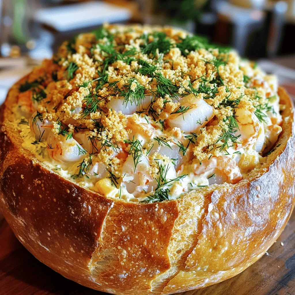 - 1 cup shrimp, peeled and diced - 1 cup scallops, diced - 1 cup cooked crab meat - 1 large round sourdough bread loaf - 1/2 cup cream cheese, softened - 1/4 cup sour cream - 1/4 cup grated Parmesan cheese - 2 tablespoons fresh dill, chopped - 1 tablespoon lemon juice - 2 cloves garlic, minced - Salt and pepper to taste - 1/2 cup breadcrumbs (for topping) - Fresh parsley for garnish When choosing seafood, I prefer fresh shrimp, scallops, and crab meat. They provide great taste and texture. If you want a quick meal, frozen seafood works well too. Just thaw it before using. For the bread, a large sourdough loaf works best. Its crust is strong enough to hold the filling. You can also use a round ciabatta or baguette if you prefer. The cream cheese and sour cream make the filling rich and creamy. Grated Parmesan adds a salty kick. Fresh dill and lemon juice brighten the dish. Garlic enhances the flavor, while salt and pepper round it out. Breadcrumbs on top give a nice crunch. Finally, fresh parsley makes a beautiful garnish. This dish not only tastes great but looks stunning. You can find the full recipe for more details. - Preheat your oven to 375°F (190°C). - Cut the top off the sourdough bread loaf and scoop out the insides. To create the bread bowl, start by preheating your oven. This step is key for a perfect bake. Next, take your sourdough loaf and cut off the top. Make sure to save that lid; it can be used later for serving. After that, scoop out the insides. Leave some bread on the sides to hold the filling. You can toast the scooped-out bread for dipping later. - In a large mixing bowl, combine the shrimp, scallops, crab meat, cream cheese, and sour cream. - Add dill, lemon juice, garlic, salt, and pepper; mix until well incorporated. For the filling, grab a big mixing bowl. Add in your shrimp, scallops, crab meat, cream cheese, and sour cream. These ingredients work well together to create a creamy and tasty mix. Then, season it with dill, lemon juice, garlic, salt, and pepper. Stir everything until it’s mixed well. This will ensure each bite bursts with flavor. - Spoon the seafood mixture into the hollowed bread bowl. - Sprinkle breadcrumbs over the top and place on a baking sheet. - Bake for 25-30 minutes or until golden brown and heated through. Now comes the fun part! Carefully spoon the seafood mixture into the hollowed bread bowl. Make sure to fill it generously, allowing the seafood mixture to mound a little. Once filled, sprinkle breadcrumbs on top for a crunchy finish. Place your bread bowl on a baking sheet to catch any drips. Bake it in the oven for about 25 to 30 minutes. Look for a golden brown top. This means your dish is ready to serve. Enjoy the warm, tasty goodness alongside the reserved toasted bread pieces. For the full experience, check the Full Recipe. - Use fresh seafood for the best taste. Fresh shrimp and scallops make a big difference. - Consider adding spices like Old Bay seasoning for extra flavor. It adds a nice kick. - Cover with aluminum foil for the first 15 minutes to prevent over-browning. This helps cook evenly. - Let it cool slightly before serving for better texture. Warm, but not too hot, is key. - Serve with a side of toasted bread pieces for dipping. This adds fun and flavor. - Garnish with additional herbs for a pop of color. Fresh parsley looks great and tastes fresh. These tips can help you make an amazing stuffed seafood bread bowl. For the full recipe, check the earlier section. Enjoy your culinary adventure! {{image_2}} You can switch up the seafood in your stuffed bread bowl. Try using lobster or crabmeat instead of shrimp. These options add a sweet and rich flavor. You can also play with different shellfish. Mussels or clams can add a nice twist. Their briny taste pairs well with the creamy filling. Just make sure to clean them well before cooking. If you want a meat-free option, replace the seafood with veggies. Sautéed vegetables work great here. A mix of mushrooms and spinach can make it just as tasty. You can even add bell peppers or zucchini for more flavor. This way, you still get a hearty dish that everyone can enjoy. While sourdough is classic, you can explore other bread. A round ciabatta or a fresh baguette can work well too. These options can change the taste and texture of your dish. Choose one that you love, and it will make your meal even better. Store leftover stuffed seafood bread bowl in an airtight container in the fridge for up to 2 days. This keeps the flavors fresh and the bread from getting too soggy. Just make sure the lid is tight to lock in taste. Reheat in the oven at 350°F (175°C) until warmed through. This step helps keep the bread crispy and the filling creamy. Avoid microwaving; it can make the bread chewy and dry. For longer storage, freeze the unbaked bread bowl before cooking. This makes it easy to bake later. When you’re ready, bake directly from frozen, adding extra time to ensure it cooks all the way through. This way, you can enjoy a fresh dish without much hassle. Yes, thawed frozen seafood can be used; just drain excess moisture. Using frozen seafood saves time and reduces waste. Make sure to dry it well to prevent extra water in your filling. Greek yogurt is a great substitute for sour cream. It adds creaminess and a slight tang. This option is also healthier and boosts protein in your dish. The top should be golden brown and the filling heated through. Check with a food thermometer; it should be at least 145°F. This ensures your seafood is safe to eat and deliciously warm. Yes, you can prepare the filling in advance and assemble before baking for freshness. This makes it easy for busy nights. Just store the filling in the fridge until ready to bake. This seafood bread bowl combines fresh shrimp, scallops, and crab meat for a tasty dish. You learned how to make a creamy filling, assemble it in a bread bowl, and bake it for the best flavor. Remember, you can use different seafood or even go vegetarian if you want. Store leftovers in the fridge or freeze for later. Enjoy making this fun treat for friends and family. It's a great way to impress at any gathering!