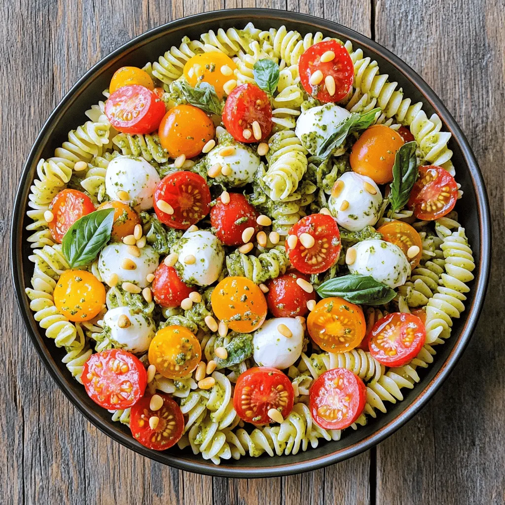 - 8 oz fusilli or rotini pasta - 1 cup cherry tomatoes, halved - 1 cup fresh mozzarella balls (bocconcini), halved - 1 cup fresh basil leaves, roughly chopped - 1/2 cup homemade or store-bought basil pesto - 1/2 cup Greek yogurt - 1 tablespoon lemon juice - Salt and freshly cracked black pepper - Optional: Pine nuts for garnish This dish blends fresh tastes and textures. The pasta is the base, holding all the flavors. I love using fusilli or rotini because they catch the sauce well. The cherry tomatoes add a burst of sweetness and color. They make each bite more fun. Fresh mozzarella gives a creamy touch. I prefer bocconcini because they are bite-sized. Fresh basil brings a bright, herbal note. It's key to chop it roughly to release its oils. For the creamy dressing, I use basil pesto and Greek yogurt. This combo makes the salad rich without being heavy. Lemon juice adds zing and balances the flavors. Don’t forget to season with salt and black pepper. They enhance all the ingredients. If you want an extra crunch, sprinkle on some pine nuts. They also add a nice nutty flavor. You can find the full recipe in this article. Enjoy gathering these ingredients for a delightful salad! Start by filling a large pot with water. Add a good amount of salt. Place it on the stove over high heat. Wait for the water to boil. This step is key for flavor. Once the water boils, add 8 oz of fusilli or rotini pasta. Cook for about 8 to 10 minutes, or until al dente. Stir occasionally to prevent sticking. Drain the pasta and rinse it under cold water. This stops the cooking process and cools the pasta down. In a large mixing bowl, add 1/2 cup of basil pesto, 1/2 cup of Greek yogurt, and 1 tablespoon of lemon juice. Sprinkle in salt and freshly cracked black pepper. Mix all these ingredients well until you have a smooth and creamy dressing. If the dressing seems too thick, add a splash of water or more lemon juice. This will help you reach the desired creamy texture that coats the pasta nicely. Add the cooled pasta to the bowl with the creamy dressing. Toss gently to coat the pasta evenly. Make sure every piece is covered in the rich, flavorful mix. Now, fold in 1 cup of halved cherry tomatoes, 1 cup of halved mozzarella balls, and 1 cup of roughly chopped fresh basil. Be gentle to keep the mozzarella intact. This adds freshness and color to your salad. Taste the salad and adjust the seasoning as needed. You may want to add more salt, pepper, or lemon juice for extra zing. This is your chance to make it just right. Cover the salad and place it in the fridge for at least 30 minutes. Chilling helps the flavors meld beautifully. When you are ready to serve, stir it gently and enjoy your light and creamy pesto caprese pasta salad. Alternatives to Greek Yogurt You can swap Greek yogurt with low-fat sour cream or silken tofu. These options give a creamy texture with fewer calories. You can also try avocado for a rich, creamy twist. Reducing Calories Without Sacrificing Flavor Use whole grain pasta for more fiber. Add extra veggies like spinach or zucchini for bulk. Using less pesto can still keep the taste strong. Balance is key to keeping it light yet flavorful. What to Serve Alongside the Salad This pasta salad pairs well with grilled chicken or shrimp. You can also serve it with crusty bread. A fresh green salad adds a nice crunch. Wine or Beverage Choices A crisp white wine, like Sauvignon Blanc, works well. For a non-alcoholic option, try sparkling water with lime. Both choices complement the flavors of the salad nicely. Garnishing Tips Top the salad with fresh basil leaves and a sprinkle of pine nuts. This adds color and texture to your dish. You can also drizzle a little olive oil for shine. Serving Style for Different Occasions For a picnic, serve in a large bowl with a spoon. For a fancy dinner, plate individual servings in clear glasses. This makes the layers of the salad visible and appealing. {{image_2}} Alternative Pasta Shapes You can use many pasta shapes for this dish. Fusilli and rotini are great, but penne or farfalle work well too. Each shape holds the creamy pesto differently. Choose what you like best for a fun twist! Different Vegetables to Add Feel free to add more veggies. Bell peppers, spinach, or zucchini can make it colorful. You can also include peas or artichokes for extra flavor and crunch. Mix and match to suit your taste! Adding Proteins: Chicken, Shrimp, or Tofu Want to make it heartier? Add proteins like grilled chicken or shrimp. Cook them first and then toss them in with the pasta. If you prefer a plant-based option, try crispy tofu. It adds a nice texture! Exploring Different Pesto Flavors You can change up the pesto too. Try sun-dried tomato pesto or arugula pesto for a new taste. Each type gives your pasta salad a unique flavor profile. Don’t be afraid to experiment! Gluten-Free Options If you need a gluten-free meal, choose gluten-free pasta. Many brands offer great options that taste delicious. Just cook them according to the package for best results. Making It Vegan or Dairy-Free To make this dish vegan, swap Greek yogurt with a dairy-free yogurt. You can also use a vegan pesto. These changes keep the flavor while making it plant-based. Enjoy your light and creamy salad without dairy! For the full recipe, check out the link. To keep your Light and Creamy Pesto Caprese Pasta Salad fresh, store it in an airtight container. This helps prevent it from drying out. Place the salad in the refrigerator right after serving. - Refrigeration Recommendations: Ensure the salad is covered well. This keeps it from absorbing other odors. - Shelf Life for Best Quality: Enjoy the salad within 3 to 5 days. It tastes best when fresh. You might want to warm up your pasta salad, but be careful. The creamy texture can change with heat. Here are some tips to make it just right. - Best Practices for Maintaining Texture: If reheating, do it on low heat. Stir gently to avoid breaking the mozzarella. - Serving Chilled vs. Warm: This salad shines cold. Serving it chilled keeps the flavors bright and fresh. You can freeze pasta salad, but it’s not always the best choice. Freezing can change the texture of the ingredients, especially the tomatoes and mozzarella. - Can You Freeze Pasta Salad?: Yes, but expect some changes. The salad may not be as fresh once thawed. - Steps for Freezing and Thawing: To freeze, place the salad in a freezer-safe container. Seal tightly and label with the date. When ready to eat, thaw it in the fridge overnight. After thawing, give it a good stir and adjust seasoning if needed. For the full recipe, don't forget to check out the link! For this salad, fusilli or rotini is best. Their twists hold the creamy pesto well. You can also try penne or farfalle. These shapes add fun to your dish. If you need gluten-free options, look for gluten-free pasta made from rice or quinoa. These choices work well and keep the dish tasty. Yes, you can make this salad ahead of time. It can sit in the fridge for up to three days. The flavors get better as they mix together. Just remember, if you add fresh basil, it can wilt. To keep it fresh, add the basil right before serving. Making homemade pesto is simple. You need just a few ingredients: - 2 cups fresh basil leaves - 1/2 cup grated Parmesan cheese - 1/2 cup olive oil - 1/3 cup pine nuts - 2 cloves garlic - Salt and pepper to taste To make it, blend all the ingredients in a food processor until smooth. You may need to scrape down the sides. For storing homemade pesto, keep it in an airtight jar in the fridge. You can also freeze it in ice cube trays for later use. For the full recipe, click here: [Light and Creamy Pesto Caprese Pasta Salad](#). This blog post covered a tasty pasta salad recipe and all its elements. We explored the key ingredients, simple steps, and ways to customize it to fit your taste. I shared tips for presentation, storage, and reheating, ensuring your salad stays fresh and delicious. Lastly, remember, you can make this dish to impress friends or enjoy it on your own. Enjoy creating your perfect pasta salad, and don’t hesitate to experiment with flavors!