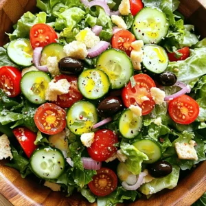 - 4 cups mixed greens (romaine, iceberg, spinach) - 1 cup cherry tomatoes, halved - 1 cucumber, sliced - 1/2 red onion, thinly sliced - 1/2 cup black olives, pitted and halved - 1/2 cup pepperoncini peppers, sliced The base of the Olive Garden salad brings crispness and color. I love using a mix of romaine, iceberg, and spinach. This mix gives you a nice crunch. Cherry tomatoes add a sweet burst. Slice them in half for easy eating. Cucumber brings a refreshing crunch, while red onion adds a bit of zing. Black olives give a salty flavor that pairs well. Lastly, pepperoncini peppers add a touch of heat and tang. - 1/4 cup olive oil - 2 tablespoons red wine vinegar (or lemon juice) - 1 teaspoon Italian seasoning - Salt and pepper to taste The dressing is simple but full of flavor. I use olive oil as the base for richness. Red wine vinegar adds acidity, which brightens the salad. If you want a different twist, lemon juice works great too. Italian seasoning gives it that classic taste. Add salt and pepper to enhance all the flavors. - 1/4 cup grated Parmesan cheese - 1/2 cup croutons (homemade or store-bought) Toppings make the salad special. Grated Parmesan cheese adds a nice salty touch. It melts just a bit into the warm ingredients. Croutons add a crunch that contrasts nicely with the greens. You can use homemade or store-bought croutons. Both choices add texture and flavor. For the complete flavor experience, check out the Full Recipe. First, wash and dry your mixed greens. This step keeps your salad fresh and clean. Next, combine the greens in a large salad bowl. I love using romaine, iceberg, and spinach for a nice mix. Now, it’s time to add flavor. Incorporate halved cherry tomatoes, sliced cucumber, thinly sliced onion, black olives, and pepperoncini peppers. Each bite should burst with color and taste. To make the dressing, whisk together olive oil, red wine vinegar, Italian seasoning, and salt & pepper. This simple mix adds zest to your salad. You can also use lemon juice instead of vinegar for a bright twist. Drizzle the dressing over the salad and toss gently. This ensures every piece gets coated. Finally, add grated Parmesan cheese and croutons. Toss lightly again or leave the croutons on top for extra crunch. Serve immediately for a fresh delight. For the full recipe, follow the steps outlined above. To boost the taste of your Olive Garden Salad, try adding fresh herbs. Basil, parsley, or dill can bring a new twist. You can also use spices like garlic powder or crushed red pepper for a kick. If you want to customize, consider adding avocado or bell peppers. Swap black olives for green ones for a different flavor. Plating is key to making your salad look great. Use a large white bowl to show off the colors. Layer the ingredients in a way that highlights the bright greens and reds. For a pop, sprinkle some fresh herbs on top. You can also add colorful edible flowers for a stunning effect. To pair your salad as a full meal, consider grilled chicken or shrimp on top. This adds protein and makes it heartier. You can also serve it with warm breadsticks or garlic bread on the side. For a vegetarian option, add chickpeas or quinoa to make it filling. To turn it into a main dish, simply increase the portion size. For the full recipe, visit the [Full Recipe]. {{image_2}} You can make your Olive Garden Salad heartier by adding protein. Grilled chicken works well. It adds a smoky flavor and fills you up. Shrimp is another great choice. It offers a nice pop of sweetness. For a plant-based option, try beans. Chickpeas or black beans provide protein and fiber. If you're gluten-free, choose gluten-free croutons. They come in many stores. This way, you can still enjoy crunch without the gluten. For vegan eaters, swap the dressing. Use a mix of olive oil and vinegar. This keeps the salad light and fresh without dairy. Using seasonal fruits and veggies keeps the salad fresh and exciting. In summer, add sweet corn or ripe avocado. These ingredients bring a creamy texture. In winter, consider roasted root vegetables. They add warmth and depth to your salad. Using seasonal produce makes each bite unique and flavorful. Check out the Full Recipe for more tips on how to enjoy this delightful dish! To keep your Olive Garden salad fresh, put it in an airtight container. This helps to lock in the flavors. Place it in the fridge right after serving. Your salad will stay fresh for about 3 days. After that, the greens may wilt and lose taste. If you want to prepare the salad ahead of time, keep the dressing separate. This prevents the greens from getting soggy. Just mix the salad ingredients without the dressing, and store them in the fridge. You can add the dressing just before serving. This keeps everything crisp and fresh. Freezing salads is not usually a good idea. The greens will turn mushy once thawed. However, you could freeze some components. For example, you can freeze croutons or dressing. Just make sure to store them in freezer-safe bags. When you're ready, thaw them before using. Olive Garden Salad stands out for its fresh taste and vibrant colors. The crisp mixed greens blend well with juicy cherry tomatoes and crunchy cucumbers. The black olives and pepperoncini add a nice tang. The unique dressing, made with olive oil and red wine vinegar, brings everything together. Finally, the sprinkle of Parmesan cheese and croutons gives it a delightful finish. This salad is not just a side; it’s a fresh delight! Yes, you can swap out the mixed greens. Try using arugula for a peppery flavor. You can also mix in kale for extra nutrients. Spinach is another great choice that adds a soft texture. Just ensure whatever greens you choose are fresh and crisp for the best taste. To make your dressing creamier, add a tablespoon of mayonnaise or Greek yogurt. You can also blend in some sour cream for a rich taste. Another option is to whisk in a bit of heavy cream. These additions will give your vinaigrette a smooth, rich texture while keeping the flavor bright. One serving of Olive Garden Salad has about 150 calories. It contains 10 grams of fat, mostly from olive oil. The salad is also rich in vitamins A and C, thanks to the fresh veggies. With this salad, you gain fiber and healthy fats, making it a smart choice for a light meal. For the complete recipe, check out the Garden Fresh Delight Salad. This article provided you with a complete guide to make a great salad. We covered fresh vegetables, simple dressings, and tips for delicious toppings. You learned how to prepare, combine, and serve your salad for the best taste. Remember, feel free to customize your salad with extra protein or seasonal ingredients. Proper storage and meal prep will help keep your salad fresh for longer. With these steps and ideas, enjoying a flavorful salad is easy and fun. Get creative in the kitchen and make it yours!