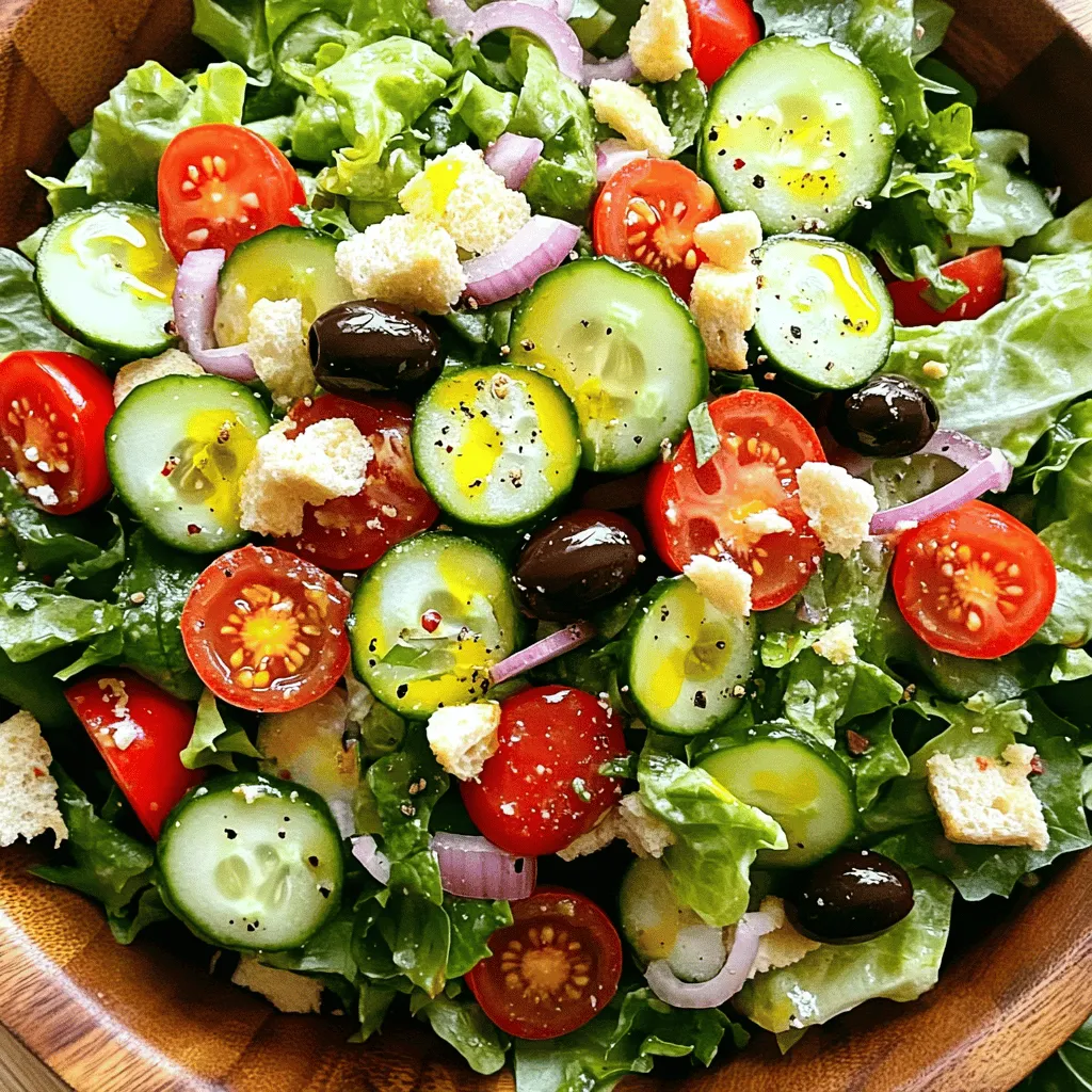 - 4 cups mixed greens (romaine, iceberg, spinach) - 1 cup cherry tomatoes, halved - 1 cucumber, sliced - 1/2 red onion, thinly sliced - 1/2 cup black olives, pitted and halved - 1/2 cup pepperoncini peppers, sliced The base of the Olive Garden salad brings crispness and color. I love using a mix of romaine, iceberg, and spinach. This mix gives you a nice crunch. Cherry tomatoes add a sweet burst. Slice them in half for easy eating. Cucumber brings a refreshing crunch, while red onion adds a bit of zing. Black olives give a salty flavor that pairs well. Lastly, pepperoncini peppers add a touch of heat and tang. - 1/4 cup olive oil - 2 tablespoons red wine vinegar (or lemon juice) - 1 teaspoon Italian seasoning - Salt and pepper to taste The dressing is simple but full of flavor. I use olive oil as the base for richness. Red wine vinegar adds acidity, which brightens the salad. If you want a different twist, lemon juice works great too. Italian seasoning gives it that classic taste. Add salt and pepper to enhance all the flavors. - 1/4 cup grated Parmesan cheese - 1/2 cup croutons (homemade or store-bought) Toppings make the salad special. Grated Parmesan cheese adds a nice salty touch. It melts just a bit into the warm ingredients. Croutons add a crunch that contrasts nicely with the greens. You can use homemade or store-bought croutons. Both choices add texture and flavor. For the complete flavor experience, check out the Full Recipe. First, wash and dry your mixed greens. This step keeps your salad fresh and clean. Next, combine the greens in a large salad bowl. I love using romaine, iceberg, and spinach for a nice mix. Now, it’s time to add flavor. Incorporate halved cherry tomatoes, sliced cucumber, thinly sliced onion, black olives, and pepperoncini peppers. Each bite should burst with color and taste. To make the dressing, whisk together olive oil, red wine vinegar, Italian seasoning, and salt & pepper. This simple mix adds zest to your salad. You can also use lemon juice instead of vinegar for a bright twist. Drizzle the dressing over the salad and toss gently. This ensures every piece gets coated. Finally, add grated Parmesan cheese and croutons. Toss lightly again or leave the croutons on top for extra crunch. Serve immediately for a fresh delight. For the full recipe, follow the steps outlined above. To boost the taste of your Olive Garden Salad, try adding fresh herbs. Basil, parsley, or dill can bring a new twist. You can also use spices like garlic powder or crushed red pepper for a kick. If you want to customize, consider adding avocado or bell peppers. Swap black olives for green ones for a different flavor. Plating is key to making your salad look great. Use a large white bowl to show off the colors. Layer the ingredients in a way that highlights the bright greens and reds. For a pop, sprinkle some fresh herbs on top. You can also add colorful edible flowers for a stunning effect. To pair your salad as a full meal, consider grilled chicken or shrimp on top. This adds protein and makes it heartier. You can also serve it with warm breadsticks or garlic bread on the side. For a vegetarian option, add chickpeas or quinoa to make it filling. To turn it into a main dish, simply increase the portion size. For the full recipe, visit the [Full Recipe]. {{image_2}} You can make your Olive Garden Salad heartier by adding protein. Grilled chicken works well. It adds a smoky flavor and fills you up. Shrimp is another great choice. It offers a nice pop of sweetness. For a plant-based option, try beans. Chickpeas or black beans provide protein and fiber. If you're gluten-free, choose gluten-free croutons. They come in many stores. This way, you can still enjoy crunch without the gluten. For vegan eaters, swap the dressing. Use a mix of olive oil and vinegar. This keeps the salad light and fresh without dairy. Using seasonal fruits and veggies keeps the salad fresh and exciting. In summer, add sweet corn or ripe avocado. These ingredients bring a creamy texture. In winter, consider roasted root vegetables. They add warmth and depth to your salad. Using seasonal produce makes each bite unique and flavorful. Check out the Full Recipe for more tips on how to enjoy this delightful dish! To keep your Olive Garden salad fresh, put it in an airtight container. This helps to lock in the flavors. Place it in the fridge right after serving. Your salad will stay fresh for about 3 days. After that, the greens may wilt and lose taste. If you want to prepare the salad ahead of time, keep the dressing separate. This prevents the greens from getting soggy. Just mix the salad ingredients without the dressing, and store them in the fridge. You can add the dressing just before serving. This keeps everything crisp and fresh. Freezing salads is not usually a good idea. The greens will turn mushy once thawed. However, you could freeze some components. For example, you can freeze croutons or dressing. Just make sure to store them in freezer-safe bags. When you're ready, thaw them before using. Olive Garden Salad stands out for its fresh taste and vibrant colors. The crisp mixed greens blend well with juicy cherry tomatoes and crunchy cucumbers. The black olives and pepperoncini add a nice tang. The unique dressing, made with olive oil and red wine vinegar, brings everything together. Finally, the sprinkle of Parmesan cheese and croutons gives it a delightful finish. This salad is not just a side; it’s a fresh delight! Yes, you can swap out the mixed greens. Try using arugula for a peppery flavor. You can also mix in kale for extra nutrients. Spinach is another great choice that adds a soft texture. Just ensure whatever greens you choose are fresh and crisp for the best taste. To make your dressing creamier, add a tablespoon of mayonnaise or Greek yogurt. You can also blend in some sour cream for a rich taste. Another option is to whisk in a bit of heavy cream. These additions will give your vinaigrette a smooth, rich texture while keeping the flavor bright. One serving of Olive Garden Salad has about 150 calories. It contains 10 grams of fat, mostly from olive oil. The salad is also rich in vitamins A and C, thanks to the fresh veggies. With this salad, you gain fiber and healthy fats, making it a smart choice for a light meal. For the complete recipe, check out the Garden Fresh Delight Salad. This article provided you with a complete guide to make a great salad. We covered fresh vegetables, simple dressings, and tips for delicious toppings. You learned how to prepare, combine, and serve your salad for the best taste. Remember, feel free to customize your salad with extra protein or seasonal ingredients. Proper storage and meal prep will help keep your salad fresh for longer. With these steps and ideas, enjoying a flavorful salad is easy and fun. Get creative in the kitchen and make it yours!