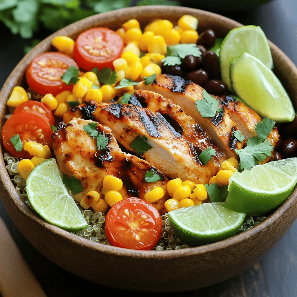 For these delicious bowls, you need: - 2 chicken breasts, boneless and skinless - 2 tablespoons honey - 1 tablespoon chipotle peppers in adobo sauce, minced - 1 cup quinoa, rinsed - 1 cup corn (fresh or frozen) - 1 cup black beans, rinsed and drained - 1 cup cherry tomatoes, halved The chicken and honey bring a sweet and spicy flavor. The quinoa adds a nutty taste, while the beans and corn add texture. Don’t forget these extras: - 1 tablespoon olive oil - 1 teaspoon garlic powder - 1 teaspoon cumin - 1 teaspoon smoked paprika - Salt and pepper to taste - 1 avocado, sliced - Fresh cilantro for garnish - Lime wedges for serving These ingredients enhance the dish. Olive oil helps cook the chicken, and spices make it flavorful. The avocado adds creaminess, while lime gives a fresh kick. You can try different options if you want variety: - Use tofu or shrimp instead of chicken - For a low-carb meal, swap quinoa for cauliflower rice These substitutions can suit different diets. They keep the meal exciting and help you use what you have on hand. For the full recipe, you can find all the steps to create these Honey Chipotle Chicken Bowls. To bring out the best flavors in the chicken, you need a great marinade. Start by mixing together: - 2 tablespoons honey - 1 tablespoon minced chipotle peppers in adobo sauce - 1 tablespoon olive oil - 1 teaspoon garlic powder - 1 teaspoon cumin - 1 teaspoon smoked paprika - Salt and pepper to taste Coat the chicken breasts well in this mixture. Cover the bowl and place it in the fridge. Let it marinate for at least 30 minutes. If you want more flavor, let it sit for up to 2 hours. Next, let's make the quinoa. Combine 1 cup of rinsed quinoa with 2 cups of chicken or vegetable broth in a saucepan. Bring it to a boil over high heat. Once boiling, reduce the heat to low, cover the pot, and let it simmer for about 15 minutes. To get fluffy quinoa, avoid stirring it while it cooks. After 15 minutes, remove it from the heat and let it sit covered for another 5 minutes. Fluff it gently with a fork before serving. For grilling, preheat your grill pan or skillet over medium-high heat. Remove the chicken from the marinade and let any extra drip off. Grill the chicken for about 6-7 minutes on each side. The chicken is done when the juices run clear. After grilling, let the chicken rest for a few minutes. This keeps it juicy when you slice it. Now, you can build your bowls. Start by adding a scoop of fluffy quinoa to each serving bowl. Then layer on: - 1 cup corn (fresh or frozen) - 1 cup black beans, rinsed and drained - 1 cup cherry tomatoes, halved - 1 avocado, sliced Slice the grilled chicken and arrange it on top of the quinoa. For the best look, use colorful ingredients. Add fresh cilantro on top and serve with lime wedges for squeezing. This vibrant dish is not just a feast for your taste buds but also a feast for your eyes! Check the Full Recipe for more details. Marinating the chicken is key to adding flavor. The honey and chipotle create a sweet and spicy mix. For best results, marinate for at least 30 minutes. If you have time, let it sit for up to 2 hours. This gives the flavors time to soak in. You will taste the difference! You can cook the chicken in different ways. Grilling gives a nice char and smoky taste. If you prefer, oven baking works well too. Set your oven to 400°F and bake for about 25 minutes. Just make sure the chicken reaches 165°F inside. For the quinoa, a rice cooker is a great option. Just add rinsed quinoa and broth, and let it do the work. You’ll have fluffy quinoa without much fuss. A colorful bowl is a feast for the eyes. Layer the ingredients for a vibrant look. Start with quinoa, then add corn, black beans, and cherry tomatoes. Top with sliced avocado and chicken. For garnishing, sprinkle fresh cilantro on top. Add lime wedges for a zesty touch. This not only adds flavor but also makes your dish pop! Use these tips to make your Honey Chipotle Chicken Bowls look as good as they taste. {{image_2}} You can easily make a vegetarian version of Honey Chipotle Chicken Bowls. Just swap out the chicken for plant-based protein. Great options include tofu or tempeh. These proteins soak up flavor well. Adjust cooking times to ensure they cook through. For tofu, grill it for about 5-6 minutes on each side. If using tempeh, steam it first before grilling. This step will help it become tender and flavorful. Get creative with spices to change up the flavor. Adding cayenne gives a nice kick. If you prefer a smoky taste, try more smoked paprika. You can also mix in different beans. Black beans are popular, but pinto or kidney beans work too. Feel free to add extra veggies like bell peppers or zucchini. This not only adds flavor but also makes the bowls more colorful. Serving your Honey Chipotle Chicken Bowls with a side salad can be refreshing. A simple green salad or a corn salad pairs well. You can also drizzle homemade dressings on top for extra taste. A lime vinaigrette adds a zesty touch. You can experiment with different sauces, like a yogurt sauce or salsa. These additions can elevate your meal and make it even more satisfying. Check out the Full Recipe for more ideas on how to enjoy this dish! To keep your Honey Chipotle Chicken Bowls fresh, follow these tips: - Use airtight containers: Store your leftovers in airtight containers. This keeps them fresh longer. - Separate ingredients: If possible, store the chicken, quinoa, and veggies separately. This prevents sogginess. - Refrigerate promptly: Cool the bowls to room temperature before placing them in the fridge. To enjoy your leftovers, try these reheating methods: - Microwave: Place the bowl in the microwave. Heat for 1-2 minutes until warm. Stir halfway for even heating. - Stovetop: Heat a non-stick skillet over medium heat. Add a splash of water and cover. Cook for 3-5 minutes, stirring occasionally. - Oven: Preheat your oven to 350°F (175°C). Place the bowl in an oven-safe dish. Cover with foil and heat for about 10-15 minutes. Meal prep can save you time and effort. Here are some ideas: - Cook in batches: Prepare multiple servings of quinoa and chicken at once. Store them in the fridge for easy access. - Chop veggies ahead: Pre-chop your cherry tomatoes, avocado, and cilantro. Store in separate containers for quick assembly. - Mix and match: Create variations by mixing different beans or veggies. This keeps meals exciting throughout the week. For the complete recipe, check out the Full Recipe. To make Honey Chipotle Chicken Bowls gluten-free, swap quinoa for rice or use gluten-free grains like millet. Ensure the chicken broth is gluten-free. Check the honey and chipotle peppers for gluten-containing additives. This way, you keep the tasty flavor without gluten. Yes, you can freeze Honey Chipotle Chicken Bowls. I recommend freezing the chicken and quinoa separately. This helps keep textures nice. When you’re ready to eat, thaw in the fridge overnight. Reheat the chicken in a skillet and warm the quinoa in the microwave. If you don't have quinoa, try brown rice or farro. You can also use cauliflower rice for a low-carb option. Each substitute has its unique texture and flavor. Choose one that fits your dietary needs or what you have on hand. Honey Chipotle Chicken Bowls have a nice kick from the chipotle peppers. If you want less spice, reduce the amount you use. You can also add more honey to balance the heat. For those who enjoy spice, feel free to add extra chipotle or even cayenne pepper! These bowls pair well with a fresh side salad or roasted veggies. You could also serve them with tortilla chips and guacamole for crunch. A refreshing drink like iced tea or lemonade goes great with the meal. For more ideas, check out the Full Recipe for details. In this blog post, we explored how to create tasty Honey Chipotle Chicken Bowls. We covered the main ingredients like chicken, honey, chipotle, quinoa, and black beans. You learned step-by-step instructions for marinating and grilling chicken, as well as tips for prepping and storing meals. In conclusion, you can customize these bowls easily. Whether you prefer chicken or plant-based options, you can enjoy great flavors. Get creative with your ingredients and serve them fresh for delightful meals. Try these tips and enjoy your cooking adventure!