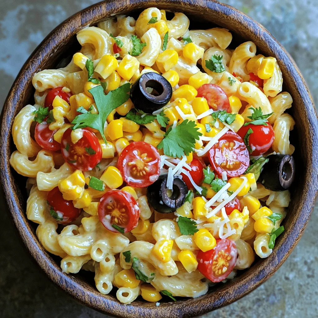 - 2 cups elbow macaroni - 1 cup cherry tomatoes, halved - 1 cup corn (fresh, frozen, or canned) - 1/2 cup red bell pepper, diced - 1/2 cup red onion, finely chopped For a great Mexican Macaroni Salad, start with these main ingredients. The elbow macaroni gives a nice base. Cherry tomatoes add sweetness and color. Corn brings a pop of texture. Red bell pepper gives crunch, and red onion adds a sharp flavor. - 1/2 cup black olives, sliced - 1 cup shredded cheese (cheddar or Mexican blend) - 1/4 cup fresh cilantro, chopped You can add optional ingredients for more flavor. Black olives give a briny taste. Cheese adds creaminess and richness. Fresh cilantro offers a burst of herbal flavor that brightens the dish. - 1/2 cup mayonnaise - 1 tablespoon lime juice - 1 tablespoon taco seasoning - Salt and pepper to taste The dressing is key to this salad. Mayonnaise gives a creamy base. Lime juice adds a tangy kick. Taco seasoning brings a mix of spices that tie everything together. Don’t forget to add salt and pepper to balance the flavors. Check out the [Full Recipe] for step-by-step guidance on making this colorful dish. First, boil the elbow macaroni in salted water. Cook it until it is al dente. This usually takes about 7 to 9 minutes. Drain the macaroni and rinse it under cold water. Rinsing stops the cooking and cools it down. Next, you will combine all the main ingredients in a large bowl. Add the cooked macaroni, cherry tomatoes, corn, red bell pepper, red onion, and black olives. Don’t forget the shredded cheese! Make sure everything is evenly mixed. This helps all the flavors blend together. In a separate small bowl, whisk together mayonnaise, lime juice, and taco seasoning. Add salt and pepper to taste. This dressing gives the salad a zesty kick. Once smooth, pour the dressing over the salad mixture. Toss gently to coat all the ingredients. This step is key for flavor. For an extra touch, fold in chopped cilantro for a fresh pop. For the full recipe, check out the instructions above. To make your Mexican macaroni salad even better, try adding diced avocado. The avocado gives a creamy texture that pairs well with the other ingredients. I also suggest using fresh lime juice instead of bottled. It adds a zesty kick that brightens the whole dish. Getting the perfect al dente pasta is key. Cook the elbow macaroni in salted water until it has a slight bite. This makes the salad more enjoyable. When cutting your veggies, keep them in small, even pieces. This helps mix them well with the pasta and dressing. Garnishing your salad can make it look even more appealing. Try adding extra cilantro or a sprinkle of cheese on top. You can also pair your salad with proteins like grilled chicken or shrimp. This makes it a hearty meal that everyone will love. For the full recipe, check out the section above! {{image_2}} To make this dish suitable for vegetarians or vegans, you can swap out the mayonnaise. Use vegan mayo for a creamy base without animal products. You can also add chickpeas to boost the protein content. Chickpeas add a nice texture and flavor. They also help make the salad more filling. Do you like spice? Consider adding jalapeños to your salad. You can chop them up and mix them in for a kick. If you want more heat, try using hot sauce. A few dashes can really amp up the flavor. For a cheesy twist, look for spicy cheese blends. These can add both heat and creaminess to your dish. Using local vegetables can give your salad a fresh twist. Think about adding seasonal produce from your area. Fresh corn or bell peppers from a nearby market can enhance the taste. You might also explore regional cheeses or spices. Different flavors can take your salad to a whole new level. To keep your Mexican macaroni salad fresh, store any leftovers in an airtight container. This helps prevent the salad from absorbing other flavors in the fridge. I recommend eating the salad within 3 to 5 days for the best taste and quality. Always check for any signs of spoilage before serving. You can freeze this salad, but be careful to keep the texture. First, place the salad in a freezer-safe container. Leave some space at the top, as it will expand when frozen. Avoid freezing for more than 2 months, as the quality will start to decline. When you are ready to eat the salad, thaw it in the fridge overnight. To refresh it, mix in a bit of fresh mayonnaise and lime juice. Taste the salad and adjust seasoning if needed. This helps bring back the bright flavors after storage. For the full recipe, you can check the recipe section above. You can store Mexican macaroni salad in the fridge for about 3 to 5 days. Make sure to keep it in an airtight container. If you see any signs of spoilage, like a sour smell or mold, throw it away. Yes, you can make this salad a day in advance. This allows the flavors to blend nicely. Just cover it well and keep it in the fridge. When you're ready to serve, give it a quick stir. If it seems dry, add a little more dressing. If you want a mayo alternative, you have a few tasty options: - Greek yogurt for creaminess - Sour cream for a tangy kick - Avocado for a smooth texture - Hummus for a unique flavor Each option will change the taste a bit but still keeps your salad delicious. For the full recipe, check out the complete details. Mexican macaroni salad is a fun dish to make and enjoy. We covered the key ingredients, from elbow macaroni to tasty dressings. You can mix in optional items like cheese or olives for added flavor. Remember to follow my tips for texture and serving ideas. You can make this dish your own with various twists. With simple storage tips, you can savor it for days. Now, it's time to whip up your own version and impress your friends and family!