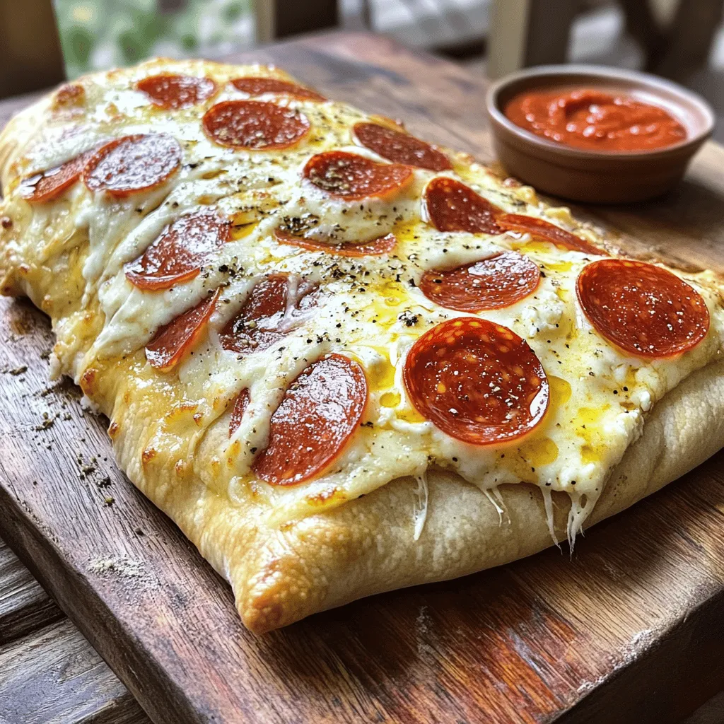 - 2 cups all-purpose flour - 1 teaspoon active dry yeast - 1 tablespoon sugar The main ingredients form the base of your calzone. The flour gives it structure. Active dry yeast makes it rise and become fluffy. Sugar helps the yeast work better. - 1 cup shredded mozzarella cheese - 1/4 cup ricotta cheese - 1/2 cup sliced pepperoni Cheese brings the gooey goodness. Mozzarella melts perfectly, while ricotta adds creaminess. Pepperoni gives a spicy kick. Together, they create a filling that excites your taste buds. - 1 tablespoon olive oil - 1/2 teaspoon Italian seasoning - Marinara sauce for dipping (optional) Olive oil keeps the dough moist. Italian seasoning adds flavor depth. Marinara sauce is great for dipping. You can adjust spice levels with red pepper flakes if you like heat. For the complete recipe, check the Full Recipe link. - In a bowl, combine warm water, yeast, and sugar. - Let it sit for about 5 minutes until it gets frothy. - In another bowl, mix the flour and salt together. - Slowly add the yeast mixture and olive oil into the flour mix. - Mix until the dough starts to form. - Transfer the dough to a floured surface and knead it. - Knead for about 5-7 minutes until it feels smooth and stretchy. - Place the dough in a greased bowl. Cover it with a damp cloth. - Let the dough rise in a warm place for about 1 hour. - In a separate bowl, mix the mozzarella, ricotta, pepperoni, and seasonings. - Once the dough has risen, punch it down gently. - Roll it out on a floured surface into a large circle. - Spoon the cheesy pepperoni mixture onto one half of the dough circle. - Leave some space around the edge to seal it later. - Preheat your oven to 425°F (220°C). - Fold the other half of the dough over the filling. - Pinch the edges to seal them tightly. - Place the calzone on a lined baking sheet. - Bake for 15-20 minutes until it turns golden brown. For the full recipe, check the details above. To make great calzones, start with active yeast. Mix warm water, yeast, and sugar. Let it sit for five minutes. If it bubbles, your yeast is good. This step is key for a fluffy dough. Next, use room-temperature ingredients for your filling. Cold cheese can make it hard to mix. Room temp helps all the flavors blend well. It also helps the filling stay creamy. Sealing your calzone well keeps the filling inside. After you fill the dough, fold it over. Pinch the edges tightly to seal. You can also use a fork to press down on the edges. This adds a nice touch and ensures it stays closed. For a decorative look, try crimping the edges. This means folding the dough over in small pleats. It makes your calzone look fancy and fun. Cheese is the star of your calzone. I love using mozzarella for its stretch. Ricotta adds creaminess. You can also mix in other cheeses like provolone or cheddar for extra flavor. Watch out for moisture in your filling. If you add too much sauce or watery veggies, it can make the dough soggy. Drain ingredients like spinach well before mixing. This keeps your calzone nice and crisp. For more details, check the Full Recipe. {{image_2}} You can get creative with calzone fillings. Try vegetarian options like spinach or mushrooms. They add great taste and color. You can also mix in different meats. Think ham, sausage, or bacon. Other cheeses like cheddar or provolone work well too. Mix and match to find your favorite combo. Want to spice things up? Add different herbs or spices. Oregano and basil bring a nice touch. If you like heat, toss in some jalapeños. These will give your calzone a zesty kick. You can even try unique flavors like pesto or barbecue sauce. Each twist makes your calzone special. If you need gluten-free options, many brands make great gluten-free dough. Whole wheat flour is a healthy choice too. It adds fiber and a nutty taste. You can also mix all-purpose and whole wheat flour for a balanced flavor. Experiment with these alternatives to find what you like best. For more details on making the perfect calzone, check out the Full Recipe. To keep leftover calzones fresh, wrap them well. I suggest using plastic wrap or aluminum foil. You can also place them in an airtight container. This keeps them moist and prevents them from drying out. Store them in the fridge for up to three days. When you're ready to eat, reheat them in the oven. Preheat the oven to 350°F (175°C). Place the calzones on a baking sheet and cover them with foil. Bake for about 10-15 minutes until warm. This method keeps the crust crispy and the cheese melty. You can freeze both uncooked and cooked calzones. For uncooked calzones, wrap each one in plastic wrap. Then, place them in a freezer bag. This helps prevent freezer burn. You can store them for up to three months. When ready to cook, do not thaw. Bake them straight from the freezer. Preheat your oven to 425°F (220°C) and bake for about 20-25 minutes. For cooked calzones, let them cool completely before wrapping. Then, follow the same wrapping method. To reheat, take the calzone from the freezer and let it thaw overnight in the fridge. Then, reheat in the oven as mentioned before. This way, you’ll enjoy a tasty calzone just like fresh! You can find the Full Recipe for the Ultimate Cheesy Pepperoni Calzone above. To make the crust crispy, you need high heat. Preheat your oven to 425°F (220°C). Use a pizza stone if you have one. The stone holds heat well and gives a nice crunch. Bake the calzone directly on the stone or a preheated baking sheet. This helps the bottom cook evenly. You can also brush the crust with olive oil for extra crispiness. Yes, you can use store-bought dough for this recipe. It saves time and is easy to find. Look for pizza dough in the refrigerated section. Just follow the package instructions for preparation. This option works well if you want to skip the dough-making step and still enjoy a tasty calzone. To reheat leftover calzones, use an oven for the best results. Preheat the oven to 350°F (175°C). Place the calzone on a baking sheet. Heat for about 10-15 minutes. This method keeps the crust crispy. You can also use a toaster oven if you have one. Avoid microwaving, as it can make the dough soggy. You can store calzones in the fridge for about 3-4 days. Make sure to wrap them tightly in plastic wrap or foil. This keeps them fresh and prevents drying out. If you want to keep them longer, consider freezing. Frozen calzones can last up to 2-3 months. Yes, you can add vegetables to your calzone filling. Spinach, mushrooms, and bell peppers work great. Just make sure to chop them small and sauté them first. This reduces moisture, which helps keep the calzone from getting soggy. Feel free to get creative with your filling! For the full recipe, check out the Ultimate Cheesy Pepperoni Calzone. You have the tools to make a great cheesy pepperoni calzone. This post covered the key ingredients, step-by-step instructions, and helpful tips to get it right. I shared variations to keep your meals fresh and exciting. With smart storage advice, you can enjoy your calzones even after baking. Remember, the best dish comes from your love for cooking. Dive in, experiment, and create a calzone that’s uniquely yours!