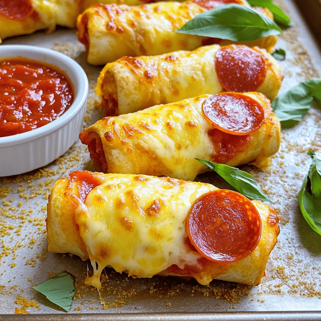 - 1 package of refrigerated pizza dough - 1 cup shredded mozzarella cheese - 1 cup pepperoni slices - 1/2 cup marinara sauce for dipping - Fresh basil for garnish - 1 tablespoon Italian seasoning - 1 garlic clove, minced - 1 tablespoon olive oil - Cornmeal for dusting (optional) When I create Cheesy Pepperoni Pizza Roll-Ups, I focus on fresh ingredients. The main ingredients are simple and easy to find. The pizza dough forms the base, while mozzarella cheese adds that gooey stretch. Pepperoni gives a classic taste that everyone loves. I also recommend some optional ingredients. Marinara sauce makes a great dip. Fresh basil adds a pop of color and flavor. You can skip these if you want, but they enhance the dish. Supporting ingredients play a key role too. Italian seasoning brings depth to the flavor. Minced garlic adds a savory kick. Olive oil helps the dough crisp up nicely. If you use cornmeal, it adds texture to the bottom of the roll-ups. For the full recipe, you can refer to the [Full Recipe]. Remember, the quality of your ingredients matters for the best taste. 1. Preheat your oven to 400°F (200°C). 2. Line a baking sheet with parchment paper. If you want, sprinkle some cornmeal on the parchment for a nice crunch. 3. On a lightly floured surface, roll out the pizza dough. Make it about 1/4 inch thick and try to get a rectangle shape. 4. Brush the dough with olive oil. Spread the minced garlic evenly over the surface. 1. Sprinkle the shredded mozzarella cheese on the dough. Leave a little space around the edges. 2. Layer the pepperoni slices over the cheese. Add a sprinkle of Italian seasoning for extra flavor. 3. Starting from one edge, roll the dough tightly into a log shape. Keep the fillings inside as you roll. 4. After rolling, slice the log into equal pieces, about 1.5 inches thick. You should end up with around 12-16 roll-ups. 1. Place the roll-ups on your prepared baking sheet. Make sure they are spaced apart. 2. Bake in the preheated oven for about 15-20 minutes. Look for them to turn golden brown and for the cheese to melt and bubble. 3. Once done, take them out and let them cool for a few minutes. This step helps avoid burning your mouth when you eat them. For the full recipe, refer to the previous section. Enjoy these tasty treats! To make your Cheesy Pepperoni Pizza Roll-Ups pop, focus on seasoning. Use fresh Italian seasoning for the best taste. You can easily mix dried basil, oregano, and thyme. Fresh ingredients also make a big difference. Use fresh mozzarella for a creamy bite. Fresh garlic adds a nice kick, too. Baking these roll-ups right is key. To ensure even cooking, place them spaced apart on the baking sheet. This helps heat flow evenly. To stop them from sticking, use parchment paper. You can also dust the paper with cornmeal. This adds texture and keeps them from sticking. Making your roll-ups look great is fun! You can garnish with fresh basil leaves. This adds color and a fresh taste. Serve them warm with marinara sauce for dipping. For a twist, try mixing in some parmesan cheese on top before baking. This gives a nice golden color and extra flavor. For the full recipe, check the detailed instructions above. {{image_2}} You can easily swap out cheese in this recipe. Try cheddar or provolone for a new taste. Both melt well and add great flavor. For meat substitutes, use turkey pepperoni or even salami. You can also try plant-based pepperoni for a healthier option. Adding vegetables can enhance your roll-ups. Consider bell peppers, mushrooms, or spinach. Chop them small, and layer them with the cheese and pepperoni. Different sauces can also change the game. Instead of marinara, try pesto, ranch, or even a spicy sriracha sauce for a kick. If you need a gluten-free option, use gluten-free pizza dough. Many brands now offer tasty choices in stores. For a vegetarian version, skip the pepperoni and add more cheese and veggies. You can even use olives or artichokes for extra flavor. Explore more ideas and find what you love! You can create a new favorite from this full recipe. To store leftovers, place them in an airtight container. Keep them in the refrigerator for up to three days. If you want to save them for later, you can freeze them. Wrap each roll-up tightly in plastic wrap and then place them in a freezer bag. They can last up to two months in the freezer. For reheating, use an oven for the best results. Preheat your oven to 350°F (175°C). Place the roll-ups on a baking sheet. Heat them for about 10-15 minutes or until hot. This method helps keep the roll-ups crispy. You can also use a microwave, but they may become soft. In the fridge, these roll-ups last about three days. If they sit longer, check for spoilage. Signs include a sour smell or a change in color. Always trust your nose! If you see any mold, throw them away. How to make Cheesy Pepperoni Pizza Roll-Ups from scratch? To make Cheesy Pepperoni Pizza Roll-Ups, you start with pizza dough. Roll it out flat on a floured surface. Brush olive oil and sprinkle minced garlic on the dough. Next, add shredded mozzarella cheese and pepperoni slices. Roll the dough tightly and slice it into pieces. Bake at 400°F (200°C) until golden brown. For the full recipe, check out the details above. Can I use other toppings besides pepperoni? Yes, you can customize your roll-ups! Try using cooked sausage, mushrooms, or veggies like bell peppers. Just keep in mind to chop or slice the toppings small so they fit well inside the roll-ups. Caloric content per serving Each serving of Cheesy Pepperoni Pizza Roll-Ups contains about 300-350 calories. The exact number may vary based on the toppings and dough used. Dietary considerations These roll-ups are high in protein and carbs. They are not gluten-free due to the pizza dough. For a healthier option, you can use whole wheat dough or add more vegetables for fiber. How long do Cheesy Pepperoni Pizza Roll-Ups take to cook? It takes about 15-20 minutes to bake the roll-ups. Make sure to keep an eye on them. You want them golden brown and bubbly. Prep time and total cooking time considerations The prep time is around 15 minutes. So, you can make these tasty roll-ups in about 35 minutes total. Perfect for a quick meal or snack! This guide covered making Cheesy Pepperoni Pizza Roll-Ups easily. You learned about ingredients, preparation, baking, and storage tips. I shared variations for taste and dietary needs. These roll-ups are fun to make and great to eat. You can adjust flavors to fit your cravings. With these steps, you'll enjoy a tasty treat anytime. Happy cooking!