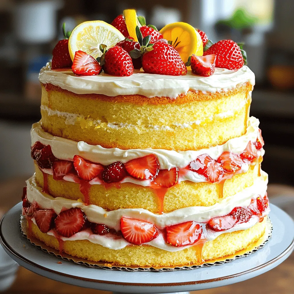 - 2 ½ cups all-purpose flour - 1 ½ cups granulated sugar - ½ cup unsalted butter, softened - 1 cup buttermilk - 3 large eggs - 1 tablespoon baking powder - 1 teaspoon baking soda - ½ teaspoon salt - Zest of 1 lemon - ½ cup fresh lemon juice - 2 cups fresh strawberries, hulled and diced - ½ cup granulated sugar - 1 tablespoon lemon juice - 2 tablespoons cornstarch - 2 tablespoons water - 1 cup unsalted butter, softened - 4 cups powdered sugar - 2 tablespoons fresh lemon juice - 1 teaspoon lemon zest - Pinch of salt In this delightful summer treat, each ingredient plays a special role. The cake uses flour for structure and sugar for sweetness. Butter adds richness, while buttermilk keeps it moist. Eggs bind everything and help it rise. The baking powder and soda create a light texture, and the salt enhances flavor. The strawberry filling brings a fruity burst. Fresh strawberries give it a sweet and tangy taste. Lemon juice brightens it, while cornstarch helps it thicken. The water makes it easier to cook. The lemon frosting is creamy and sweet. Butter is key for smoothness. Powdered sugar adds sweetness, while lemon juice and zest give it a zesty kick. A pinch of salt balances the flavors. For the full recipe, check out the detailed steps. Get ready to make a cake that everyone will love! - Preheat oven to 350°F (175°C). - Grease and flour the cake pans. - In a large bowl, cream the butter and sugar. Mix until light and fluffy. - Add the eggs one at a time. Mix well after each egg. - Stir in the lemon zest and lemon juice. - In a separate bowl, whisk the flour, baking powder, baking soda, and salt. - Gradually add the dry mixture to the wet ingredients. Alternate with buttermilk. - Mix until just combined. Don’t overmix! - Divide the batter evenly among the prepared pans. - Bake for 25-30 minutes or until a toothpick comes out clean. - Let the cakes cool in the pans for 10 minutes. After that, transfer them to wire racks. For all the details and measurements, check the Full Recipe. - Avoid overmixing the batter. Mixing too much can make the cake dense. - Use room temperature ingredients. This helps the batter mix evenly and rise well. - Ensure butter is softened for smooth frosting. Cold butter makes it hard to spread. - Chill the cake before serving for the best presentation. A chilled cake holds frosting better and looks lovely. - Ideal for special occasions like birthdays or summer gatherings. This cake makes any event feel festive. - Pair with lemonade or iced tea for a refreshing treat. The flavors complement each other perfectly. For the complete recipe, check the Full Recipe section above. {{image_2}} You can switch up the flavors in your Strawberry Lemonade Layer Cake. Try using different fruit fillings. Raspberries or blueberries add a nice twist. You can also swap lime juice for lemon juice. This gives the cake a zesty kick. If you want a vegan cake, you can make some easy swaps. Use plant-based butter and replace eggs with flaxseeds or applesauce. For a gluten-free option, use gluten-free flour. This way, everyone can enjoy a slice. The frosting can change the whole cake experience too. Use cream cheese frosting for a richer taste. You can also add food coloring to make it bright and fun. This makes your cake even more appealing for a summer gathering. Keep your Strawberry Lemonade Layer Cake covered at room temperature for 2-3 days. This helps maintain its fresh flavor and soft texture. If you notice the cake drying out, simply cover it with plastic wrap or place it in a cake dome. You can refrigerate the cake for up to a week. Just make sure it’s well covered to keep it moist. If you want to store it longer, freeze individual slices for up to 3 months. This is great for when you want a sweet treat later. Use an airtight container to keep your cake fresh. Wrapping the cake in plastic wrap before freezing helps prevent freezer burn. This way, you can enjoy your cake at its best, even after some time. For added flavor, consider making a simple syrup to brush on the cake layers before frosting. This keeps it moist and enhances the taste. Yes, just thaw and drain excess liquid before use. Frozen strawberries work well. They add great flavor and sweetness. Make sure to chop them into small pieces for even distribution. This keeps the filling nice and smooth. Ensure you’re not overbaking and consider adding a simple syrup for extra moisture. To check for doneness, use a toothpick. If it comes out clean, your cake is ready. If you want more moisture, brush a simple syrup on the layers after baking. This adds flavor and keeps your cake soft. It's perfect for summer parties, birthdays, and celebrations! This cake is a crowd-pleaser. Its bright colors and flavors make it festive. Serve it at picnics, family gatherings, or just because! Everyone will love a slice of this delightful treat. Chill the cake before frosting and store in a cool area until ready to serve. Start with a cold cake to help the frosting hold its shape. If it's hot outside, keep the cake in the shade. This helps the frosting stay firm and look great. This blog post shows how to make a delicious Strawberry Lemonade Layer Cake. You learned about fresh ingredients for the cake, filling, and frosting. I shared step-by-step instructions for mixing, baking, and cooling. You now have tips for the perfect texture and presentation. Remember, variations and storage tips help you customize the cake. Enjoy making this treat at home for any occasion. Your friends and family will love it!