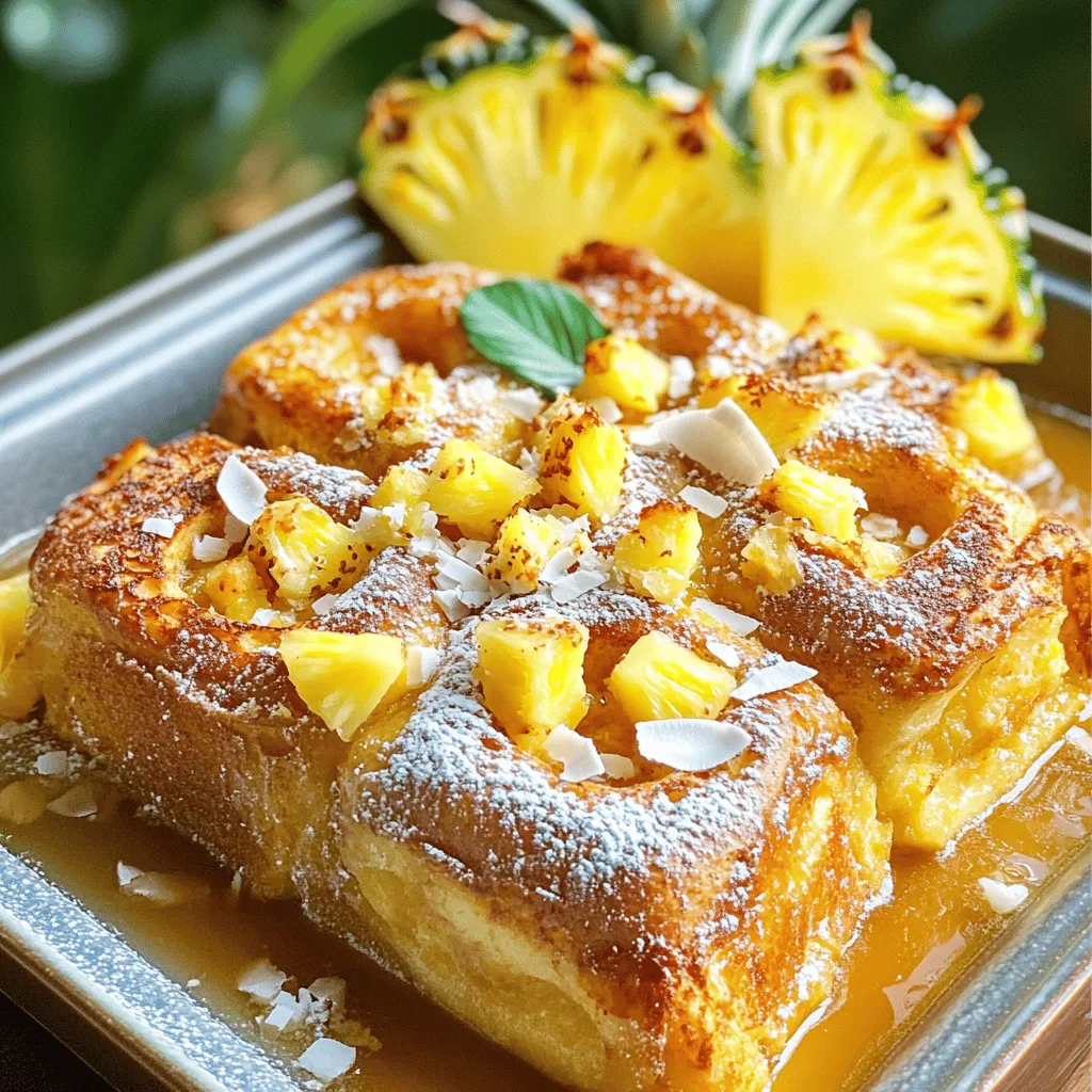 To make this delightful dish, gather these main items: - 12 Hawaiian sweet rolls, cut into quarters - 6 large eggs - 1 cup milk (or coconut milk for a tropical twist) - 1/2 cup heavy cream - 1/4 cup brown sugar - 1 teaspoon vanilla extract - 1 teaspoon ground cinnamon - 1/2 teaspoon nutmeg - 1/2 cup crushed pineapple, drained - 1/2 cup shredded coconut (sweetened or unsweetened) These ingredients create a rich base for your bake. The sweet rolls soak up the egg mixture, making every bite soft and tasty. You can enhance the flavor with these extras: - 1/4 cup chopped macadamia nuts (optional) - Powdered sugar for dusting - Maple syrup for serving Adding macadamia nuts gives a nice crunch. Dusting with powdered sugar adds a sweet finish. If you need to swap ingredients, here are some ideas: - Use almond milk instead of regular milk for a nutty flavor. - Replace heavy cream with Greek yogurt for a lighter option. - Choose brown sugar or coconut sugar for a different sweetness. These substitutions keep the essence of the dish while offering new twists. If you want the complete recipe, check the Full Recipe. To start, gather all your ingredients. You need 12 Hawaiian sweet rolls, 6 large eggs, and a cup of milk. You can use coconut milk for a fun twist. Don’t forget the half cup of heavy cream, 1/4 cup of brown sugar, and a teaspoon each of vanilla extract and ground cinnamon. You'll also need nutmeg and some crushed pineapple, shredded coconut, and macadamia nuts. 1. Preheat the Oven: Set your oven to 350°F (175°C). This step is key for even baking. 2. Grease the Dish: Use cooking spray or butter to grease a 9x13 inch baking dish. This helps prevent sticking. 3. Mix the Wet Ingredients: In a big bowl, whisk the eggs, milk, heavy cream, brown sugar, vanilla, cinnamon, and nutmeg. Make sure everything blends well. 4. Soak the Rolls: Cut the Hawaiian sweet rolls into quarters. Add them to your egg mix. Stir gently to coat every piece. Let them soak for 15 minutes. This helps the rolls absorb all the yummy flavors. 5. Add Extra Flavors: Gently fold in crushed pineapple, shredded coconut, and optional macadamia nuts. This adds texture and taste. Now, it's time to bake your French toast bake. 1. Spread and Press: Pour the soaked mixture into your prepared baking dish. Spread it evenly and press down lightly. This ensures even cooking. 2. Bake: Place the dish in the oven and bake for 30-35 minutes. Look for a golden top and a set center. This means it's ready. After baking, take the dish out and let it cool for about 10 minutes. This makes it easier to cut. 1. Dust with Sugar: Before serving, dust the top with powdered sugar for a nice finish. 2. Serve with Syrup: Drizzle warm maple syrup over each portion. This adds sweetness and enhances the tropical flavors. This Hawaiian Sweet Roll French Toast Bake is perfect for brunch or a family treat. Enjoy each bite! For the complete recipe, check out the Full Recipe. To make sure the rolls soak up the egg mixture, cut them into quarters. This helps each piece absorb the flavors well. After mixing the rolls with the egg mixture, let them sit for about 15 minutes. This soaking time is key for soft, rich bites. Gently stir the mixture a few times. This helps every piece get coated evenly. For a crunchy top, add a layer of shredded coconut on top before baking. You can also mix in some crushed macadamia nuts for extra crunch. Bake the dish until the top turns golden brown. This usually takes about 30-35 minutes. Keep an eye on it towards the end. You want it crispy, not burnt! Use a 9x13 inch baking dish for even cooking. A whisk is great for blending the egg mixture smoothly. A spatula works well for folding in the pineapple and coconut. If you have a cooling rack, place the dish on it after baking. This helps the steam escape and keeps the bottom from getting soggy. For serving, use a sharp knife to cut clean portions. You can find the full recipe for this delightful dish at the end of the article. {{image_2}} You can make this dish even more special with a tropical twist. Try adding mango or passion fruit to the mix. They add bright flavors and a sunny feel. You can also swap regular milk for coconut milk. This change brings a nice, creamy touch. Another fun idea is to add fresh banana slices. They make the bake even sweeter and softer. If you want more flavor, consider using different spices. You can add cardamom or ginger for a warm kick. Nuts are great too! Try walnuts or pecans instead of macadamia nuts. You can also switch out the crushed pineapple for diced peaches or berries. Each fruit brings its own charm to this dish. Serve this bake in fun ways! You can cut it into squares for easy sharing. Top each piece with whipped cream or yogurt for creaminess. Fresh fruit or coconut flakes make lovely garnishes. Serve with a side of fresh fruit salad for a colorful plate. Maple syrup is a classic, but honey or agave syrup works well too. Each serving can look like a tropical getaway! For the full recipe, check out the main article. To store leftovers, let the bake cool first. Then, cover it tightly with plastic wrap. You can also use an airtight container. Leftovers will stay fresh in the fridge for about 3 to 4 days. You can freeze leftovers if you want to keep them longer. Cut the bake into portions. Wrap each piece in plastic wrap, then put them in a freezer bag. This way, they can last up to 2 months in the freezer. Just make sure to label the bag with the date. To reheat, take the bake out of the fridge or freezer. If frozen, let it thaw in the fridge overnight. For warm-up, place your portion in the microwave for about 1-2 minutes. You can also use an oven. Preheat it to 350°F and heat for 10-15 minutes. This will help keep it soft and tasty. Enjoy your Hawaiian Sweet Roll French Toast Bake again with that warm, cozy flavor! For the full recipe, check out the main article. Yes, you can! To prepare this dish ahead, follow the recipe up to the baking step. After mixing the bread and egg mixture, place it in the fridge. This soaking time helps the flavors blend well. You can refrigerate it overnight. In the morning, just pop it in the oven. This makes mornings easier and keeps the taste fresh. If you want a lighter option, use whole milk or coconut milk. Both will work well in this recipe. Coconut milk adds a nice tropical flavor. You can also use a mix of milk with Greek yogurt for creaminess. Just make sure the mixture is smooth before adding it to the rolls. To make this dish gluten-free, use gluten-free bread. Look for sweet bread options at the store. You can find gluten-free Hawaiian-style rolls or similar types. Check the labels to ensure they are certified gluten-free. This way, you can enjoy the same yummy taste without gluten. This blog post covered how to make Hawaiian Sweet Roll French Toast Bake. You learned about key ingredients, optional flavors, and substitutions. The step-by-step guide showed you how to prepare and bake the dish. We also shared tips to achieve the perfect bake and creative variations to try. Finally, I discussed how to store leftovers and answered common questions. Enjoy this dish with family and friends. It’s a fun way to start your day!