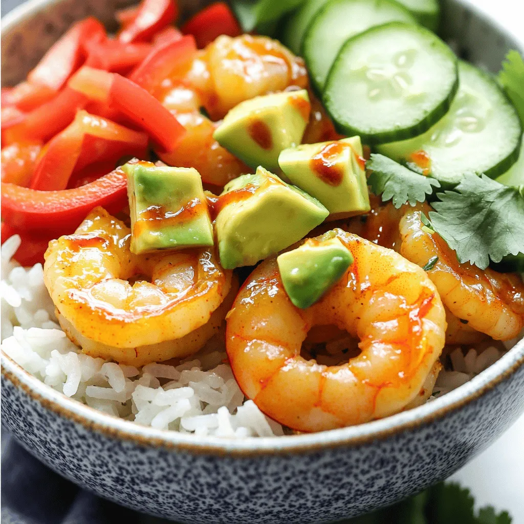 - 1 lb (450g) large shrimp, peeled and deveined - 1 cup jasmine rice - 2 ripe avocados, diced - 1 red bell pepper, diced - 1 cucumber, sliced - 1 tablespoon olive oil - 2 tablespoons sriracha sauce - 1 teaspoon garlic powder - 1 teaspoon paprika - Juice of 1 lime - Fresh cilantro - Salt and pepper When you make a Spicy Shrimp and Avocado Rice Bowl, use fresh ingredients. Large shrimp give the best flavor. They should be peeled and deveined for easy cooking. Jasmine rice works well here. It has a nice aroma and fluffy texture. The avocados need to be ripe. They add creaminess to the bowl. Diced red bell pepper brings sweetness and color. Sliced cucumber adds a nice crunch. It's refreshing in every bite. For seasonings, olive oil helps the shrimp cook well. Sriracha sauce adds the heat. Garlic powder and paprika give depth to the flavor. Lime juice brightens everything up. Lastly, don’t forget the garnishes. Fresh cilantro adds a burst of herb taste. Season with salt and pepper to bring all the flavors together. If you want the full recipe, check the earlier section. First, cook the jasmine rice. Follow the package instructions for best results. Once the rice is done, fluff it gently with a fork. This step keeps the rice light and fluffy. Let it cool slightly before using it in your bowl. Next, prepare the marinade. In a mixing bowl, combine the shrimp, olive oil, sriracha, garlic powder, paprika, lime juice, salt, and pepper. Toss the shrimp well to coat them evenly. Let the shrimp marinate for about 15 minutes. This helps the flavors soak in. Now it’s time to cook the shrimp. Heat a large skillet over medium-high heat. Add the marinated shrimp to the skillet. Cook them for about 2-3 minutes on each side. They will turn pink and opaque when done. Take them off the heat as soon as they look perfect. To assemble, grab your serving bowls. Start with a base of jasmine rice. Then, add the cooked shrimp on top. Layer diced avocado, diced red bell pepper, and sliced cucumber over the shrimp. Each layer adds flavor and texture. Finally, sprinkle fresh cilantro on top for extra flavor. You can serve the bowls with extra sriracha on the side if you like more heat. Enjoy every bite of your spicy shrimp and avocado rice bowl. For the full recipe, check the section above. - Achieving perfect shrimp: To get shrimp just right, use large shrimp. They cook fast and stay juicy. Cook them in a hot skillet for 2-3 minutes per side. Look for a pink color and opaque look. This means they are done! - Fluffing rice properly: After cooking jasmine rice, let it sit for a few minutes. Use a fork to fluff the rice gently. This helps separate the grains, making it light and airy. - Alternatives for shrimp: If shrimp isn't your thing, you can use chicken or tofu. Both options add great flavor and protein. Just adjust the cooking time based on the protein you choose. - Other grain options: Want to switch it up? Use quinoa, brown rice, or even cauliflower rice. Each grain brings a unique taste and texture to your bowl. - Adding heat or spice: If you love heat, add more sriracha or some chili flakes. You can also try spicy salsa for a fresh kick. Adjust the spice to match your taste. - Extra topping ideas: Get creative with toppings! Try adding black beans, corn, or diced mango. These add taste and color. You can also sprinkle some cheese or nuts for crunch. For the full recipe, check out the Spicy Shrimp and Avocado Rice Bowl! {{image_2}} You can swap shrimp for chicken or tofu. Chicken gives a hearty bite and works well with spices. Use boneless chicken thighs for a juicy flavor. Tofu is a great plant-based choice. It soaks up flavors and adds a nice texture. Simply press and cube the tofu, then marinate it like you do with shrimp. Cook it until golden for a crispy finish. Jasmine rice is great, but you can use quinoa or brown rice. Quinoa adds a nutty taste and is high in protein. Brown rice is a fiber-rich choice that offers a chewy texture. If you want low-carb, try cauliflower rice. It’s light and takes on flavors well. Just pulse cauliflower in a food processor and sauté it briefly. Incorporating seasonal veggies can enhance your bowl. Use fresh corn in summer or butternut squash in fall. These veggies add color and flavor. Adjust your ingredients based on what’s local and fresh. This makes your meal more vibrant and supports local farmers. Seasonal cooking connects you to nature and makes every bite special. For the full recipe, click here [Full Recipe]. To store leftovers, place the shrimp and rice bowl in an airtight container. Make sure to cover the bowl tightly. You can keep it in the fridge for up to three days. After that, the shrimp might lose its texture and flavor. Always check for any odd smell or color before eating. You can freeze the spicy shrimp and avocado rice bowl for longer storage. To do this, let the dish cool completely. Then, place it in a freezer-safe container. It will last for about two months in the freezer. When you're ready to eat, thaw it in the fridge overnight. Reheat it in the microwave or on the stove until hot. Choose glass or BPA-free plastic containers for storing your food. These materials help keep the dish fresh. Avoid using metal containers, as they can react with the food. Always label your containers with the date to track how long they have been stored. This way, you can avoid spoilage and enjoy your delicious meal later. You can add more sriracha for extra heat. If you want more spice, try using hot chili flakes or a dash of cayenne pepper. Adjust the amount based on your taste. Taste as you go to find your perfect level of heat. Yes, you can prepare the rice bowl in advance. Cook the jasmine rice and let it cool before storing it. Store the shrimp separately in the fridge. You can mix everything together when you are ready to eat. This helps keep the ingredients fresh and tasty. This rice bowl pairs well with fresh salads or crispy veggie sticks. You can also serve it with a light drink like iced tea or sparkling water. These sides complement the flavors of the shrimp and avocado nicely. Yes, this recipe is gluten-free. All the ingredients used are free from gluten. Jasmine rice, fresh veggies, and shrimp do not contain any gluten. Always check labels on sauces to ensure there are no hidden gluten ingredients. This recipe for Spicy Shrimp and Avocado Rice Bowl is easy to follow. We covered main ingredients like shrimp, rice, and fresh veggies. I gave step-by-step details for cooking and assembling the bowl. You can customize it with different proteins, grains, and seasonal veggies. Remember to store leftovers properly to keep them fresh. Try this flavorful dish today. Enjoy the vibrant mix of taste and texture!