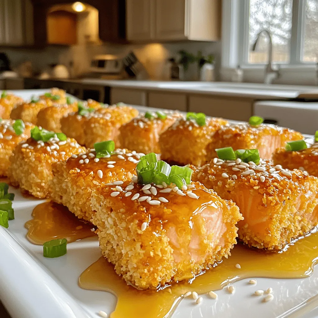 - 1 lb salmon fillet, skinless and cut into bite-sized cubes - Marinade components: - 1/4 cup honey - 3 tablespoons soy sauce - 2 cloves garlic, minced - 1 tablespoon ginger, grated - Coating ingredients: - 1 tablespoon cornstarch - 1/2 cup breadcrumbs (panko preferred) - Green onions, chopped - Sesame seeds - Salt and pepper to taste - 1 tablespoon sesame oil (for cooking) When I make these crispy honey garlic salmon bites, I start with fresh salmon. The skinless fillet cuts easily into perfect cubes. The marinade is where the magic begins. I mix honey, soy sauce, garlic, and ginger in a bowl. This mix adds a sweet and savory flavor that really makes the salmon shine. I let the salmon cubes soak in this mixture for at least 15 minutes. This helps them absorb all those tasty flavors. For a crunchy coating, I use cornstarch and panko breadcrumbs. Panko gives a nice extra crunch. After coating the salmon, I heat sesame oil in a skillet. The oil should be hot enough to sizzle when I add the salmon. I cook the salmon bites for about 2-3 minutes on each side until they turn golden brown. The key is to only flip them once to keep them crispy. For garnish, I sprinkle some chopped green onions and sesame seeds on top. These add a lovely pop of color and flavor. You can find the full recipe at the end of this article for step-by-step instructions and tips. First, grab a large bowl. Whisk together the honey, soy sauce, minced garlic, grated ginger, salt, and pepper. This will create a tasty marinade. Then, add the salmon cubes to this mix. Toss gently until each piece is coated. Let the salmon marinate for at least 15 minutes. This step helps the salmon soak up all those great flavors. Next, you need to coat the salmon. In a separate bowl, combine the cornstarch and breadcrumbs. Mix them well for an even coating. Now, take each salmon piece from the marinade. Dredge it in the cornstarch and breadcrumb mixture. Make sure each piece is fully coated. This will give your salmon bites a nice crunch when cooked. Now, it's time to cook! Heat sesame oil in a non-stick skillet over medium-high heat. Once the oil is hot, add the salmon bites in a single layer. Cook them for about 2-3 minutes on one side until they turn golden brown. Then, flip them over and cook for another 2-3 minutes. You want them crispy and cooked through. After cooking, place them on a paper towel-lined plate to absorb any extra oil. If you have leftover marinade, you can drizzle it over the salmon bites for extra flavor. You can find the full recipe to guide you through the process. To get that crunchy bite, I always use panko breadcrumbs. They add a great crunch. Make sure the oil is hot before you add the salmon. This helps it fry right and not stick. Want to spice it up? Add chili flakes for a nice kick. You can also try different dipping sauces. Sweet, spicy, or tangy, the choice is yours! For a lovely meal, serve the salmon bites with steamed vegetables or a fresh salad. To make your platter pop, arrange the bites neatly. Garnish with chopped green onions and sesame seeds. It looks great and tastes amazing! {{image_2}} You can swap out salmon for chicken or tofu. Chicken provides a heartier bite, while tofu offers a plant-based option. If you choose chicken, cook it longer to ensure it reaches 165°F. Tofu will need less time. Aim for a golden crust on all choices for the best taste. Want to shake things up? Add citrus zest from lemons or limes. This gives a fresh twist to the dish. You can also try other marinades, like teriyaki or garlic butter. These new flavors can brighten your meal and keep everyone guessing. You don’t have to stick to pan-searing. Baking or air-frying are healthier options. They require less oil and still give a nice crunch. If you prefer, pan-searing adds a richer flavor and a different texture. Each method can make your dish unique. You can store any leftover salmon bites in an airtight container. They will stay fresh for up to 3 days. Make sure to let them cool before sealing. This helps keep them from getting soggy and losing that crispy texture. For reheating, use your oven. Set it to 350°F (175°C) and warm the salmon bites for about 10 minutes. This method helps keep them crispy. Avoid using a microwave, as it can make them soggy and chewy. If you want to save salmon bites for later, freezing is a good option. First, let them cool completely. Then, place them in a single layer on a baking sheet. Freeze for about an hour, then transfer them to a freezer bag. This keeps them from sticking together. You can store them in the freezer for up to 3 months. To cook, just thaw in the fridge overnight and reheat in the oven. To know if salmon is cooked, look for flakiness. Use a fork to test it. The fish should break apart easily. The inside should reach 145°F. If you don’t have a thermometer, just check for that flaky texture. Cook it for about 2-3 minutes on each side. If it is golden brown outside, you are on the right track. Yes, you can prepare this recipe ahead of time. You can marinate the salmon cubes for up to 30 minutes. Just keep them in the fridge until you are ready to cook. This helps the salmon soak up all those tasty flavors. If you want, you can coat the salmon bites in cornstarch and breadcrumbs earlier. But cook them fresh for the best crunch. Crispy Honey Garlic Salmon Bites taste great with many sides. Consider serving them with steamed rice or a fresh salad. Rice soaks up the sauce nicely, while salad adds a crisp texture. You can also try roasted vegetables for a healthy touch. Pair flavors that complement the sweet and savory notes of the salmon. You can find the full recipe for Crispy Honey Garlic Salmon Bites in the section above. It includes all the steps and details you need to make this snack. Enjoy cooking! In this blog post, I covered how to make delicious crispy honey garlic salmon bites. I shared the ingredients you'll need, including easy marinade and coating options. The cooking steps were simple and effective for great flavor and texture. Remember, you can switch proteins or add spice to make it yours. Enjoy experimenting with different sides and sauces to elevate your meal. With these strategies, you can impress anyone at your table. Dive in, and savor your tasty creation!