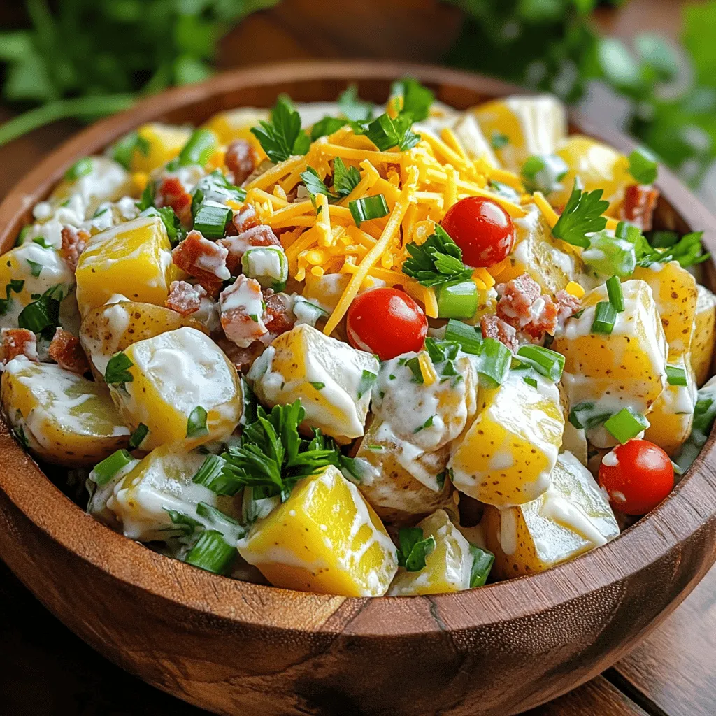- 4 large russet potatoes, peeled and cubed - 1 cup sour cream - 1/2 cup mayonnaise - 1 tablespoon Dijon mustard - 1 teaspoon garlic powder - 1 teaspoon onion powder - 1/2 teaspoon smoked paprika - Salt and pepper to taste - 1 cup shredded cheddar cheese - 1/2 cup cooked and crumbled turkey bacon - 1/2 cup green onions, chopped - 1/2 cup cherry tomatoes, halved - 1/4 cup fresh parsley, chopped To make this loaded potato salad, gather the ingredients first. I love using large russet potatoes for their fluffiness. They give the salad a hearty base. Start with peeling and cubing the potatoes. This helps them cook evenly and blend well with the dressing. Sour cream and mayonnaise add creaminess. I use a mix of both for the best flavor. Dijon mustard gives a nice tang. Garlic powder and onion powder add depth. Smoked paprika brings a hint of smokiness to the dish. Don’t forget salt and pepper; they enhance all the flavors. Cheddar cheese is a must for that classic loaded taste. I prefer shredded cheese for easy mixing. Turkey bacon adds a nice crunch, but you can swap it with a vegan alternative if you want. Green onions and cherry tomatoes give freshness. Finally, fresh parsley adds a pop of color. - Vegan alternatives (vegan mayo, tofu bacon) - Additional vegetables (bell peppers, celery) - Different cheese options (pepper jack, feta) Feel free to get creative! You can make this salad vegan by using vegan mayo and tofu bacon. Want more crunch? Add bell peppers or celery. Experiment with different cheese like pepper jack for a spicy kick or feta for a tangy twist. For the full recipe, refer to the cooking instructions to make this delightful dish come alive! To boil potatoes to perfection, start with large russet potatoes. Peel them and cube them into even pieces. Place the cubed potatoes in a large pot of salted water. Bring the water to a boil. Cook the potatoes for about 10 to 12 minutes. They should be tender but not mushy. Drain the potatoes and let them cool for a few minutes. After boiling, I like to spread the potatoes on a baking sheet. This helps them cool down quickly and keeps them from getting soggy. For a creamy texture, mix the dressing in a large bowl. Combine sour cream, mayonnaise, Dijon mustard, garlic powder, onion powder, smoked paprika, salt, and pepper. Use a whisk or a spatula to blend everything until smooth. If you want a healthier option, you can use Greek yogurt instead of sour cream. You can also use low-fat mayo. These swaps keep the flavor while cutting some calories. Once the potatoes are slightly cool, gently fold them into the dressing. Use a spatula to keep them intact. You want to mix without breaking the potatoes too much. Next, add in the mix-ins. Stir in shredded cheddar cheese, crumbled turkey bacon, green onions, and halved cherry tomatoes. Mix gently to ensure everything is evenly distributed. Chilling is key for flavor enhancement. Cover the potato salad and refrigerate it for at least one hour. This allows the flavors to meld together. For serving, you can use a large bowl or individual cups for a fun touch. Before serving, sprinkle freshly chopped parsley on top. This adds freshness and makes your dish look nice. For the full recipe, refer back to the earlier section. Enjoy every bite of your loaded potato salad! To avoid mushy potatoes during boiling, start with cold water. This helps cook the potatoes evenly. Once the water boils, reduce the heat to a gentle simmer. Cook the potatoes for about 10 to 12 minutes, until fork-tender but firm. Drain them well and let them cool slightly. Using fresh herbs can add great flavor. I love to use parsley, chives, or dill. These herbs brighten the dish and bring a fresh taste that pairs well with the creaminess of the salad. Loaded potato salad tastes great with grilled meats, barbecue, or sandwiches. It makes a perfect side for family gatherings or picnics. You can serve it in a large bowl for sharing or in individual cups for a fun twist at parties. For a creative touch, try layering the salad in clear cups. This way, guests can see the colorful layers. Add extra toppings like cheese and bacon bits right before serving for a nice presentation. Potato salad stays fresh in the fridge for about three to five days. Make a big batch and enjoy it throughout the week. To prepare in advance, mix your potatoes and dressing but wait to add fresh toppings until serving. This keeps everything fresh and crunchy. You can check out the Full Recipe for more details on how to make this delicious dish! {{image_2}} For a plant-based twist, swap out some key ingredients. Use vegan mayo instead of regular mayo. You can replace sour cream with cashew cream or a dairy-free yogurt. For the bacon, try crumbled tofu bacon or even smoked tempeh. To keep the flavors strong, add a splash of lemon juice. It gives a nice tang without the dairy. Fresh herbs like dill or chives can also brighten up the dish. This keeps your vegan loaded potato salad creamy and flavorful. Want a keto-friendly version? Use cauliflower instead of potatoes. It gives a similar texture while cutting carbs. Steam cauliflower florets until tender, then mix them into your dressing. For toppings, add crispy bacon, cheese, and chopped green onions. You can also include avocado for healthy fats. This way, you can enjoy a loaded potato salad without worrying about carbs. Get creative by adding different herbs and spices. Try fresh basil or cilantro for a fresh taste. You can also add cumin or chili powder for a spicy kick. When it comes to cheese, venture beyond cheddar. Use feta for a tangy flavor or pepper jack for some heat. These small changes can make a big difference in your loaded potato salad. For the full recipe, check out the complete guide to loaded potato salad, and enjoy these variations! To keep your loaded potato salad fresh, use airtight containers. Glass or plastic containers with tight lids work best. These containers help prevent air from getting in, keeping your salad tasty. To avoid sogginess, store the salad without any toppings like bacon or green onions. Add those just before serving for the best crunch. Most potato salads do not freeze well. The texture of the potatoes can change when frozen. However, if you want to freeze it, make sure to do it right. First, let the salad cool completely. Then, place it in a freezer-safe container. Leave some space at the top for expansion. To thaw, place it in the fridge overnight. Stir well before serving to help restore some texture. In the fridge, loaded potato salad lasts about 3 to 5 days. Keep it covered for the best quality. Check for signs of spoilage before eating. If you see any mold or the salad smells sour, it’s time to toss it. Fresh ingredients matter, so always use your senses to judge its safety. Yes, you can make loaded potato salad a day ahead. This saves time and helps flavors blend. Store it in a covered bowl in the fridge. The chill time also makes it taste even better. Just give it a gentle stir before serving. Absolutely! Use dairy-free sour cream and vegan mayo. You can also swap cheese for a plant-based option. Nutritional yeast adds a cheesy flavor too. This way, everyone can enjoy it. Russet potatoes work great for loaded potato salad. They are starchy and fluffy. Yukon Gold potatoes are another good choice. They are creamier and hold their shape well. Avoid waxy potatoes like red or fingerling. They can become mushy in salad. Add diced jalapeños or a splash of hot sauce. You can also mix in cayenne pepper for a kick. Try using pepper jack cheese for extra heat. This makes the salad fun and bold! You can use Greek yogurt for a tangy flavor. Avocado also adds creaminess without mayo. Hummus is a great choice too. It gives a unique taste and is healthy. Yes, loaded potato salad is gluten-free. Just ensure all your ingredients are gluten-free. Most potatoes, dairy, and veggies are safe. Check labels on any packaged ingredients. Enjoy this dish worry-free! For the full recipe, check out Loaded Potato Salad. This blog post covered how to make a tasty loaded potato salad. We started with essential ingredients, gave clear cooking steps, and shared tips for perfecting the dish. You learned variations to suit different diets, like vegan and low-carb. Lastly, we discussed storage best practices and answered common questions. Now you can create a delicious potato salad for any occasion. Enjoy making this dish your own!