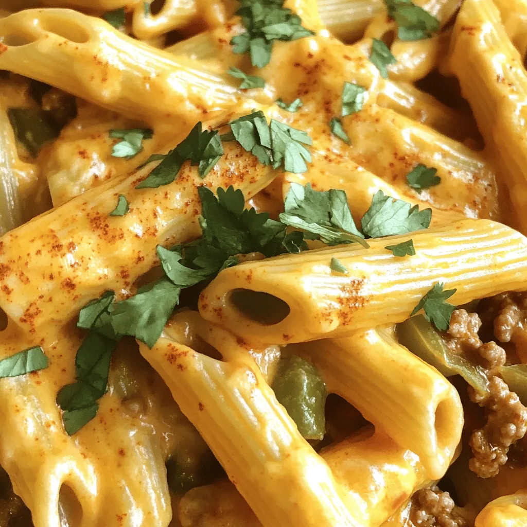 - Pasta and Meat Essentials - 12 oz penne pasta - 1 lb ground beef Pasta is the base of our meal. Penne pasta works great because it holds sauce well. Ground beef adds protein and flavor. - Creamy and Flavorful Additions - 1 can (10 oz) Rotel diced tomatoes with green chilies - 1 cup cream cheese, softened - 1 ½ cups shredded cheddar cheese - 1 cup chicken broth Rotel tomatoes bring a kick of heat and texture. Cream cheese makes the dish creamy and rich. Cheddar cheese adds a nice cheesy layer. Chicken broth gives the sauce depth. - Seasonings and Garnish - 1 teaspoon garlic powder - 1 teaspoon onion powder - 1 teaspoon cumin - ½ teaspoon paprika - Salt and pepper to taste - 2 tablespoons olive oil - Fresh cilantro, chopped (for garnish) Garlic and onion powders boost the flavor. Cumin and paprika add warmth and spice. Salt and pepper help to balance all the flavors. Olive oil keeps the beef from sticking. Fresh cilantro gives a fresh touch as a garnish. This dish is all about blending great flavors and textures. For the complete cooking process, check the Full Recipe. Boiling and Draining Start by boiling water in a large pot. Add a good amount of salt to the water. When the water boils, add the penne pasta. Cook it according to the package directions until it’s al dente. This usually takes about 8 to 10 minutes. Once done, drain the pasta in a colander and set it aside. Tips to Achieve Al Dente To get the best texture, keep an eye on the pasta as it cooks. Taste a piece a minute or two before the time is up. It should be firm but not hard. This is the secret to perfect pasta. Browning Techniques In a large skillet, heat two tablespoons of olive oil over medium heat. Once hot, add the ground beef. Use a spatula to break it into small pieces. Cook for about 5 to 7 minutes until it turns brown. How to Avoid Excess Grease After browning the beef, check for grease. If there's too much, carefully drain it. This keeps your dish from being overly greasy and makes it taste better. Incorporating Rotel and Broth Once the beef is ready, stir in the can of Rotel with its juices. Then add one cup of chicken broth. Bring this mix to a simmer for around 5 minutes. This allows the flavors to blend nicely. Blending in Cream Cheese Lower the heat and add the softened cream cheese. Stir it in until it melts and mixes smoothly. This step makes your dish creamy and rich. Final Mixing with Pasta and Cheese Now, add the cooked penne pasta to the skillet. Toss everything together to coat the pasta with the sauce. Next, sprinkle in the shredded cheddar cheese. Stir until the cheese melts and combines well. This final touch brings all the flavors together in every bite. For the complete dish, refer to the Full Recipe. Enjoy creating this delightful meal! To make your Creamy Rotel Pasta truly special, you want that creamy texture just right. Here are some tips to help you achieve that. - Alternative Ingredients for Creaminess: If you want to switch things up, try using sour cream or Greek yogurt. These can add a tangy twist while still keeping things creamy. You could also use a mix of cream cheese and heavy cream for a richer base. - Tips for Cheese Melting: When adding cheese, make sure it is at room temperature. This helps it melt evenly. Stir the cheese in slowly and keep the heat low. If the heat is too high, the cheese can clump instead of melting smoothly. Flavor is key in this dish. You can easily jazz it up with a few extra touches. - Additional Seasoning Suggestions: Don’t be afraid to add some spice! A pinch of cayenne pepper or red pepper flakes can give it a nice kick. You might also try adding a splash of hot sauce or taco seasoning for extra flavor. - Recommended Herb Pairings: Fresh herbs can brighten up this dish. Consider adding chopped parsley or oregano. Cilantro is also great for a fresh taste, especially when garnished on top just before serving. Remember, cooking is about experimenting. Feel free to adjust seasonings and add your favorite flavors. Your personal touch makes this dish unique! {{image_2}} Healthy adjustments can make Creamy Rotel Pasta with Ground Beef even better. You can swap regular pasta for whole wheat pasta. Whole wheat pasta adds fiber and nutrients. It also gives a nutty taste that works well with the dish. For meat, consider using lean ground meat options. Ground turkey or chicken is a great choice. These meats are lower in fat, yet still tasty. You won’t lose flavor with this swap. Now, let’s talk about flavor enhancements. Adding vegetables is a smart way to boost nutrition. You can toss in bell peppers, spinach, or zucchini. These veggies cook quickly and add color to your plate. If you like heat, adjust the spice level. You can choose spicy Rotel or add fresh jalapeños. For a milder dish, use regular Rotel. The choice is yours, depending on your taste. For the full recipe, check out the details to make this delightful dish at home! To keep your creamy Rotel pasta fresh, follow these tips: - Refrigeration Guidelines: Let the pasta cool to room temperature. Then, place it in an airtight container. Store it in the fridge for up to three days. This helps keep the flavors intact. - Freezing Instructions: If you want to save it for longer, freeze the pasta. Use a freezer-safe container or bag. It can last up to three months. Keep in mind that the texture may change slightly when thawed. When you're ready to enjoy the leftovers, here’s how to reheat them: - Methods for Keeping the Creamy Texture: Reheat on the stove over low heat. Add a splash of chicken broth or milk to restore creaminess. Stir often to avoid burning. - Recommended Microwave Settings: If using the microwave, place the pasta in a microwave-safe bowl. Cover it with a damp paper towel. Heat on medium power for 1-2 minutes, stirring halfway through. This helps keep the dish moist. Storing and reheating properly ensures that your creamy Rotel pasta stays delicious and enjoyable for every meal! For the full recipe and more tips, check out the Full Recipe. Can I use different types of pasta? Yes, you can use other pasta types. Rotini or fusilli work well. Just cook them the same way. Make sure they are al dente for the best texture. Is there a vegetarian option for this recipe? Absolutely! You can replace the ground beef with black beans or lentils. This keeps the dish hearty and still tasty. Use the same spices for full flavor. What to do if the sauce gets too thick? If your sauce is too thick, add a splash of chicken broth. Stir well to mix it in. This will restore the creamy texture without losing flavor. How to fix overly spicy pasta? To tone down the spice, stir in some extra cream cheese. You can also add a bit of sugar to balance the heat. Both methods help make it milder. Can I prepare this dish ahead of time? Yes, you can make this dish in advance. Just store it in the fridge after cooking. Reheat it gently when you’re ready to serve. What can I serve with Creamy Rotel Pasta? This pasta pairs well with a simple salad or garlic bread. You can also serve it with steamed veggies for a complete meal. Enjoy the balance of flavors! In this blog post, we explored how to make delicious Creamy Rotel Pasta. I shared the key ingredients, step-by-step cooking instructions, and tips for perfect texture and flavor. We also discussed variations and storage best practices. Remember, you can adjust this dish to fit your taste and needs. With these insights, you can create a creamy pasta that impresses. Enjoy cooking and sharing this tasty meal with others!