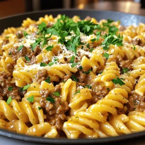 - 1 pound ground beef - 8 ounces rotini pasta - 4 cloves garlic, minced - 2 cups heavy cream - 1 cup grated Parmesan cheese - 2 tablespoons olive oil - 1 teaspoon dried Italian herbs (basil, oregano, thyme) - Salt and pepper to taste - Fresh parsley, chopped (for garnish) In this dish, I focus on the core ingredients that make it special. The ground beef provides a rich flavor and protein. Rotini pasta adds a fun texture, and the minced garlic gives it that classic aroma. For the sauce, heavy cream creates a creamy base. Grated Parmesan cheese brings a salty, nutty taste. Olive oil adds a smooth texture and richness, making the sauce come alive. Seasoning is key to making this dish shine. The dried Italian herbs add depth. Salt and pepper enhance all the flavors. Fresh parsley at the end gives a pop of color and freshness. This combination of ingredients creates a dish that is both comforting and delicious. You can find the full recipe here. To start, bring a large pot of water to a boil. Add a pinch of salt to the water. Next, toss in the rotini pasta. Cook the pasta according to the package instructions. You want it to be al dente, which means it should still have a slight bite. Once cooked, drain the pasta and set it aside. Now, take a large skillet and heat the olive oil over medium heat. Once hot, add the ground beef. Use a spatula to break the beef apart as it cooks. Season the beef with salt, pepper, and dried Italian herbs. Cook it for about 5 to 7 minutes, or until it’s nicely browned. If there is excess fat, drain it off. With the beef cooked, it’s time to add flavor. Toss in the minced garlic and cook for another 1 to 2 minutes. Stir it well until the garlic becomes fragrant. This step adds a lovely aroma to the dish. Next, pour in the heavy cream. Stir it gently to combine it with the beef and garlic. Bring this mixture to a gentle simmer. Now, slowly add the grated Parmesan cheese. Keep stirring until the cheese melts and you have a creamy sauce. Taste the sauce and add more salt and pepper if you need it. Now, we combine everything. Add the cooked rotini to the skillet with the sauce. Toss it well to ensure all the pasta is coated in the creamy sauce. This step is key for a delicious meal. To serve, divide the pasta among plates or bowls. For the finishing touch, garnish each serving with fresh chopped parsley. You can also add an extra sprinkle of Parmesan cheese for more flavor. Enjoy your hearty meal! For the complete recipe, check out the Full Recipe. To get the best creamy texture, start by heating the heavy cream slowly. Do not let it boil. Once warmed, add the grated Parmesan cheese gradually. Stir constantly until the cheese melts and the sauce is smooth. If the sauce seems too thick, add a splash of pasta water. This helps blend it nicely with the rotini. For perfect rotini, follow the package timing closely. Use a large pot with plenty of water. Add a pinch of salt to enhance flavor. Test the pasta a minute before the time is up. It should be tender yet firm. Once cooked, drain it right away to stop the cooking process. To elevate flavor, consider adding a pinch of red pepper flakes for heat. Fresh herbs like basil or thyme can also brighten the dish. You can mix in sautéed vegetables like bell peppers or spinach. These additions not only boost taste but also add color to your plate. For the full recipe, check the section above. {{image_2}} You can swap the ground beef for turkey or chicken. Ground turkey gives a lighter taste. It still keeps the dish filling. Chicken works well too, especially if you use shredded chicken. Both options provide a leaner choice while keeping flavors rich. If you're looking for gluten-free options, use gluten-free rotini. You can find these at most grocery stores. For a dairy-free version, replace heavy cream with coconut milk. Use nutritional yeast instead of Parmesan for a cheesy flavor without dairy. These changes let everyone enjoy the dish. Adding veggies boosts nutrition and flavor. Spinach is a great choice. It wilts down nicely and adds color. Bell peppers bring sweetness and crunch. You can sauté them with the beef for a tasty mix. Feel free to add your favorite vegetables to personalize your dish. For the full recipe, check out Beefy Rotini Delight. To keep your Beef and Rotini in Garlic Parmesan Sauce fresh, place the leftovers in an airtight container. You can refrigerate the dish for up to three days. If you want to store it longer, freezing is a great option. Just make sure the sauce is cool before you transfer it to a freezer-safe container. Use plastic wrap to cover the top before sealing the lid. When you're ready to enjoy your leftovers, reheating them correctly is key. Place the dish in a pot on low heat. Add a splash of milk or cream to help the sauce stay creamy. Stir often to avoid burning. You can also use the microwave. Heat it in short bursts, stirring in between. This keeps the texture nice. In the fridge, your Beef and Rotini lasts about three days. If you freeze it, you can keep it for up to three months. Just remember to label your container with the date. This way, you'll know when to eat it before it’s past its prime. Always check for any off smells or changes in texture before eating. Yes, you can use other pasta types. Penne, fusilli, or even spaghetti work well. Each type gives a unique texture and shape. I like to use whole wheat pasta for added fiber. You can also try gluten-free pasta if needed. Just cook according to the package instructions for best results. To add heat, try cayenne pepper or red pepper flakes. Start with a pinch and add more if you like it spicy. You can also use spicy Italian sausage instead of ground beef. Another option is to add a dash of hot sauce to the sauce. This will give it a nice kick without changing the flavor too much. This dish pairs well with a simple green salad. A Caesar salad adds a nice crunch. Garlic bread is also a great side, perfect for soaking up sauce. You can serve steamed vegetables for a healthy touch. Roasted broccoli or green beans work nicely too. Yes, you can easily make this dish vegetarian. Substitute the ground beef with lentils or mushrooms. Both add great texture and flavor. Use vegetable broth instead of heavy cream for the sauce. Nutritional yeast can replace Parmesan for a cheesy flavor. This gives you a hearty meal without meat. Absolutely! You can cook the beef and sauce ahead of time. Store them in the fridge for up to three days. Reheat gently on the stove, adding a splash of cream if needed. Cook the pasta fresh when you’re ready to serve. This keeps it from getting soggy. For longer storage, freeze the sauce and beef for up to three months. Just thaw and reheat when you need it. Check out the Full Recipe for more details! This post covered how to make a tasty Beef and Rotini dish. We explored the main ingredients, making a creamy sauce, and cooking the pasta just right. You learned tips to perfect the sauce and explored variations for your dietary needs. Remember, you can freeze leftovers and reheat them easily. With a few simple tweaks, you can create a meal that fits your taste. Enjoy your cooking and make this dish your own!