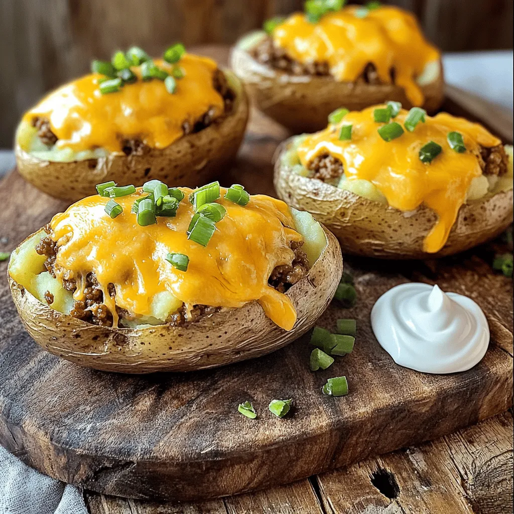 To make crispy mashed potatoes stuffed with cheese and beef, you need some key items. Here’s the list of ingredients: - 4 large russet potatoes - 1 cup shredded cheddar cheese - 1 cup ground beef - 1 small onion, finely chopped - 2 garlic cloves, minced - 1/2 teaspoon paprika - 1/2 teaspoon black pepper - 1 teaspoon salt - 1/4 cup sour cream - 1/4 cup green onions, chopped (for garnish) - 1/2 cup breadcrumbs - Oil for frying (vegetable or canola) Each ingredient plays a vital role. The russet potatoes give a fluffy and creamy base. Cheddar cheese adds a rich flavor and gooey texture when melted. Ground beef brings heartiness, while onion and garlic enhance the overall taste. Paprika and black pepper add a hint of warmth, and sour cream contributes creaminess. Breadcrumbs provide that desired crispy outer layer. This recipe brings all these flavors together for a delightful dish. For the full recipe, check out the details provided earlier. Baking the potatoes Start by preheating your oven to 400°F (200°C). Take four large russet potatoes and pierce each one with a fork. This helps steam escape while baking. Place the potatoes directly on the oven rack. Bake them for 45 to 60 minutes, or until they feel soft. Cooling and slicing Once baked, let the potatoes cool for a few minutes. Then, slice each potato in half. Use a spoon to scoop out most of the flesh, leaving a thin layer on the skin. This creates a nice pocket for your filling. Sautéing onion and garlic In a skillet, add a drizzle of oil over medium heat. Toss in one small chopped onion and two minced garlic cloves. Sauté them until they smell great and turn translucent. This takes about 3 to 4 minutes. Cooking ground beef Next, add one cup of ground beef to the skillet. Sprinkle in half a teaspoon of paprika, half a teaspoon of black pepper, and one teaspoon of salt. Cook the beef until it turns brown, which should take about 8 to 10 minutes. Drain any fat after cooking. Mashing potatoes with sour cream Now, take the potato flesh you scooped out earlier and place it in a bowl. Add a quarter cup of sour cream. Mash the potatoes until they are smooth and creamy. Mixing in beef and cheese Combine the sautéed beef mixture with the mashed potatoes. Fold in one cup of shredded cheddar cheese, mixing well. Taste and adjust the seasoning if needed. This step-by-step guide outlines how to create the perfect filling for your crispy mashed potatoes stuffed with cheese and beef. For the full recipe, refer to the original source. To get the perfect crispy texture, follow these steps: - Use hot oil: Heat oil to about 350°F (175°C). This helps make the outside crunchy. - Fry in batches: Avoid crowding the pan. Fry a few potatoes at a time for even cooking. Adjust your seasonings for more flavor: - Taste as you go: Add salt or spices gradually. This helps you find the best balance. - Try adding spices: A pinch of cayenne or cumin gives a nice kick. Mix in herbs like thyme or rosemary for a fresh taste. Make your dish look great: - Presentation tips: Serve potatoes on a wooden board. Add a dollop of sour cream beside them. Garnish with fresh herbs for color. - Pairing ideas: Serve with a side salad or a zesty dipping sauce. A simple salsa or ranch dip works well too. These tips will help you create the best crispy mashed potatoes stuffed with cheese and beef. Check the Full Recipe to get all the details! {{image_2}} You can easily swap ground beef for plant-based meat. Use products like lentils or mushrooms. They give nice texture and flavor. For lentils, cook them until tender, then mix them with spices. If using mushrooms, sauté them to bring out their umami taste. This way, you keep your dish hearty and tasty without meat. Cheese is key to making this dish rich and gooey. Cheddar cheese is a great choice, but feel free to try others. Mozzarella melts well and adds stretch. Feta offers a tangy twist, while pepper jack adds spice. Use a mix of cheeses for a layered flavor. Just remember to adjust the amount based on how cheesy you want it! Add more fun to your filling with extra ingredients. Try diced jalapeños for heat or fresh herbs like parsley or chives for freshness. You can also mix in cooked bacon bits for a smoky flavor. Don’t shy away from creativity, as these additions elevate your crispy mashed potatoes stuffed with cheese and beef delight. For the full recipe, check the section above. Crispy mashed potatoes stuffed with cheese and beef taste great even later. Store them in an airtight container. You can keep them in the fridge for up to three days. Make sure they cool down before you store them. This keeps them from getting soggy. When ready to eat, check for any off smells before reheating. To freeze these stuffed potatoes, first, let them cool completely. Wrap each potato tightly in plastic wrap. Then, place them in a freezer bag or container. They can stay frozen for about two months. When you want to enjoy them, just thaw them in the fridge overnight. This helps keep the texture nice. For the best results, reheat your stuffed potatoes in the oven. Preheat your oven to 350°F (175°C). Place the potatoes on a baking sheet and cover them with foil. Heat them for about 15-20 minutes until warm. This keeps the outside crispy. You can also use a microwave, but the potatoes won’t be as crispy. Heat them on medium for about 2-3 minutes. If you want, you can pop them back in a hot skillet for a minute or two to regain some crunch. You can prepare the potatoes and filling a day in advance. Bake the potatoes and make the beef mixture, then store them in the fridge. When you are ready to eat, stuff the potatoes and coat them in breadcrumbs. Fry them until golden brown. If you want to reheat, place them in a preheated oven at 350°F for about 15 minutes. Yes, you can bake the stuffed potatoes instead of frying them. Preheat your oven to 375°F. Place the stuffed potatoes on a baking sheet lined with parchment paper. Bake for about 25-30 minutes until the tops are crispy and golden. This method is healthier and still gives a nice crunch. If you need a substitute for sour cream, you can use plain Greek yogurt. It gives a similar tangy flavor and creamy texture. For a dairy-free option, try using cashew cream or coconut yogurt. Both work well and keep the dish creamy. To keep the potatoes intact, leave a thicker layer of potato flesh in the skins. Make sure the filling is not too wet. Also, roll the stuffed potatoes in breadcrumbs well to create a sturdy coating. Fry them in hot oil, which helps to hold their shape. Keep an eye on the cooking time to prevent them from breaking apart. In this blog post, we covered how to make crispy mashed potatoes stuffed with cheese and beef. We talked about key ingredients, step-by-step instructions, and storage tips. You learned ways to enhance flavors and tried different variations like vegetarian options. Remember, with the right techniques and ingredients, you can create a dish that impresses everyone. Enjoy cooking these tasty stuffed potatoes and don’t be afraid to experiment with your favorite flavors!