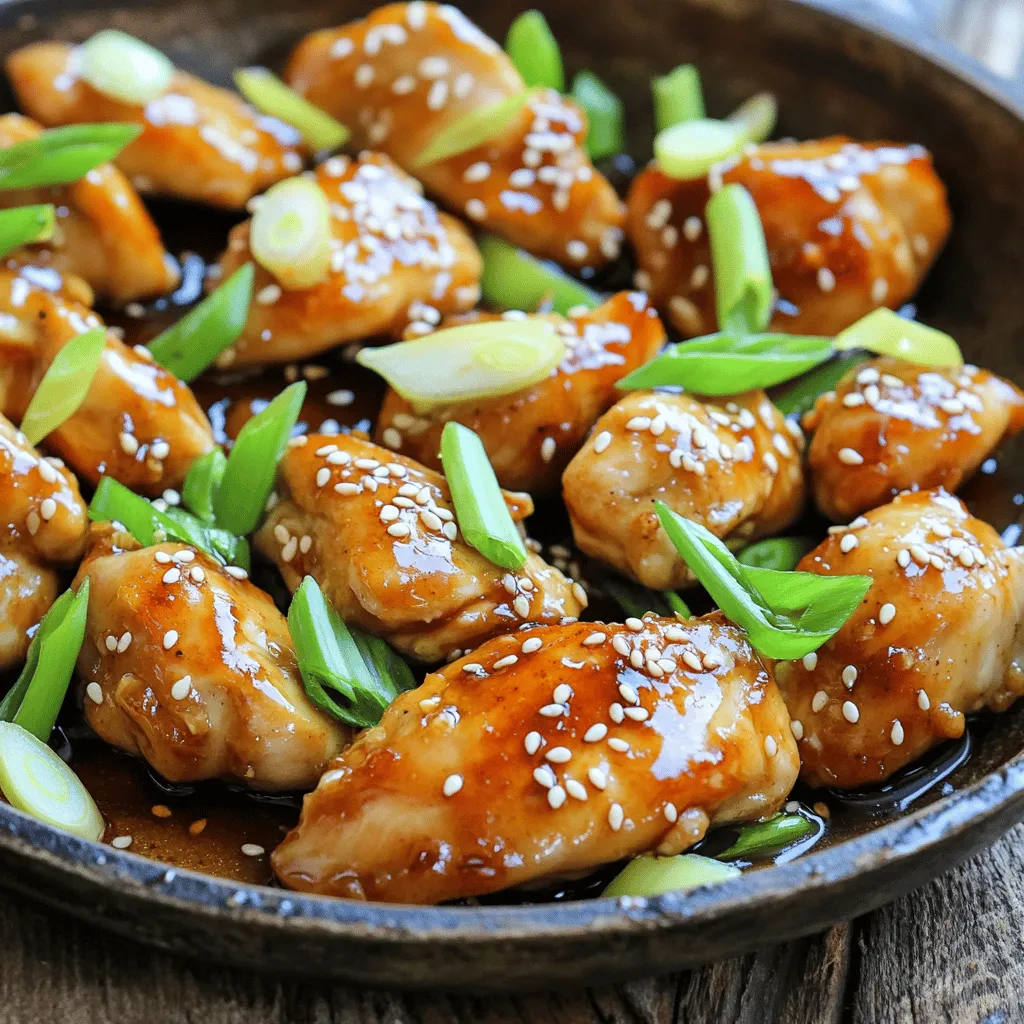 - 4 boneless, skinless chicken breasts - 1/2 cup honey - 1/4 cup soy sauce (low sodium recommended) - 4 cloves garlic, minced - 1 tablespoon fresh ginger, grated - 2 tablespoons olive oil - 1 tablespoon apple cider vinegar - 1 teaspoon sesame oil - Salt and pepper to taste For this dish, choose fresh chicken breasts. They should be plump and firm. The honey adds sweetness, while soy sauce brings saltiness. Together, they create a rich flavor. Garlic and ginger enhance the taste with a nice kick. - 2 green onions, sliced - 1 tablespoon sesame seeds (optional) Garnishes are fun! Green onions add a fresh crunch. Sesame seeds bring a nutty flavor and look great on the plate. Use these to make your dish pop! - Mixing bowl - Skillet - Oven-safe dish You'll need a mixing bowl to whisk the marinade. A skillet helps with searing, and an oven-safe dish is perfect for baking. Having the right tools makes cooking easier and more enjoyable. For the full recipe, follow the detailed instructions for a perfect honey garlic chicken dish! To make the marinade, mix honey, soy sauce, minced garlic, grated ginger, apple cider vinegar, and sesame oil in a bowl. Whisk until smooth. This mix not only adds flavor but also helps tenderize the chicken. Marination time is key. I recommend at least 30 minutes. For the best taste, marinate for 2 hours. This lets the chicken soak up all the tasty flavors. For perfect browning, use medium-high heat. Heat olive oil in an oven-safe skillet. Once hot, add the chicken. Sear each side for about 3-4 minutes. Look for a nice golden color. This step seals in juices and adds flavor. Using an oven-safe skillet is a smart choice. You can move it directly from the stove to the oven. This saves you from using extra dishes and makes clean-up easier. Preheat your oven to 400°F (200°C). This is the perfect temperature for cooking chicken evenly. Once the chicken is browned, pour the reserved marinade over it in the skillet. Bake the chicken for 20-25 minutes. To check doneness, use a meat thermometer. The chicken should reach 165°F (75°C). This ensures it is safe to eat. Let the chicken rest for 5 minutes before slicing. This helps keep it juicy. For the best flavor, marinate your chicken for at least 30 minutes. If you can, aim for 2 hours. This allows the honey and soy sauce to soak in well. You can adjust sweetness by adding more honey or soy sauce for saltiness. Taste your marinade before adding it to the chicken. To avoid dry chicken, don’t overcook it. Use a meat thermometer to check for 165°F (75°C) inside. After cooking, let the chicken rest for 5 minutes. This helps keep the juices inside. Cut the chicken too soon, and it may dry out. You can grill or bake this chicken. Grilling adds a nice smoky flavor, while baking gives even cooking. If you’re short on time, try an Instant Pot or slow cooker. Both methods keep the chicken moist and tender. For the full recipe, check out the instructions above. {{image_2}} You can make your Honey Garlic Chicken even more tasty by adding veggies. Some great options are: - Broccoli - Bell peppers - Carrots - Snap peas Add these veggies in the last 10 minutes of baking. This way, they stay crisp and bright. If you want them softer, add them earlier. Just keep an eye on the chicken to ensure it cooks perfectly. If you like heat, try adding chili flakes or sriracha. Start with a small amount, like 1/2 teaspoon. Mix it into your marinade before pouring it over the chicken. This adds a nice kick without overpowering the dish. Balance the heat with a bit more honey if needed. Adjusting the flavors can make this dish even more exciting. For a gluten-free version, swap out soy sauce with tamari. This keeps the same great flavor without gluten. To thicken the sauce, use cornstarch or arrowroot. Mix one tablespoon with water, then stir it in while cooking. This will keep your sauce nice and thick. Enjoy your meal without worries! For the Full Recipe, check the main article! To keep your Honey Garlic Chicken fresh, use an airtight container. Place it in the fridge right after serving. This helps maintain its taste and texture. Leftovers will stay good for about 3 to 4 days. If you want to keep it longer, freezing is a great option. For freezing, cut the chicken into smaller pieces. This helps it freeze evenly and thaw faster. Use a freezer-safe bag or container. Be sure to remove as much air as possible. You can freeze the chicken for up to 3 months. When you are ready to use it, thaw it in the fridge overnight for best results. To reheat Honey Garlic Chicken without drying it out, consider these tips. The oven works well. Preheat it to 350°F (175°C). Place the chicken in an oven-safe dish and cover it with foil. Heat for about 15-20 minutes. This keeps the moisture in. You can also use a microwave for quick reheating. Place the chicken on a microwave-safe plate. Cover with a damp paper towel. Heat in short bursts of 1-2 minutes, checking often to avoid drying. To marinate chicken well, use a mix of flavors. I like to blend honey, soy sauce, garlic, and ginger. Marinate the chicken in the fridge for at least 30 minutes. For the best taste, aim for 2 hours or more. This helps the chicken soak up the flavors. Remember to coat all sides of the chicken. You want it to be evenly covered for a great taste! Yes, chicken thighs work great! They have more fat, making them juicy and tender. Thighs can add a different flavor, too. You can use boneless or bone-in thighs. Just adjust the cooking time. Thighs may take a bit longer to cook fully. Always check that the internal temperature hits 165°F. Some tasty sides include: - Steamed rice - Stir-fried vegetables - Roasted broccoli - Mashed potatoes - Asian slaw These sides complement the sweet and savory taste of the chicken. They can balance the meal and add color to your plate! To lighten up Honey Garlic Chicken, use less honey. You can cut it by half. Swap regular soy sauce for low-sodium soy sauce. This reduces sodium without losing flavor. You can also add more veggies to the dish. Try mixing in bell peppers or broccoli. This adds fiber and nutrients! Many Asian restaurants serve Honey Garlic Chicken. Look for Chinese or Thai places. Some casual dining spots also have it on the menu. Check local food apps for nearby options. You may find great variations, too! Honey garlic chicken is an easy and tasty dish. We covered the key ingredients, tools, and step-by-step methods for cooking it. I shared tips for perfect flavor and texture and even offered ways to adapt the recipe. This dish is versatile, allowing you to add veggies or spice. Whether you're cooking for family or friends, it’s a crowd-pleaser. Remember to store or freeze leftovers properly for later enjoyment. You'll love how simple and satisfying this meal is!