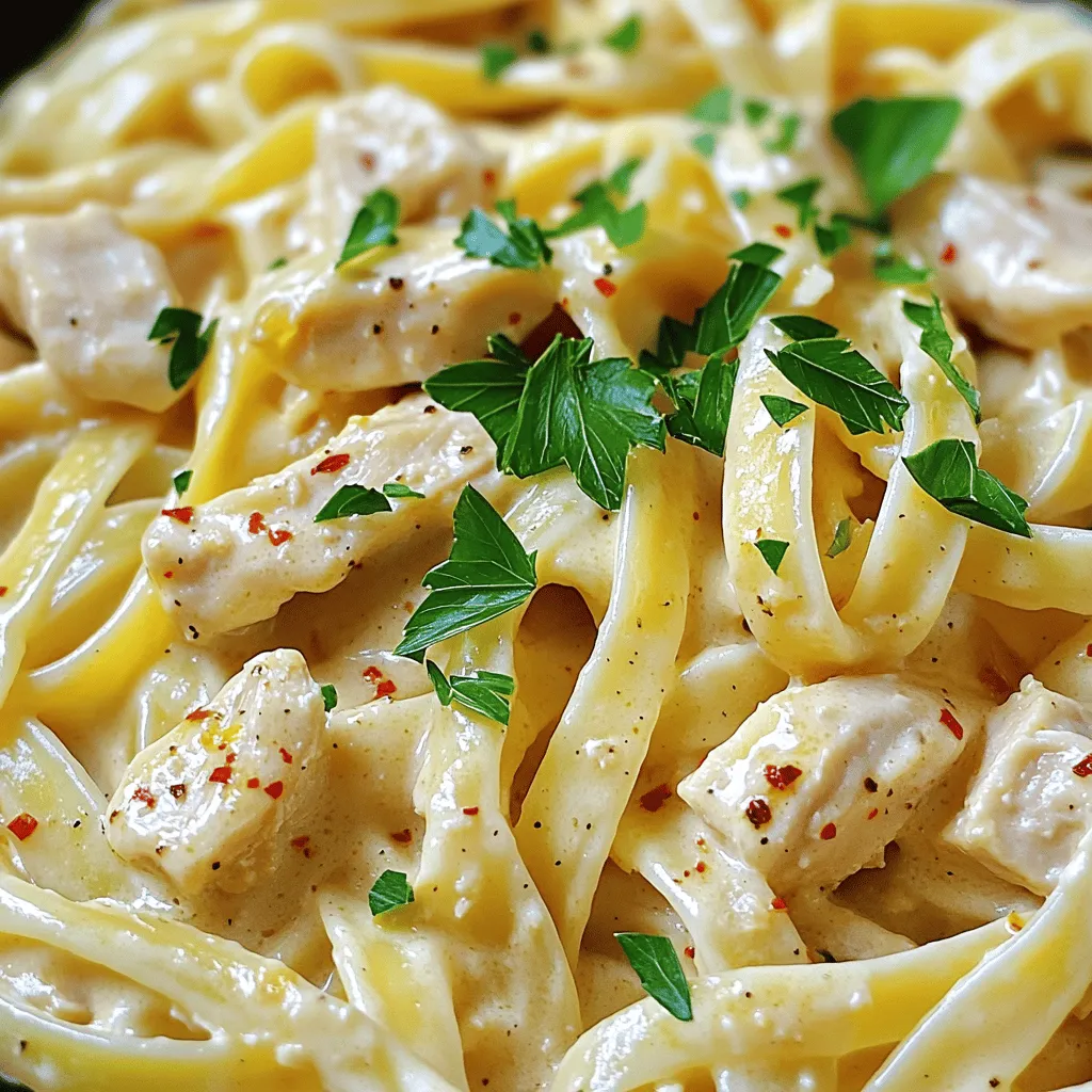 To make Creamy Chicken Garlic Parmesan Pasta, you need simple and fresh ingredients. This dish is rich, tasty, and easy to prepare. With just a few steps, you can have a delicious meal ready for your family or friends. The full recipe brings this all together beautifully. Here’s what you will need: - 8 oz pasta (fettuccine or penne) - 2 tablespoons olive oil - 1 pound chicken breast, diced - 4 cloves garlic, minced - 1 cup heavy cream - 1 cup grated Parmesan cheese - 1 teaspoon Italian seasoning - ½ teaspoon red pepper flakes (optional) - Salt and pepper to taste - Fresh parsley, chopped (for garnish) These ingredients work together to create a creamy and tasty sauce that clings to the pasta. You can easily swap some items if needed: - Use whole wheat pasta for a healthier option. - Swap olive oil for butter for a richer flavor. - Chicken thighs can replace chicken breast for more flavor. - Use low-fat cream or milk for a lighter dish. - If you want a vegan version, try using plant-based chicken and nut milk. These substitutions can help you customize the dish to fit your needs while keeping it delicious. To start, boil a large pot of water. Add salt to the water for flavor. Once the water is boiling, add 8 oz of pasta. You can use fettuccine or penne. Cook the pasta until it is al dente. This usually takes about 8-10 minutes. Stir it occasionally to prevent sticking. After it’s done, drain the pasta and set it aside. This step is key for a great texture. Next, grab a large skillet. Heat 2 tablespoons of olive oil over medium-high heat. Add 1 pound of diced chicken breast to the skillet. Season it with salt and pepper. Cook the chicken for about 7-8 minutes. Look for a nice golden color. The chicken should be cooked all the way through. Once done, remove the chicken and set it aside. This keeps the chicken juicy and flavorful. In the same skillet, add 4 cloves of minced garlic. Sauté the garlic for about 1 minute. You want it to smell amazing but not burn. Then, reduce the heat to medium. Add 1 cup of heavy cream slowly. Stir it well to mix with the garlic. Gradually add 1 cup of grated Parmesan cheese. Keep stirring until it melts into a smooth sauce. Next, add 1 teaspoon of Italian seasoning and ½ teaspoon of red pepper flakes, if you like heat. Let the sauce simmer for a couple of minutes. It should thicken slightly. Finally, return the cooked chicken to the skillet, along with the drained pasta. Toss everything together, coating it well in the creamy sauce. Your dish is now ready to serve hot. For a fresh touch, sprinkle chopped parsley on top. Enjoy this creamy chicken garlic parmesan pasta delight! For the full recipe, check out the previous section. To make great pasta, start with a large pot. Use enough water and add salt. This helps the pasta taste better. Cook the pasta according to the package time until it is al dente. This means it should be firm when you bite it. After cooking, drain the pasta but save a cup of the pasta water. You can use this later to adjust the sauce. The key to a creamy sauce is the heavy cream. Add it slowly to the pan after cooking the garlic. Stir it in well and keep the heat low. This stops the cream from curdling. Add the Parmesan cheese a little bit at a time. Stir until it melts completely. If the sauce is too thick, add some of that reserved pasta water to get the right texture. To boost the flavor, use fresh herbs like parsley. You can also add Italian seasoning to the sauce. For some heat, sprinkle in red pepper flakes. If you want a richer taste, try adding more cheese. Taste your sauce before mixing in the pasta. Adjust salt and pepper to make it just right. This will make your creamy chicken garlic Parmesan pasta a big hit! For the full recipe, check out the detailed instructions above. {{image_2}} You can easily add veggies to this dish. Spinach, broccoli, or bell peppers work great. Just sauté them with the garlic. This adds color and nutrition. You can toss in peas or zucchini for a fresh taste. Aim for about 1-2 cups of veggies. They will blend well with the creamy sauce. If you want to switch up the protein, try shrimp or turkey. Both cook quickly and add delicious flavors. You can also use cooked sausage for a tasty twist. For a leaner option, consider diced tofu or tempeh. Each protein can bring its unique taste to the dish. To make this recipe vegetarian, skip the chicken and use mushrooms instead. They add a nice umami flavor. For a vegan version, replace the heavy cream with coconut milk and use nutritional yeast for a cheesy taste. This way, you can still enjoy the creamy sauce without dairy. Adjust the seasonings to taste, and you’ll have a lovely vegan meal. You can find the full recipe to guide you through these variations and create your perfect dish. After you enjoy your meal, store any leftovers in the fridge. Use an airtight container for best results. Refrigerate within two hours of cooking to keep it fresh. This dish stays good for up to three days. When you want to eat it again, check for any signs of spoilage. If you want to save some for later, freezing is a great option. First, let the pasta cool completely. Then, place it in a freezer-safe container. You can also use freezer bags. Remove as much air as possible before sealing. This dish can last in the freezer for up to three months. When you're ready to enjoy your frozen pasta, thaw it in the fridge overnight. Reheat it gently on the stove over low heat. You may need to add a splash of cream or water to bring back the sauce's creamy texture. Stir it well to ensure even heating. You can also reheat it in the microwave if you're in a hurry. Just cover it to keep it moist. Yes, you can use other types of pasta. Fettuccine and penne work great. You can also try spaghetti, rotini, or even whole wheat pasta. Just cook it according to the package directions. Each type gives a different mouthfeel. Experiment with what you like best! To add spice, use more red pepper flakes. Start with one teaspoon and add to taste. You can also include diced jalapeños or crushed red pepper. If you want a kick, try adding hot sauce while mixing in the chicken. This adds heat and flavor that you will love. You can serve this pasta with garlic bread on the side. A fresh salad with greens and light dressing pairs well too. For a heartier meal, add steamed broccoli or sautéed spinach. These sides balance the creaminess and add nutrition to your plate. Enjoy your meal with family or friends! This guide covers everything you need for Creamy Chicken Garlic Parmesan Pasta. We reviewed key ingredients, provided step-by-step cooking instructions, and shared helpful tips for perfecting your dish. You can also explore variations to suit your tastes. Remember, cooking is about enjoying the process. Don’t hesitate to experiment and make it your own. With these tips, you’ll make a delicious meal everyone loves. Happy cooking!