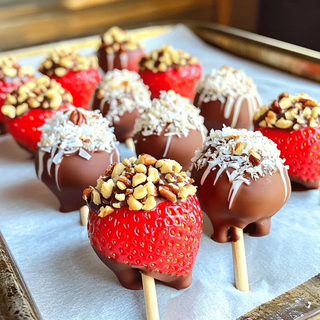 To make Chocolate Strawberry Cluster Pops, gather these key items: - 1 pound fresh strawberries, washed and dried - 1 cup semi-sweet chocolate chips - 1 cup white chocolate chips - 1 tablespoon coconut oil (for melting chocolate) - Skewers or lollipop sticks These ingredients are the heart of the recipe. Fresh strawberries bring juiciness, while the chocolate adds rich flavor. The coconut oil helps the chocolate melt smoothly. You can mix things up with these fun extras: - 1 cup crushed nuts (almonds, hazelnuts, or walnuts) - 1 cup shredded coconut (unsweetened) These toppings give your pops a tasty crunch. You can also try sprinkles or crushed cookies for a twist. Get creative and use what you love! To prepare your treats, you’ll need a few simple tools: - Microwave-safe bowls - Parchment paper - Baking sheet - Fork These tools help make the process smooth and easy. The parchment paper keeps the chocolate from sticking, and the microwave bowls make melting chocolate quick. Start by lining a baking sheet with parchment paper. This will help keep the pops from sticking. Next, wash and dry your strawberries well. They need to be completely dry. If they are wet, the chocolate won't stick. Choose ripe strawberries for the best taste. For melting chocolate, grab a microwave-safe bowl. Add the semi-sweet chocolate chips and a tablespoon of coconut oil. Microwave the bowl in 30-second bursts. Stir the chocolate after each burst until it is smooth. Be careful not to overheat it. For white chocolate, repeat this process in another bowl. Now, dip each strawberry into the melted dark chocolate. Make sure to let the excess chocolate drip off. Place them right on the parchment paper. While the chocolate is still wet, sprinkle half with crushed nuts and the other half with shredded coconut. This adds great texture and flavor. After that, drizzle the melted white chocolate over the strawberries for a pretty look. Insert a skewer into each strawberry. Do this before the chocolate hardens. Then, chill the baking sheet in the refrigerator for about 30 minutes. This helps the chocolate set properly. Once they are firm, gently lift them off the parchment. Serve on a decorative platter to impress your guests. Enjoy your tasty, fun treats! For the full recipe, check the recipe section above. To melt chocolate well, use a microwave-safe bowl. Combine chocolate chips and coconut oil. Heat in short bursts of 30 seconds. Stir often. Stop when it's smooth, not too hot. If you overheat chocolate, it can seize up. That means it won't melt again. Before dipping, make sure your strawberries are dry. Any water will make the chocolate slide off. Dip each strawberry in the melted chocolate quickly. Let the excess chocolate drip back into the bowl. This helps create a nice, even coat. Make your pops stand out! Use fun plates or colorful cups. You can also drizzle melted white chocolate on top for a nice design. Add sprinkles or edible glitter for a festive touch. Arrange them on a platter to create a beautiful display. For more ideas, check the Full Recipe. {{image_2}} You can mix flavors to create fun treats. Try adding crushed nuts for a nutty touch. Almonds, hazelnuts, or walnuts work well. You can also use dried fruits for a fruity taste. Diced apricots, cranberries, or raisins add a sweet twist. Using various chocolates can change the taste. Dark chocolate gives a rich flavor. Milk chocolate is sweet and creamy. White chocolate adds a smooth, sweet touch too. You can even blend types. For example, dip half in dark and half in white. This makes a fun two-tone look. You can easily make these pops fit any season. For spring, add pastel colors with colored chocolate. During Halloween, use orange and black sprinkles. For Christmas, add red and green toppings. You can find many fun ways to match the pops to any holiday. It keeps the treat exciting and fresh. Try the full recipe to make your own chocolate strawberry cluster pops. To keep your Chocolate Strawberry Cluster Pops fresh, place them in an airtight container. Line the bottom of the container with parchment paper. This prevents sticking and keeps your pops looking nice. Store the container in the fridge, away from strong odors. Strawberries can absorb smells, and you want to keep their fresh flavor. When stored properly, these pops last up to three days in the fridge. After that, the strawberries may lose their freshness. If you notice any mushiness or discoloration, it’s best to toss them. Enjoy them while they are still firm and tasty! If you want to keep your pops for longer, freezing is a great option. Place the chocolate-covered strawberries on a baking sheet lined with parchment. Freeze them for about one hour until they are solid. Once frozen, transfer them to a freezer-safe bag. You can store them for up to three months this way. When you’re ready to eat, let them thaw in the fridge for a few hours. Enjoy your sweet treat anytime! Yes, you can use any type of chocolate you like. Dark, milk, or even flavored chocolates work well. Each type will give a unique taste. Just remember to melt them the same way I showed you above. Experimenting with flavors can be fun and delicious! To make vegan Chocolate Strawberry Cluster Pops, choose dairy-free chocolate. Brands like Enjoy Life or Hu Chocolate offer great options. Also, skip the regular white chocolate and use vegan versions. This way, you can enjoy a tasty treat that fits your diet! You can get creative with fruits! Bananas, pineapple, or even grapes work great. Just cut them into bite-sized pieces if needed. Make sure the fruit is dry before dipping into chocolate. This helps the chocolate stick better! Drying the strawberries is key. Make sure you wash and dry them well. If they are wet, the chocolate won't stick. When you dip them in chocolate, let the excess drip off. This creates a nice layer of chocolate that clings well. Following these steps will help you create a perfect Chocolate Strawberry Cluster Pops. You now know how to make chocolate strawberry cluster pops. We covered essential ingredients, tools, and step-by-step instructions. You learned tips to melt chocolate perfectly and creative ways to present your treats. Plus, we explored flavor variations and storage tips. Now it's time to get started. Enjoy making these fun snacks and get creative! You can wow friends and family with your new skills. Happy popping!