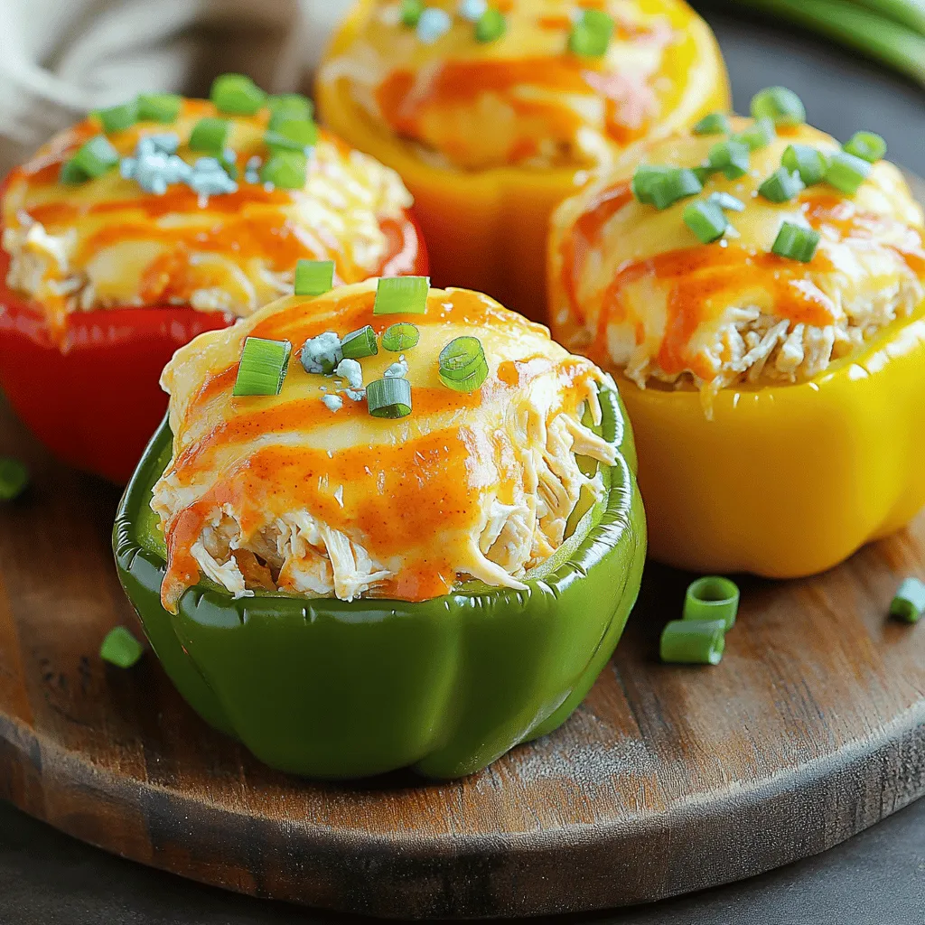 - 4 large bell peppers (red, yellow, or green) - 2 cups cooked chicken, shredded - 1/2 cup buffalo sauce (adjust according to taste) - 1 cup cream cheese, softened - 1 cup shredded cheddar cheese - 1/2 cup green onions, chopped - 1/2 teaspoon garlic powder - 1/2 teaspoon onion powder - Salt and pepper to taste - 1/4 cup crumbled blue cheese (optional) The core of this recipe is the bell peppers and shredded chicken. The bell peppers serve as the tasty vessel for the filling. I love using colorful peppers for a vibrant dish. The chicken gives protein and texture. Buffalo sauce adds that spicy kick we crave. Cream cheese and cheddar cheese blend to create a creamy filling. Green onions bring a fresh crunch. Garlic and onion powders add depth to the flavor. You can switch things up easily! A favorite option is crumbled blue cheese on top. It adds more flavor and pairs well with buffalo sauce. You can also try different cheeses like mozzarella or pepper jack for a twist. If you want fewer carbs, use cauliflower rice instead of chicken. This dish can fit many diets! Just have fun with it and make it your own. First, gather all your ingredients. You will need bell peppers, chicken, buffalo sauce, and cheese. Next, preheat your oven to 375°F (190°C). This step is key for cooking the peppers evenly. While the oven heats, cut the tops off the bell peppers. Remove the seeds and the white membranes inside. This makes space for the tasty filling. In a large bowl, mix the shredded chicken and buffalo sauce. You can adjust the sauce to make it spicier or milder. Add the softened cream cheese, shredded cheddar, chopped green onions, garlic powder, onion powder, and a pinch of salt and pepper. Stir until everything is well mixed. This mixture is where all the flavor lives. Now it’s time to stuff the peppers. Take each hollowed pepper and fill it with the buffalo chicken mixture. Pack it in until it's full. Place the stuffed peppers in a baking dish. Cover them loosely with aluminum foil. This helps them cook without burning. Bake in the oven for 25 minutes. After that, remove the foil and bake for another 10 to 15 minutes. The peppers should be tender, and the filling needs to be bubbly and slightly golden. If you like blue cheese, sprinkle it on the peppers during the last five minutes of baking. Once the peppers are done, take them out of the oven. Let them cool for a few minutes before serving. For a nice touch, serve the stuffed peppers on a colorful platter. Drizzle some extra buffalo sauce on top and sprinkle with more chopped green onions. You can also add a side of ranch or blue cheese dressing for dipping. It's a fun and tasty way to enjoy your meal! For the complete recipe, check the Full Recipe section. To make the best buffalo chicken stuffed peppers, choose ripe bell peppers. They should be firm and colorful. Cut the tops off carefully. Make sure to remove all the seeds and membranes. This step helps the peppers cook evenly and taste better. When mixing your filling, blend the chicken and cheeses well. This helps every bite have the same flavor. One common mistake is not pre-cooking the chicken. Always use cooked chicken for a safe and tasty meal. Another mistake is overfilling the peppers. Leave a little space at the top to allow for bubbling. This will keep the filling from spilling over. Lastly, don’t skip the foil during the first part of baking. It keeps the peppers moist and helps them cook through. You can add more depth to your dish by mixing in different ingredients. For a spicy kick, add jalapeños or extra buffalo sauce. If you like a creamy taste, stir in some sour cream or ranch. For a fresh touch, try adding chopped cilantro or parsley. These small changes can make your stuffed peppers even more exciting. You can find the full recipe for buffalo chicken stuffed peppers to get started. {{image_2}} You can easily make a veggie version of these stuffed peppers. Instead of chicken, use black beans or lentils. These options make a tasty filling. Add extra veggies like corn or diced tomatoes for more texture. Use the same buffalo sauce for that spicy kick. Cream cheese can be replaced with a dairy-free option. This keeps the creamy taste while being plant-based. If you want a low-carb meal, skip the peppers. Instead, use zucchini boats or mushrooms. They hold the filling well and taste great. You can also swap the cream cheese with ricotta. This will keep your dish light yet creamy. Look for low-carb buffalo sauces to stay within your diet goals. Feel free to mix up the flavors! Try different sauces like barbecue or teriyaki for a new twist. Use Monterey Jack or pepper jack cheese for an added kick. For a smoky flavor, add some chipotle sauce. You can even top the peppers with crispy bacon bits for extra crunch. Consider garnishing with fresh herbs like cilantro or parsley for a fresh touch. For the full recipe, check the [Full Recipe]. To store leftover stuffed peppers, let them cool first. Place them in an airtight container. You can keep them in the fridge for up to three days. Make sure to cover them well to keep the flavors fresh. You can freeze these stuffed peppers too! Wrap each stuffed pepper tightly in plastic wrap. Then, place them in a freezer-safe bag. They can last for about three months in the freezer. When you want to enjoy them, thaw them overnight in the fridge. To reheat, preheat your oven to 350°F (175°C). Place the peppers in a baking dish. Cover with foil to keep moisture in. Heat for about 20 minutes or until warm. You can also use a microwave. Heat for about two to three minutes, checking often to avoid overcooking. Enjoy your Buffalo Chicken Stuffed Peppers again! No, you should not use raw chicken. The filling needs cooked chicken for safety. Cooking raw chicken in the peppers will not cook evenly. Use shredded rotisserie chicken or any leftover cooked chicken. This saves time and ensures great flavor. If you want a cream cheese substitute, try sour cream or Greek yogurt. Both add creaminess and tang. You can also use cottage cheese for a lighter option. Just blend it until smooth for a similar texture. This keeps your dish rich without the cream cheese. To make this dish gluten-free, choose a gluten-free buffalo sauce. Most brands are gluten-free, but always check the label. Also, ensure that any cheese you use is free from gluten. This way, you enjoy all the flavors without worry about gluten. In summary, we covered how to make delicious Buffalo Chicken Stuffed Peppers. We highlighted key ingredients, step-by-step cooking, and helpful tips. You learned about variations, storage, and answers to common questions. Enjoy creating your own stuffed peppers. Remember, customizing them can make all the difference. Don't be afraid to experiment with flavors and ingredients for unique twists! With these recipes, you can impress anyone at your next meal.