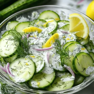 - 3 medium cucumbers, thinly sliced - 1 cup plain Greek yogurt - 2 tablespoons fresh dill, chopped - 1 tablespoon lemon juice - 1 teaspoon garlic powder - ½ teaspoon salt - ¼ teaspoon black pepper - ½ red onion, thinly sliced (optional) - 1 tablespoon olive oil (optional for drizzling) - Cutting board - Sharp knife - Mixing bowls - Measuring spoons Choosing the best cucumbers: Look for cucumbers that are firm and dark green. Avoid soft or blemished ones. They should feel heavy for their size. Fresh dill vs. dried dill: Fresh dill gives a bright taste. Dried dill lacks the same flavor. If you can, always choose fresh. It makes a big difference. Cucumber dill salad is simple yet refreshing. You can enjoy this salad on hot days or as a side. For the complete recipe, check out the Full Recipe. - First, wash the cucumbers under cold water. - Slice them thinly and place them in a large bowl. - If you want more flavor, chop the fresh dill. - Prepare the red onion by slicing it thinly, if using. - In a separate bowl, mix the Greek yogurt, dill, lemon juice, garlic powder, salt, and black pepper. - Stir until the dressing is smooth and well combined. - Pour this creamy dressing over the cucumbers and onion. - Gently fold everything together to coat the cucumbers evenly. - Cover the salad with plastic wrap or a lid. - Place it in the fridge for at least 30 minutes. - Chilling the salad helps the flavors mix and get better. - Before serving, stir the salad and taste it. Adjust the seasoning if needed. For the complete directions, check the Full Recipe for a delightful Cucumber Dill Salad! To save time, prep your ingredients ahead. Here are some quick hacks: - Use a mandoline slicer for even cucumbers. - Slice all cucumbers at once. - Chop the dill in batches and store it. You can also buy pre-diced ingredients. Look for ready-cut cucumbers or pre-chopped herbs in your store. This can cut your prep time in half! Cucumber Dill Salad shines when served right. Here are the best ways: - Serve it in a glass bowl to show off the colors. - Garnish with fresh dill or a lemon wedge for flair. This salad pairs well with many dishes. Try it alongside grilled chicken or fish. It also complements burgers and sandwiches nicely. Want to tweak the taste? Here are some simple ideas: - Add more lemon juice for a zesty kick. - Mix in chopped tomatoes for added color and flavor. You can also try new ingredients. Consider adding olives or feta cheese for variety. These changes can make your salad even more delicious! {{image_2}} You can change the Greek yogurt for sour cream or a vegan yogurt. This swap keeps the salad creamy while changing the taste. Adding other herbs, like parsley or mint, gives a new twist. Parsley adds a fresh taste, while mint brings a hint of sweetness. You can mix and match these herbs to fit your palate. For a vegan version, replace the Greek yogurt with a plant-based yogurt. This keeps the salad creamy and delicious without dairy. You can also make low-calorie adaptations. Use less yogurt or swap it for a lower-calorie dressing. This way, you enjoy the salad without the extra calories. Cucumber dill salad has many unique regional variations. In some areas, people add tomatoes or bell peppers for color and taste. You can also bring global flavors into your salad. Try adding a splash of rice vinegar for a tangy taste or a sprinkle of sesame seeds for crunch. Each twist gives the salad a new vibe. To keep your Cucumber Dill Salad fresh, use a glass or plastic container with a lid. Make sure the container is airtight. This will keep moisture in and prevent the salad from drying out. Place it in the fridge right after you make it. If you want, you can also use a bowl covered tightly with plastic wrap. Cucumber Dill Salad lasts about 3 to 5 days in the fridge. After that, it may start to lose its crunch. Look for signs of spoilage, like a sour smell or slimy cucumbers. If you see any of these signs, it’s best to throw it away. You can freeze Cucumber Dill Salad, but it might change in texture. Cucumbers have a lot of water, so they can become mushy when thawed. If you still want to freeze it, place the salad in a freezer-safe container. Leave some space at the top for expansion. To thaw, move it to the fridge overnight before serving. Cucumber Dill Salad is a refreshing dish that highlights crisp cucumbers and fragrant dill. The main ingredients are: - 3 medium cucumbers, thinly sliced - 1 cup plain Greek yogurt - 2 tablespoons fresh dill, chopped - 1 tablespoon lemon juice - 1 teaspoon garlic powder - ½ teaspoon salt - ¼ teaspoon black pepper - ½ red onion, thinly sliced (optional) - 1 tablespoon olive oil (optional for drizzling) This salad is light and perfect for summer meals. To boost flavor, try these simple tips: - Add more fresh dill for a stronger taste. - Squeeze in extra lemon juice for brightness. - Toss in a pinch of red pepper flakes for heat. - Use a dash of vinegar for extra tang. These tweaks can enhance your salad and make it more exciting. Yes, you can prepare this salad ahead of time. Here are some tips: - Make the salad up to a day before serving. - Keep it covered in the fridge to stay fresh. - Avoid adding salt until just before serving to keep cucumbers crisp. This way, you save time and enjoy better flavors. Cucumber Dill Salad is full of health benefits: - Cucumbers are low in calories and high in water, keeping you hydrated. - Dill is rich in antioxidants and may aid digestion. - Greek yogurt adds protein and probiotics for gut health. This salad supports a healthy diet while being delicious. Cucumber Dill Salad goes well with many dishes, such as: - Grilled chicken or fish for a light meal. - A slice of crusty bread to soak up flavors. - Roasted vegetables for a hearty side. These pairings make for a balanced and tasty meal. For the full recipe, check out the Crisp Cucumber Dill Delight section. In this blog post, we explored how to make a Cucumber Dill Salad. We covered the ingredients you'll need, like cucumbers, Greek yogurt, and fresh dill. I shared tips for prep, storage, and serving ideas to enhance flavor. You can modify the recipe to fit various diets or preferences. Overall, this salad is fresh, tasty, and versatile. With the right ingredients and simple steps, you can enjoy a delightful dish perfect for any meal. Dive in and try making this refreshing salad yourself!