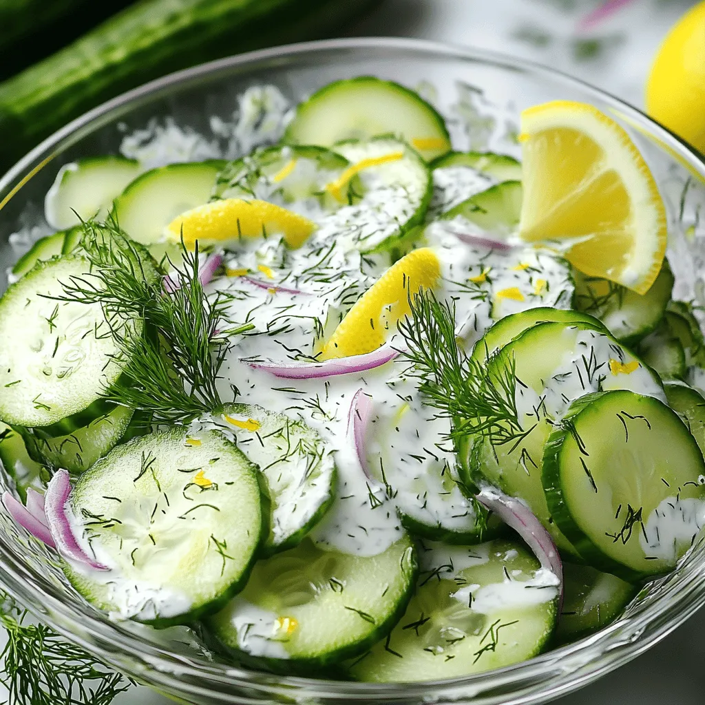 - 3 medium cucumbers, thinly sliced - 1 cup plain Greek yogurt - 2 tablespoons fresh dill, chopped - 1 tablespoon lemon juice - 1 teaspoon garlic powder - ½ teaspoon salt - ¼ teaspoon black pepper - ½ red onion, thinly sliced (optional) - 1 tablespoon olive oil (optional for drizzling) - Cutting board - Sharp knife - Mixing bowls - Measuring spoons Choosing the best cucumbers: Look for cucumbers that are firm and dark green. Avoid soft or blemished ones. They should feel heavy for their size. Fresh dill vs. dried dill: Fresh dill gives a bright taste. Dried dill lacks the same flavor. If you can, always choose fresh. It makes a big difference. Cucumber dill salad is simple yet refreshing. You can enjoy this salad on hot days or as a side. For the complete recipe, check out the Full Recipe. - First, wash the cucumbers under cold water. - Slice them thinly and place them in a large bowl. - If you want more flavor, chop the fresh dill. - Prepare the red onion by slicing it thinly, if using. - In a separate bowl, mix the Greek yogurt, dill, lemon juice, garlic powder, salt, and black pepper. - Stir until the dressing is smooth and well combined. - Pour this creamy dressing over the cucumbers and onion. - Gently fold everything together to coat the cucumbers evenly. - Cover the salad with plastic wrap or a lid. - Place it in the fridge for at least 30 minutes. - Chilling the salad helps the flavors mix and get better. - Before serving, stir the salad and taste it. Adjust the seasoning if needed. For the complete directions, check the Full Recipe for a delightful Cucumber Dill Salad! To save time, prep your ingredients ahead. Here are some quick hacks: - Use a mandoline slicer for even cucumbers. - Slice all cucumbers at once. - Chop the dill in batches and store it. You can also buy pre-diced ingredients. Look for ready-cut cucumbers or pre-chopped herbs in your store. This can cut your prep time in half! Cucumber Dill Salad shines when served right. Here are the best ways: - Serve it in a glass bowl to show off the colors. - Garnish with fresh dill or a lemon wedge for flair. This salad pairs well with many dishes. Try it alongside grilled chicken or fish. It also complements burgers and sandwiches nicely. Want to tweak the taste? Here are some simple ideas: - Add more lemon juice for a zesty kick. - Mix in chopped tomatoes for added color and flavor. You can also try new ingredients. Consider adding olives or feta cheese for variety. These changes can make your salad even more delicious! {{image_2}} You can change the Greek yogurt for sour cream or a vegan yogurt. This swap keeps the salad creamy while changing the taste. Adding other herbs, like parsley or mint, gives a new twist. Parsley adds a fresh taste, while mint brings a hint of sweetness. You can mix and match these herbs to fit your palate. For a vegan version, replace the Greek yogurt with a plant-based yogurt. This keeps the salad creamy and delicious without dairy. You can also make low-calorie adaptations. Use less yogurt or swap it for a lower-calorie dressing. This way, you enjoy the salad without the extra calories. Cucumber dill salad has many unique regional variations. In some areas, people add tomatoes or bell peppers for color and taste. You can also bring global flavors into your salad. Try adding a splash of rice vinegar for a tangy taste or a sprinkle of sesame seeds for crunch. Each twist gives the salad a new vibe. To keep your Cucumber Dill Salad fresh, use a glass or plastic container with a lid. Make sure the container is airtight. This will keep moisture in and prevent the salad from drying out. Place it in the fridge right after you make it. If you want, you can also use a bowl covered tightly with plastic wrap. Cucumber Dill Salad lasts about 3 to 5 days in the fridge. After that, it may start to lose its crunch. Look for signs of spoilage, like a sour smell or slimy cucumbers. If you see any of these signs, it’s best to throw it away. You can freeze Cucumber Dill Salad, but it might change in texture. Cucumbers have a lot of water, so they can become mushy when thawed. If you still want to freeze it, place the salad in a freezer-safe container. Leave some space at the top for expansion. To thaw, move it to the fridge overnight before serving. Cucumber Dill Salad is a refreshing dish that highlights crisp cucumbers and fragrant dill. The main ingredients are: - 3 medium cucumbers, thinly sliced - 1 cup plain Greek yogurt - 2 tablespoons fresh dill, chopped - 1 tablespoon lemon juice - 1 teaspoon garlic powder - ½ teaspoon salt - ¼ teaspoon black pepper - ½ red onion, thinly sliced (optional) - 1 tablespoon olive oil (optional for drizzling) This salad is light and perfect for summer meals. To boost flavor, try these simple tips: - Add more fresh dill for a stronger taste. - Squeeze in extra lemon juice for brightness. - Toss in a pinch of red pepper flakes for heat. - Use a dash of vinegar for extra tang. These tweaks can enhance your salad and make it more exciting. Yes, you can prepare this salad ahead of time. Here are some tips: - Make the salad up to a day before serving. - Keep it covered in the fridge to stay fresh. - Avoid adding salt until just before serving to keep cucumbers crisp. This way, you save time and enjoy better flavors. Cucumber Dill Salad is full of health benefits: - Cucumbers are low in calories and high in water, keeping you hydrated. - Dill is rich in antioxidants and may aid digestion. - Greek yogurt adds protein and probiotics for gut health. This salad supports a healthy diet while being delicious. Cucumber Dill Salad goes well with many dishes, such as: - Grilled chicken or fish for a light meal. - A slice of crusty bread to soak up flavors. - Roasted vegetables for a hearty side. These pairings make for a balanced and tasty meal. For the full recipe, check out the Crisp Cucumber Dill Delight section. In this blog post, we explored how to make a Cucumber Dill Salad. We covered the ingredients you'll need, like cucumbers, Greek yogurt, and fresh dill. I shared tips for prep, storage, and serving ideas to enhance flavor. You can modify the recipe to fit various diets or preferences. Overall, this salad is fresh, tasty, and versatile. With the right ingredients and simple steps, you can enjoy a delightful dish perfect for any meal. Dive in and try making this refreshing salad yourself!
