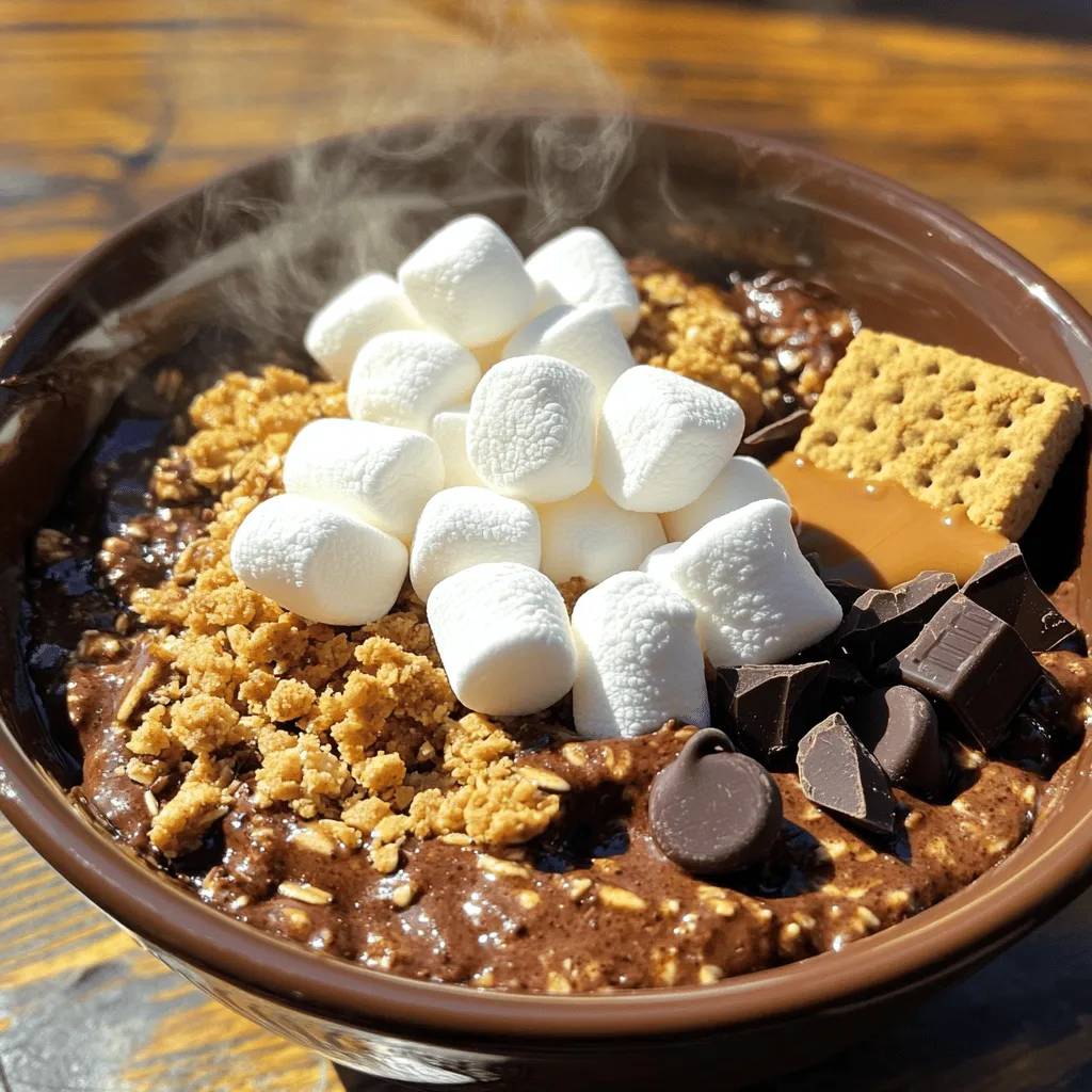 To make the Chocolate Protein S'mores Bowl, you will need the following ingredients: - 1 cup chocolate protein powder - 2 cups unsweetened almond milk (or any milk of choice) - 1/4 cup rolled oats - 1/4 teaspoon sea salt - 1/2 cup mini marshmallows - 1/2 cup crushed graham crackers - 1/4 cup dark chocolate chips - 2 tablespoons almond butter or peanut butter - 1 teaspoon vanilla extract This bowl is not just tasty, but also a great source of nutrition. Here’s a quick look at what you get per serving: - Calories: Approximately 350 - Protein: About 30 grams - Carbohydrates: Roughly 40 grams - Fat: Around 15 grams - Fiber: 5 grams - Sugar: 6 grams This makes it a well-rounded snack, perfect for a post-workout treat or a cozy dessert. You can easily swap some ingredients to fit your needs. Here are a few ideas: - Protein Powder: Use vanilla or any plant-based protein powder if you prefer. - Milk: Any milk works, like coconut or soy milk. - Nut Butters: Swap almond butter for peanut butter or sun butter. - Sweeteners: If you want it sweeter, add a bit of honey or maple syrup. - Marshmallows: For a vegan option, use vegan marshmallows. These substitutions keep your bowl fun and delicious while catering to your dietary needs. For the full recipe, check out the complete guide. To start, gather all your ingredients. You will need chocolate protein powder, almond milk, and rolled oats. Also, have your sea salt, mini marshmallows, crushed graham crackers, dark chocolate chips, almond butter, and vanilla extract ready. Measure everything out to save time. This makes it easier to follow each step. 1. In a medium saucepan, mix the chocolate protein powder, almond milk, rolled oats, and sea salt. Stir until well blended. 2. Place the saucepan on medium heat. Cook while stirring for 5 to 7 minutes. You want it thick and creamy. 3. Once it thickens, take it off the heat. Stir in the almond butter and vanilla. Mix until it is smooth. 4. In serving bowls, spoon the warm chocolate mixture. Press it down a little to make an even layer. 5. Now, add a good amount of mini marshmallows, crushed graham crackers, and dark chocolate chips on top. 6. For a fun twist, you can broil the bowls on low for 1 to 2 minutes. Watch closely! You want the marshmallows golden and gooey, not burned. Serve your Chocolate Protein S'mores Bowl warm. Drizzle some extra almond or peanut butter on top for flair. Sprinkle more crushed graham crackers for a nice crunch. You can even add a small chocolate square on the side. Enjoy this delicious treat right away for the best experience! For the full recipe, check out the details above. To make the best Chocolate Protein S'mores Bowl, focus on the layers. Start with a thick base. This adds a nice texture. Press the chocolate oatmeal down firmly. It keeps the toppings from sinking. Use fresh, mini marshmallows for the best taste. They melt perfectly and create that gooey feel. Serve your bowl right after making it. The warmth enhances the flavors. If you let it sit too long, it may thicken too much. For that melty marshmallow effect, broil them quickly. Just watch closely, so they don't burn. Enjoy the bowl warm for the best experience. Don’t skip the almond butter; it adds creaminess. Also, be careful with the heat. Stir constantly to avoid burning. If you don’t have crushed graham crackers, use whole ones and crush them yourself. Lastly, don’t forget to layer nicely. It makes the bowl look and taste great! For the full recipe, follow the steps above to create your own delicious treat! {{image_2}} You can play with flavors in your Chocolate Protein S'mores Bowl. Use different protein powders like vanilla or cookies and cream. For a fruity twist, add mashed bananas or berries. Mixing in flavored almond milk, like vanilla or chocolate, can change the taste too. You can also experiment by adding a dash of cinnamon or nutmeg for warmth. If you are dairy-free, use coconut or oat milk instead of almond milk. For those avoiding gluten, swap rolled oats for gluten-free oats. You can replace the almond butter with sunflower seed butter for nut-free options. If you want a lower sugar version, use a sugar substitute or omit chocolate chips. Toppings can make your bowl even more fun. Try sliced strawberries or bananas for fresh fruit goodness. Add a sprinkle of chopped nuts for crunch, or drizzle with maple syrup for sweetness. For a decadent touch, consider using peanut butter cups or a dollop of whipped coconut cream. Each topping brings a new taste and texture! To store leftovers, let the bowl cool down first. Then, scoop it into an airtight container. Make sure to seal it well. You can keep it in the fridge for up to three days. This keeps the flavors fresh and tasty. When you're ready to eat, take the bowl out of the fridge. Heat it in the microwave for about 30 seconds. Stir it well to mix the warm and cool parts. If it’s still cold, heat it for another 15 seconds. This method helps keep it creamy and yummy. If you want to save it for later, you can freeze it. Place the bowl in a freezer-safe container. It can stay in the freezer for up to one month. To eat it later, just move it to the fridge overnight. Then, reheat it as instructed. Enjoy your tasty treat anytime! For the complete recipe, check the [Full Recipe]. To make a Chocolate Protein S'mores Bowl, start by mixing the ingredients. In a medium pot, combine 1 cup of chocolate protein powder, 2 cups of almond milk, 1/4 cup of rolled oats, and 1/4 teaspoon of sea salt. Heat this over medium heat for about 5-7 minutes, stirring often until it thickens. Once thickened, stir in 2 tablespoons of almond butter and a teaspoon of vanilla extract. Pour the mixture into bowls, then add mini marshmallows, crushed graham crackers, and dark chocolate chips on top. For a special touch, you can broil the bowls for 1-2 minutes to toast the marshmallows. Serve hot for a tasty treat! Using protein powder in recipes like this one adds many benefits. It helps build and repair muscles, which is great after exercise. Protein also keeps you feeling full longer, which can help with weight management. Plus, adding protein to your meals can boost your overall nutrition. With this recipe, you get a yummy treat, plus the benefits of extra protein in your diet. Yes, you can easily make this bowl vegan and gluten-free! For a vegan version, use plant-based protein powder and almond milk. Make sure your graham crackers are vegan, or swap them with gluten-free options. To keep it gluten-free, choose oats that are labeled gluten-free. With these simple swaps, you can enjoy a delicious Chocolate Protein S'mores Bowl that fits your dietary needs! This article covered the key aspects of making a delicious Chocolate Protein S'mores Bowl. We explored ingredients, their nutrition, and helpful substitutions. I provided simple steps for preparing, cooking, and serving. You learned tips to perfect your bowl and common mistakes to avoid. We also discussed variations and how to store your leftovers. Now, you have all the tools to create your own tasty bowl. Enjoy the process and get creative!
