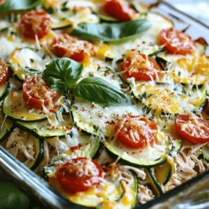 To make Chicken Zucchini Casserole, you will need the following ingredients: - 2 large zucchinis, sliced into thin rounds - 2 cups cooked chicken, shredded or diced - 1 cup cherry tomatoes, halved - 1 cup shredded mozzarella cheese - 1 cup ricotta cheese - 1 cup shredded Parmesan cheese - 2 cloves garlic, minced - 1 teaspoon dried oregano - 1 teaspoon dried basil - ½ teaspoon red pepper flakes (adjust for heat preference) - Salt and pepper to taste - 1 tablespoon olive oil - Fresh basil leaves for garnish (optional) For substitutions, feel free to use different vegetables. Broccoli or bell peppers work well. You can swap the chicken for turkey or even use beans for a vegetarian option. If you do not have specific cheeses, try using any cheese you have on hand. This dish is flexible and forgiving, so get creative! You can check out the Full Recipe for more details on preparation and cooking times. To start, you need to prep the zucchinis and chicken. Slice the zucchinis into thin rounds. Use two large ones for best results. If you have leftover chicken, shred or dice it into small pieces. This makes it easier to mix later. Next, let’s sauté the garlic and zucchini. In a large skillet, heat one tablespoon of olive oil over medium heat. Add two minced garlic cloves and cook for about one minute until fragrant. Then, add the sliced zucchinis and cook for about five to seven minutes. Stir often. You want them to be slightly tender. Season with salt, pepper, a teaspoon of dried oregano, and a teaspoon of dried basil. After seasoning, remove the skillet from heat. Now, it’s time to assemble layers in the casserole dish. Grab a large mixing bowl. Combine the cooked chicken, sautéed zucchini, one cup of halved cherry tomatoes, and half of the shredded mozzarella and Parmesan cheese. Mix well until everything is combined. In a separate bowl, mix one cup of ricotta cheese with half a teaspoon of red pepper flakes and a pinch of salt. Grease a 9x13 inch casserole dish and spoon half of the chicken-zucchini mixture as the bottom layer. Spread half of the ricotta mixture on top. Then, sprinkle half of the remaining mozzarella cheese over that. Repeat these layers with the rest of the chicken-zucchini mixture, ricotta cheese, and finally top with the last of the mozzarella and Parmesan cheeses. Cover the casserole with foil. Place it in your preheated oven at 375°F (190°C). Bake it for 25 minutes. After that, remove the foil. Bake for an additional 15 to 20 minutes. You want the cheese to be bubbly and lightly golden. For tips, keep an eye on the casserole during the last few minutes. This helps you achieve that perfect bubbly, golden top. When serving, you can pair this dish with a simple green salad or garlic bread. These sides add freshness and balance the meal. For presentation, I suggest portioning the casserole into squares. This makes it easy to serve and looks nice on the plate. If you want to add a finishing touch, garnish with fresh basil leaves. This adds color and a nice aroma. For the full recipe, you can refer to the beginning of this article. - Overcooking zucchini: Zucchini cooks fast. If you cook it too long, it turns mushy. I suggest sautéing it for just 5-7 minutes until it is slightly tender. This keeps it firm and tasty in the casserole. - Skipping the resting time: After baking, let the casserole sit for 10 minutes. This helps it set and makes serving easier. If you skip this step, it may fall apart on your plate. - Additional seasoning options: You can add more spices to boost flavor. Try garlic powder, onion powder, or even a sprinkle of smoked paprika. These can add a unique twist to your dish. - Adding more vegetables: Feel free to mix in other veggies. Bell peppers, spinach, or mushrooms work great. Adding these can increase the flavor and nutrients in your casserole. Plus, it makes the dish more colorful and appealing! For the full recipe, check out the [Full Recipe]. {{image_2}} You can make your Chicken Zucchini Casserole unique by changing the protein. You can use turkey instead of chicken. This switch keeps the dish lean while still tasty. You could also try a vegetarian version. Swap the chicken for cooked lentils or chickpeas. These options add protein and flavor without meat. Cheese is another area for fun. Instead of mozzarella, experiment with cheddar or gouda. Each cheese can change the taste and texture of your casserole. Mixing cheeses can also bring out new flavors. Adding seasonal vegetables enhances the dish. In summer, bell peppers or eggplants work great. They add color and nutrients. In fall, you might add butternut squash for sweetness. These veggies blend well with zucchini and chicken. Herbs can also change your casserole's flavor. Instead of dried oregano and basil, try fresh thyme or parsley. Fresh herbs can give your dish a bright taste. Experiment with different herbs to find your favorite blend. You can easily make this dish your own. For more ideas, check the Full Recipe for inspiration! To keep your chicken zucchini casserole fresh, use airtight containers. Glass containers work well since they don't stain. Avoid plastic wrap for long-term storage. Store leftovers in the fridge for up to three days. When reheating, use a microwave or an oven. If using a microwave, cover the dish to keep moisture in. If using the oven, preheat to 350°F (175°C) and cover with foil. This helps the casserole stay soft and creamy. You can freeze the casserole for later. To do this, let it cool completely first. Then, place it in a freezer-safe container. Wrap it tightly with plastic wrap and then foil. This prevents freezer burn. You can freeze it for up to three months. When ready to eat, move it to the fridge to thaw overnight. Reheat in the oven at 350°F (175°C) until hot throughout, about 30-40 minutes. Enjoy the flavors just like fresh from the oven! Baking the chicken zucchini casserole takes about 40 to 45 minutes. First, you cover it with foil and bake for 25 minutes. Then, you remove the foil and bake it for another 15 to 20 minutes. This method helps the cheese become bubbly and golden without drying out the dish. Yes, you can make this dish ahead of time. Prepare the casserole up to the baking step, then cover and refrigerate it for up to 24 hours. When ready to bake, let it sit at room temperature for about 30 minutes. Then, bake it as instructed. This makes meal prep easy and saves time during busy days. You can serve many side dishes with chicken zucchini casserole. Here are some tasty options: - A simple green salad with vinaigrette - Garlic bread for a crunchy side - Steamed broccoli or green beans for added veggies - Quinoa or rice to soak up the flavors These sides complement the casserole and make a complete meal. For a full experience, check out the Full Recipe for more details. In this article, we covered the key ingredients and steps to make chicken zucchini casserole. You learned how to prepare, bake, and serve this dish, along with valuable tips and variations. Remember to avoid overcooking the zucchini and consider trying different proteins or veggies for a twist. Enjoying this wholesome meal not only fills your stomach but also brings great flavor to your table. I hope these tips make your cooking easier and more delicious!