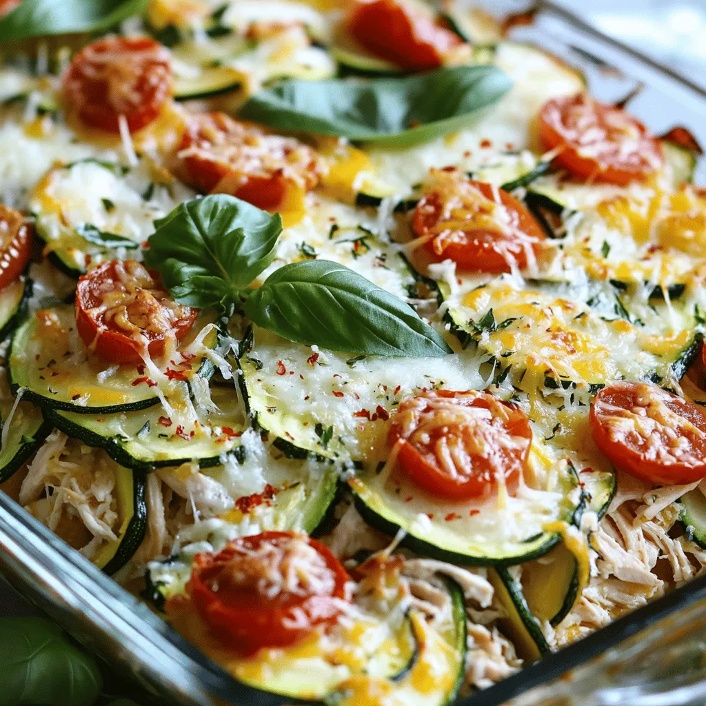 To make Chicken Zucchini Casserole, you will need the following ingredients: - 2 large zucchinis, sliced into thin rounds - 2 cups cooked chicken, shredded or diced - 1 cup cherry tomatoes, halved - 1 cup shredded mozzarella cheese - 1 cup ricotta cheese - 1 cup shredded Parmesan cheese - 2 cloves garlic, minced - 1 teaspoon dried oregano - 1 teaspoon dried basil - ½ teaspoon red pepper flakes (adjust for heat preference) - Salt and pepper to taste - 1 tablespoon olive oil - Fresh basil leaves for garnish (optional) For substitutions, feel free to use different vegetables. Broccoli or bell peppers work well. You can swap the chicken for turkey or even use beans for a vegetarian option. If you do not have specific cheeses, try using any cheese you have on hand. This dish is flexible and forgiving, so get creative! You can check out the Full Recipe for more details on preparation and cooking times. To start, you need to prep the zucchinis and chicken. Slice the zucchinis into thin rounds. Use two large ones for best results. If you have leftover chicken, shred or dice it into small pieces. This makes it easier to mix later. Next, let’s sauté the garlic and zucchini. In a large skillet, heat one tablespoon of olive oil over medium heat. Add two minced garlic cloves and cook for about one minute until fragrant. Then, add the sliced zucchinis and cook for about five to seven minutes. Stir often. You want them to be slightly tender. Season with salt, pepper, a teaspoon of dried oregano, and a teaspoon of dried basil. After seasoning, remove the skillet from heat. Now, it’s time to assemble layers in the casserole dish. Grab a large mixing bowl. Combine the cooked chicken, sautéed zucchini, one cup of halved cherry tomatoes, and half of the shredded mozzarella and Parmesan cheese. Mix well until everything is combined. In a separate bowl, mix one cup of ricotta cheese with half a teaspoon of red pepper flakes and a pinch of salt. Grease a 9x13 inch casserole dish and spoon half of the chicken-zucchini mixture as the bottom layer. Spread half of the ricotta mixture on top. Then, sprinkle half of the remaining mozzarella cheese over that. Repeat these layers with the rest of the chicken-zucchini mixture, ricotta cheese, and finally top with the last of the mozzarella and Parmesan cheeses. Cover the casserole with foil. Place it in your preheated oven at 375°F (190°C). Bake it for 25 minutes. After that, remove the foil. Bake for an additional 15 to 20 minutes. You want the cheese to be bubbly and lightly golden. For tips, keep an eye on the casserole during the last few minutes. This helps you achieve that perfect bubbly, golden top. When serving, you can pair this dish with a simple green salad or garlic bread. These sides add freshness and balance the meal. For presentation, I suggest portioning the casserole into squares. This makes it easy to serve and looks nice on the plate. If you want to add a finishing touch, garnish with fresh basil leaves. This adds color and a nice aroma. For the full recipe, you can refer to the beginning of this article. - Overcooking zucchini: Zucchini cooks fast. If you cook it too long, it turns mushy. I suggest sautéing it for just 5-7 minutes until it is slightly tender. This keeps it firm and tasty in the casserole. - Skipping the resting time: After baking, let the casserole sit for 10 minutes. This helps it set and makes serving easier. If you skip this step, it may fall apart on your plate. - Additional seasoning options: You can add more spices to boost flavor. Try garlic powder, onion powder, or even a sprinkle of smoked paprika. These can add a unique twist to your dish. - Adding more vegetables: Feel free to mix in other veggies. Bell peppers, spinach, or mushrooms work great. Adding these can increase the flavor and nutrients in your casserole. Plus, it makes the dish more colorful and appealing! For the full recipe, check out the [Full Recipe]. {{image_2}} You can make your Chicken Zucchini Casserole unique by changing the protein. You can use turkey instead of chicken. This switch keeps the dish lean while still tasty. You could also try a vegetarian version. Swap the chicken for cooked lentils or chickpeas. These options add protein and flavor without meat. Cheese is another area for fun. Instead of mozzarella, experiment with cheddar or gouda. Each cheese can change the taste and texture of your casserole. Mixing cheeses can also bring out new flavors. Adding seasonal vegetables enhances the dish. In summer, bell peppers or eggplants work great. They add color and nutrients. In fall, you might add butternut squash for sweetness. These veggies blend well with zucchini and chicken. Herbs can also change your casserole's flavor. Instead of dried oregano and basil, try fresh thyme or parsley. Fresh herbs can give your dish a bright taste. Experiment with different herbs to find your favorite blend. You can easily make this dish your own. For more ideas, check the Full Recipe for inspiration! To keep your chicken zucchini casserole fresh, use airtight containers. Glass containers work well since they don't stain. Avoid plastic wrap for long-term storage. Store leftovers in the fridge for up to three days. When reheating, use a microwave or an oven. If using a microwave, cover the dish to keep moisture in. If using the oven, preheat to 350°F (175°C) and cover with foil. This helps the casserole stay soft and creamy. You can freeze the casserole for later. To do this, let it cool completely first. Then, place it in a freezer-safe container. Wrap it tightly with plastic wrap and then foil. This prevents freezer burn. You can freeze it for up to three months. When ready to eat, move it to the fridge to thaw overnight. Reheat in the oven at 350°F (175°C) until hot throughout, about 30-40 minutes. Enjoy the flavors just like fresh from the oven! Baking the chicken zucchini casserole takes about 40 to 45 minutes. First, you cover it with foil and bake for 25 minutes. Then, you remove the foil and bake it for another 15 to 20 minutes. This method helps the cheese become bubbly and golden without drying out the dish. Yes, you can make this dish ahead of time. Prepare the casserole up to the baking step, then cover and refrigerate it for up to 24 hours. When ready to bake, let it sit at room temperature for about 30 minutes. Then, bake it as instructed. This makes meal prep easy and saves time during busy days. You can serve many side dishes with chicken zucchini casserole. Here are some tasty options: - A simple green salad with vinaigrette - Garlic bread for a crunchy side - Steamed broccoli or green beans for added veggies - Quinoa or rice to soak up the flavors These sides complement the casserole and make a complete meal. For a full experience, check out the Full Recipe for more details. In this article, we covered the key ingredients and steps to make chicken zucchini casserole. You learned how to prepare, bake, and serve this dish, along with valuable tips and variations. Remember to avoid overcooking the zucchini and consider trying different proteins or veggies for a twist. Enjoying this wholesome meal not only fills your stomach but also brings great flavor to your table. I hope these tips make your cooking easier and more delicious!