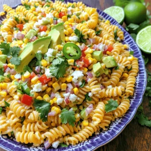 This Mexican Street Corn Pasta Salad brings a burst of flavor and color to any meal. It combines pasta, fresh corn, and spices for a tasty dish. You can enjoy it as a side or a main course. This salad is simple to make and perfect for gatherings. - 8 oz. fusilli pasta - 2 cups fresh corn kernels (or canned corn, drained) - 1 red bell pepper, diced - 1 small red onion, finely chopped - 1 jalapeño pepper, seeded and minced - 1/2 cup cilantro, chopped - 1/2 cup crumbled feta cheese - 1/4 cup mayonnaise - 2 tablespoons lime juice - 1 tablespoon chili powder - 1 teaspoon garlic powder - Salt and pepper to taste - 1 avocado, diced (for garnish) - Lime wedges (for serving) This list gives you everything you need to create a bright and tasty salad. Each ingredient adds its own flair, making this dish fun and exciting. The creamy dressing ties it all together, bringing the flavors to life. For the complete recipe, check out the Full Recipe. Start by boiling water in a large pot. Add a pinch of salt to the water. Once it boils, add 8 oz. of fusilli pasta. Cook it until it's al dente, following the package instructions. This usually takes about 8 to 10 minutes. Drain the pasta in a colander and rinse it under cold water. This stops the cooking and cools the pasta down quickly. Set it aside while you prepare the rest. In a large mixing bowl, gather your fresh ingredients. Add 2 cups of fresh corn kernels. If you use canned corn, make sure it's drained. Next, add 1 diced red bell pepper and 1 finely chopped small red onion. For a spicy kick, include 1 minced jalapeño pepper. Finally, toss in 1/2 cup of chopped cilantro. This mix adds vibrant colors and fresh flavors to your salad. In a small bowl, pour 1/4 cup of mayonnaise. Add 2 tablespoons of lime juice for tanginess. Then, sprinkle in 1 tablespoon of chili powder and 1 teaspoon of garlic powder. Season with salt and pepper to taste. Whisk these ingredients together until they're smooth and well combined. This dressing will bring all the flavors together beautifully. Once your pasta is cool and your vegetables are ready, it’s time to mix. Add the cooled pasta to the bowl with the veggies. Pour the dressing over the top. Mix gently until everything is well coated. Then, fold in 1/2 cup of crumbled feta cheese. This adds a creamy texture and a salty flavor. Cover the salad and chill it in the fridge for at least 30 minutes. This helps the flavors blend. Before serving, top with diced avocado and extra cilantro if you like. Serve with lime wedges on the side for an extra zesty touch. For the full recipe, check the previous section. Cooking pasta right is key for this dish. Use a big pot of water. Make sure it boils before adding pasta. This helps the pasta cook evenly. Stir the pasta often. This stops it from sticking. Check the package for cooking times. You want it al dente, firm but tender. After cooking, drain it well and rinse with cold water. This keeps it from cooking more and helps it stay fresh. To make this dish pop with flavor, use fresh ingredients. Fresh corn adds sweetness and crunch. When you add lime juice, it brightens the whole salad. Chili powder gives it a nice kick. Don’t skip the garlic powder; it adds depth. Mixing in feta cheese adds a creamy and salty touch. Adjust the salt and pepper to your taste. If you want more heat, add extra jalapeño or a dash of hot sauce. Serve this pasta salad cold for the best taste. It makes a great side for grilled meats. Try it with chicken or steak for a full meal. You can also use it as a main dish. Add diced avocado on top for creaminess. Lime wedges on the side enhance the fresh flavors. This salad is perfect for picnics or potlucks. You can make it a day ahead. Let it chill in the fridge to meld the flavors. For the full recipe, check the details above. {{image_2}} You can make this dish heartier by adding protein. Grilled chicken works well. Just cube the cooked chicken and mix it in. Shrimp is another great choice. Cook the shrimp until pink, then add them to the salad. Both options add a satisfying bite. If you want a vegetarian option, simply omit the feta cheese. You can use nutritional yeast for a cheesy flavor. For a vegan twist, replace the mayonnaise with a plant-based version. This keeps the salad creamy and delicious. You can also add black beans for extra protein and fiber. Feta cheese adds a nice tang, but you can switch it up. Try cotija cheese for a more traditional Mexican flavor. Queso fresco is another great option; it has a soft texture. If you want something creamier, use goat cheese. Each cheese brings a unique taste to the dish. Feel free to experiment with these variations. They can make your Mexican Street Corn Pasta Salad even more exciting. You can find the complete details in the Full Recipe. After enjoying your Mexican Street Corn Pasta Salad, store any leftovers in an airtight container. This keeps them fresh. Place the container in the fridge. The salad will stay good for about 3 to 5 days. If you see any signs of spoilage, like strange smells or colors, toss it out. This pasta salad tastes best cold. If you want to warm it, do so gently. Use a microwave and heat it in short bursts. Stir between each burst to avoid hot spots. You can also let it sit at room temperature for a bit before serving. I do not recommend freezing this salad. The texture of the pasta and vegetables changes when frozen. If you must freeze it, keep only the pasta and corn. Avoid the dressing and fresh veggies. To thaw, place it in the fridge overnight. You can then mix in fresh ingredients before serving. For the full recipe, visit the recipe section. Yes, you can use frozen corn. Just thaw it first. Frozen corn tastes sweet and is easy to work with. It cooks quickly, which is great for this dish. If you choose frozen corn, it will still give you that delicious taste. You can store this salad in the fridge for about three days. Make sure to keep it in an airtight container. The flavors will blend more over time. However, the veggies may lose some crunch. If you want the best texture, eat it within two days. Absolutely! Making this salad ahead of time works well. It tastes better after chilling in the fridge for at least 30 minutes. This helps the flavors mix. You can prepare it a day in advance if needed. Just add avocado just before serving. For the full recipe, check out the earlier section. This blog post shared a simple and tasty Mexican Street Corn Pasta Salad recipe. We covered the ingredients you need, steps to prepare, and helpful tips. You can customize it with proteins or different cheeses. Plus, we discussed storage options for leftovers. Enjoy this fresh dish at your next meal. It’s easy to make and sure to impress. Get creative with flavors and pairings to suit your taste. Enjoy cooking and sharing this salad with friends and family!