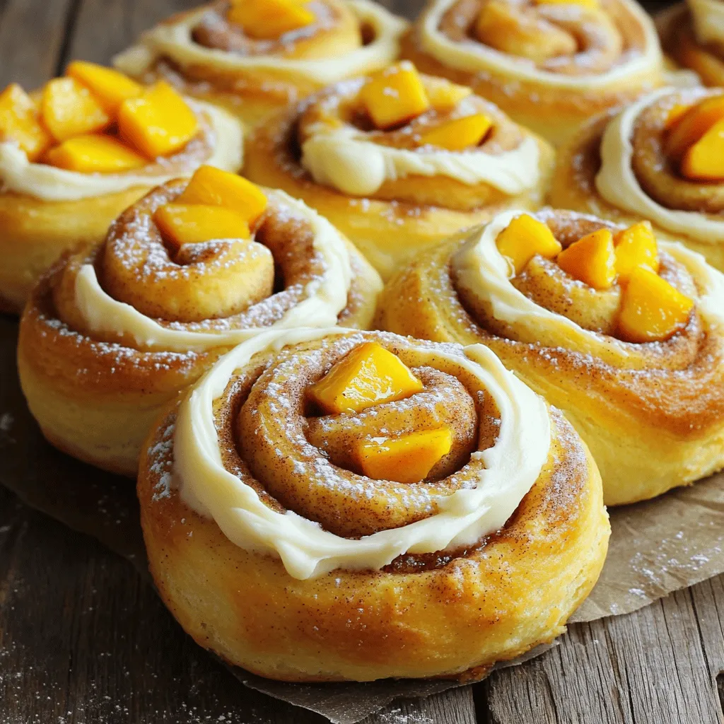 To make peach cobbler cinnamon rolls, you need fresh and simple ingredients. Here’s what you will gather: - 1 cup warm milk (110°F) - 2 ¼ teaspoons active dry yeast - 1/3 cup granulated sugar - 1/4 cup unsalted butter, melted - 1 large egg - 4 cups all-purpose flour - 1 teaspoon ground cinnamon - 1/2 teaspoon salt - 3 medium peaches, peeled and diced - 1 tablespoon lemon juice - 1 cup brown sugar, packed - 1 tablespoon ground cinnamon - 1/4 cup unsalted butter, softened (for filling) - 1 cup cream cheese, softened (for frosting) - 1/2 cup powdered sugar - 1 teaspoon vanilla extract These ingredients work together to create soft rolls with a sweet peach filling. The yeast makes the dough rise, giving it a nice texture. The peaches add a burst of flavor, while the cinnamon brings warmth. The cream cheese frosting ties it all together, making every bite a delight. For the full recipe, follow the steps closely to get the best results. Enjoy the process and the delicious outcome! First, grab a large mixing bowl. Pour in 1 cup of warm milk, about 110°F. Add 2 ¼ teaspoons of active dry yeast and 1/3 cup of granulated sugar. Stir gently and let it sit until frothy, around 5 minutes. Next, add 1/4 cup of melted unsalted butter and 1 large egg. Mix until everything blends well. In another bowl, combine 4 cups of all-purpose flour, 1 teaspoon of cinnamon, and 1/2 teaspoon of salt. Slowly add this dry mix to your wet ingredients. Stir until a dough forms. Now, turn the dough out onto a floured surface. Knead it for about 5 to 7 minutes. You want it smooth and elastic. Place it in a greased bowl and cover it with a kitchen towel. Let it rise in a warm spot for about 1 hour, or until it doubles in size. While the dough rises, prepare the filling. In a medium bowl, take 3 medium peaches, peel, and dice them. Toss the diced peaches with 1 tablespoon of lemon juice. This helps keep their bright color. After the dough has risen, punch it down. Roll it out on a floured surface into a rectangle, about 1/4 inch thick. Spread softened butter over the dough. Then, sprinkle a mix of 1 cup of packed brown sugar and 1 tablespoon of ground cinnamon evenly over it. Don't forget to add the diced peaches on top! To make great peach cobbler cinnamon rolls, you need the right dough. The dough should feel soft and smooth. If it feels sticky, add a bit more flour, one tablespoon at a time. Knead the dough well for about 5-7 minutes. This helps develop gluten and gives the rolls their nice texture. You can also try different rising methods. If your kitchen is cold, turn on your oven for a minute and then turn it off. Place the dough inside to rise. The warm air helps it rise better. Spices can take your rolls to the next level. Try adding nutmeg or ginger for a warm kick. Cinnamon is a must, but don't be shy to experiment! Choosing the right peaches is key. Fresh, ripe peaches work best. If peaches are out of season, you can use canned or frozen peaches. Just make sure to drain them well. Dicing the peaches helps spread their flavor throughout the rolls. For the full recipe, check the earlier section. Enjoy your baking! {{image_2}} You can swap peaches for other fruits. Apples work well, too. Slice them thinly and toss with lemon juice. This will keep them fresh. Berries are another great choice. Blueberries and raspberries add a burst of flavor. You can even mix fruits for a fun twist. A mixed fruit version gives you a new taste every time. Frosting can change the whole feel of your rolls. You might love chocolate frosting on your peach cobbler cinnamon rolls. It adds a rich layer of flavor. Cream cheese frosting is a classic choice. It’s sweet and creamy, which pairs well with the fruit. Glazes are also nice to try. A simple glaze of powdered sugar and milk can make your rolls shine. Each option adds something special to your treat. Check out the Full Recipe for more ways to enjoy these rolls! To keep your peach cobbler cinnamon rolls fresh, use these tips: - Refrigeration: Place rolls in an airtight container. They stay good for about 3 days. - Freezing: For longer storage, freeze the rolls. Wrap each one in plastic wrap, then in foil. They last up to 3 months in the freezer. You want to enjoy your rolls warm. Here’s how: - Microwave: Place a roll on a microwave-safe plate. Heat for about 10-15 seconds. This warms it up but can make it a bit chewy. - Oven: Preheat your oven to 350°F. Wrap the rolls in foil. Heat for about 10-15 minutes. This keeps them soft and delicious. With these storage and reheating tips, your peach cobbler cinnamon rolls will taste fresh and delightful! For the full recipe, check out the complete guide. To make these rolls vegan, you can swap some ingredients. Use plant-based milk, like almond or oat milk. Replace the egg with a flaxseed egg. Mix 1 tablespoon of ground flaxseed with 2.5 tablespoons of water and let it sit for 5 minutes. For butter, use vegan butter or coconut oil. For the frosting, use a dairy-free cream cheese alternative. These changes keep the taste and texture amazing while being vegan! Yes, you can prepare the dough ahead of time. After mixing and kneading, let it rise for about 1 hour. Then, punch it down and cover it tightly. You can store it in the fridge overnight. When you are ready to bake, take it out and let it come to room temperature. This helps the dough rise again before you shape it into rolls. Pair peach cobbler cinnamon rolls with a cup of coffee or tea. A sweet iced tea also works well. For a side dish, consider fresh fruit salad. It adds a nice balance to the sweet rolls. You could also serve them with whipped cream or vanilla ice cream for a special treat. This blog showed you how to make delicious peach cobbler cinnamon rolls. We covered the key ingredients, step-by-step instructions, and helpful tips. You also learned about fun variations and storage tips. Remember, you can mix fruits or change frostings to make it your own. Always use fresh peaches for the best taste. Finally, store the rolls properly to enjoy later. Now, get baking and share your tasty treats with friends!