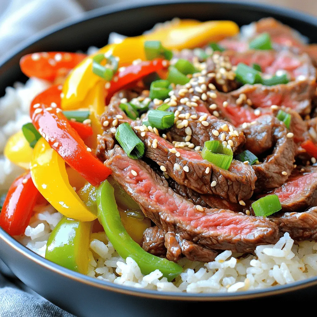 For this savory dish, you need: - 1 lb beef sirloin, thinly sliced - 1 cup jasmine rice - 2 tablespoons soy sauce - 1 tablespoon sesame oil - 1 red bell pepper, sliced - 1 yellow bell pepper, sliced - 1 green bell pepper, sliced - 1 small onion, sliced - 2 cloves garlic, minced - 1 tablespoon fresh ginger, minced - 2 green onions, chopped (for garnish) - Sesame seeds (for garnish) - Salt and pepper to taste - 2 cups water or beef broth These ingredients create a bold flavor that makes the rice bowl stand out. You can add other ingredients for extra taste: - Chili flakes for heat - Fresh herbs like cilantro or basil - A splash of lime juice for tanginess - Sliced carrots for sweetness These options let you customize your dish to your liking. This recipe serves four and offers a good balance of nutrients. Here’s a quick breakdown: - Calories: Approximately 400 per serving - Protein: 30g - Carbohydrates: 45g - Fat: 15g The dish provides a hearty meal with protein and veggies. It’s a fun way to enjoy a mix of flavors while staying full and satisfied. To make the perfect jasmine rice, start by measuring 1 cup of rice. Rinse the rice under cold water to remove excess starch. This step helps the rice stay fluffy. Next, bring 2 cups of water or beef broth to a boil in a medium saucepan. Once boiling, add the rinsed rice. Lower the heat, cover, and let it simmer for 15 minutes. After 15 minutes, the liquid should be absorbed. Fluff the rice with a fork and set aside. Now, let’s marinate the beef. Take your 1 pound of thinly sliced beef sirloin and place it in a bowl. Add 2 tablespoons of soy sauce, 1 tablespoon of sesame oil, 2 minced garlic cloves, and 1 tablespoon of minced ginger. Season with salt and pepper to taste. Mix well and let the beef sit for at least 15 minutes. This marinating step packs the meat with flavor. Next, we will sauté the vegetables. Heat a teaspoon of sesame oil in a large skillet over medium-high heat. Add the sliced onion and your three bell peppers. Stir frequently for about 5-7 minutes. You want them to be tender but still crisp. Once done, remove them from the skillet and set aside. This keeps the veggies fresh and bright. In the same skillet, add a bit more sesame oil if needed. Lay the marinated beef in a single layer. Cook for 2-3 minutes on each side. You want it browned and cooked through. Avoid overcrowding the skillet; you can do this in batches if needed. This method ensures that every piece of beef gets that nice sear. Now it’s time to combine everything. Return the sautéed vegetables to the skillet. Toss the beef and veggies together, mixing well for about a minute. This helps the flavors meld. To serve, place the beef and pepper mixture over the fluffy jasmine rice. Garnish with chopped green onions and sprinkle sesame seeds on top. This adds a delightful crunch and makes the dish look stunning. For the full recipe, check out the details above! To make perfect jasmine rice, use a 1:2 ratio of rice to liquid. Rinse the rice under cold water to remove excess starch. This step helps prevent stickiness. Bring the water or beef broth to a boil before adding the rice. Once you add the rice, lower the heat and cover the pot tightly. Cook for 15 minutes without lifting the lid. After cooking, let it sit for a few minutes. Fluff it gently with a fork for the best texture. A good marinade can elevate your beef. I recommend using soy sauce and sesame oil for a savory taste. Add minced garlic and ginger for extra depth. A pinch of salt and pepper helps too. Let the beef marinate for at least 15 minutes. For more flavor, try adding some chili flakes or lime juice. This will give your dish a nice kick. Searing beef creates a beautiful crust and locks in juices. Start by heating your skillet until it is hot. Use a bit of sesame oil to prevent sticking. Add the marinated beef in a single layer. Avoid overcrowding the pan, as this cools it down. Cook for 2-3 minutes on each side until you see a nice brown color. Finally, let the beef rest for a minute after cooking. This step keeps it tender and juicy. For the full recipe, check out the [Full Recipe]. {{image_2}} If you want a meat-free dish, try using tofu. Tofu absorbs flavors well. Cut firm tofu into cubes and marinate it like the beef. Use the same marinade for a rich taste. Sauté the tofu until golden brown. You can add any mix of your favorite veggies. Broccoli, carrots, and snap peas work great. This creates a colorful and tasty bowl. If you need a gluten-free dish, use tamari instead of soy sauce. Tamari has a similar taste but is safe for gluten-sensitive diets. You can also try coconut aminos. It’s sweeter and less salty, giving a unique twist. This keeps your beef and pepper rice bowl delicious while meeting your dietary needs. To add heat, consider using spicy peppers like jalapeños or serranos. Slice them thin and add during the sauté step. You can also drizzle in some hot sauce. Sriracha or chili garlic sauce adds flavor and spice. Adjust the heat level to your liking for a custom bowl experience. Enjoy experimenting with these variations to find your perfect flavor! After enjoying your Beef and Pepper Rice Bowl, let it cool down. Place leftovers in a sealed container. This keeps it fresh and safe. Store it in the fridge if you plan to eat it soon. If you want to keep it longer, freeze it. Make sure to separate rice and beef for best results. In the fridge, your Beef and Pepper Rice Bowl stays good for about 3 days. After that, the flavors may fade. If frozen, it can last up to 3 months. Just remember, the sooner you eat it, the better it tastes! To reheat, use the microwave or stovetop. If using the microwave, add a splash of water to keep it moist. Cover it with a lid or a damp paper towel. This helps prevent dryness. On the stovetop, warm it in a skillet over low heat. Stir often to keep it evenly hot. Enjoy the savory flavor explosion all over again! For the full recipe, check out [Full Recipe]. Yes, you can use other meats. Chicken, pork, or shrimp work well. Each option brings a unique taste. Just adjust cooking times as needed to ensure everything is cooked properly. This dish pairs nicely with a fresh salad or steamed broccoli. You could also add pickled vegetables for extra crunch. A drizzle of spicy sauce can enhance the flavor too. To add heat, try using spicy peppers like jalapeños or serranos. You can also add chili paste or hot sauce during cooking. Adjust the spice level to match your taste. Yes, you can prep parts ahead of time. Chop vegetables and marinate the beef a few hours before cooking. This will save time and enhance the flavors when you cook it. Jasmine rice is the best choice for this dish. Its fragrant aroma and soft texture complement the beef and peppers. You can also use basmati or brown rice for a different twist. If you want the full experience, check out the Full Recipe. Beef and pepper rice bowls are simple and tasty. We covered key ingredients, cooking steps, and tips to perfect your dish. I shared fun variations for everyone, including vegetarians. Storing leftovers well keeps meals fresh. In conclusion, this meal is easy, delightful, and adjustable. Enjoy making it your own!