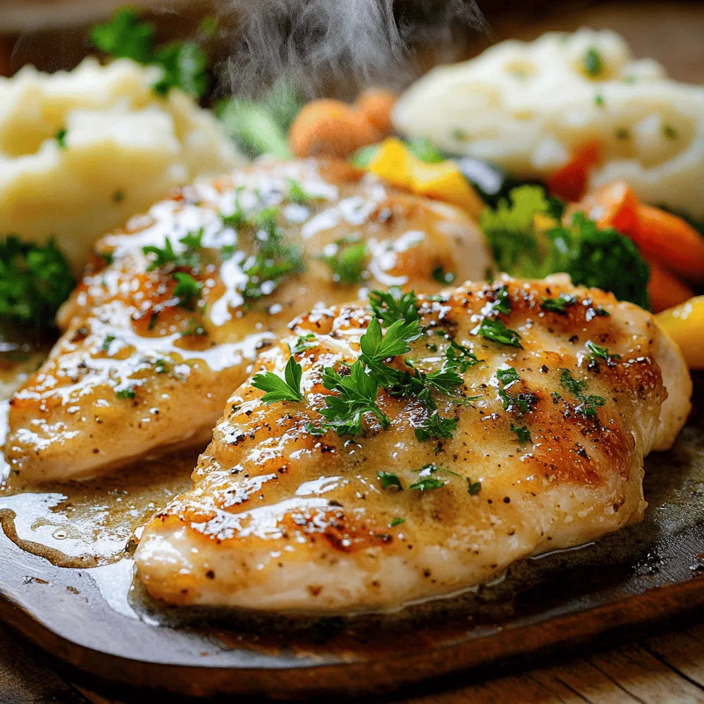 - 4 boneless, skinless chicken breasts - 4 tablespoons unsalted butter - 6 cloves garlic, minced - 1 teaspoon dried thyme - 1 teaspoon paprika - Salt and pepper to taste - 1 cup chicken broth - 2 tablespoons lemon juice - Fresh parsley, chopped for garnish To make garlic butter chicken, use these fresh ingredients. Each plays a key role in flavor. The chicken breasts are juicy and tender. The butter adds richness. Garlic gives a bold, aromatic taste. - Suggested substitutes for chicken: You can use turkey or firm tofu for a change. Both options taste great with this sauce. - Options for low-sodium broth: Use low-sodium chicken broth or vegetable broth. This keeps the dish lighter. - Dairy-free butter alternatives: Try coconut oil or vegan butter. Both work well and keep the dish creamy. When you explore alternatives, you can adjust this dish to fit your needs. Enjoy experimenting with flavors! Start by seasoning the chicken breasts. Use salt, pepper, thyme, and paprika. Make sure to season both sides well. This step builds great flavor. After seasoning, let the chicken sit for about 10 minutes. This time helps the spices soak in. In a large skillet, melt 2 tablespoons of the butter over medium-high heat. Once the butter is bubbling, add the chicken breasts. Cook them for 6-7 minutes on each side. You want them golden brown and fully cooked. Remove the chicken and set it aside. Next, reduce the heat to medium. In the same skillet, add the remaining butter. Let it melt, then add the minced garlic. Sauté for 1-2 minutes. Be careful not to burn the garlic; you want it fragrant. Now, pour in the chicken broth and lemon juice. Scrape the skillet's bottom to release any browned bits. Bring this mix to a gentle simmer. Let it cook for 3-4 minutes to reduce slightly. Return the cooked chicken to the skillet. Spoon the garlic butter sauce over the top. Let it simmer together for another 2-3 minutes. This step allows the flavors to combine nicely. Remove the skillet from heat. Garnish the chicken with freshly chopped parsley. This adds color and a fresh taste. Serve the Garlic Butter Chicken on a platter. Drizzle with the remaining garlic butter sauce. Pair it with steamed vegetables or mashed potatoes for a great meal. Enjoy! To get a great sear, heat your skillet well. A hot skillet gives a nice brown color. If the skillet is too cool, the chicken will steam, not sear. You want to hear a sizzle when the chicken hits the pan. Cook each side for about 6-7 minutes. This timing helps keep your chicken juicy. Overcooking can dry it out. Always check the chicken's internal temperature. It should reach 165°F for safety. Adding herbs boosts the flavor of garlic butter chicken. Consider using fresh thyme or rosemary. These herbs add depth. You can also try adding a pinch of crushed red pepper for heat. Lemon juice balances the dish's richness. It adds a fresh note that cuts through the butter. Use about two tablespoons for a bright taste. One mistake is overcrowding the skillet. If you add too much chicken, the heat drops. This causes the chicken to steam instead of sear. Another mistake is not scraping the bottom of the skillet. Those browned bits hold a lot of flavor. Use a wooden spoon to scrape them up when making the sauce. This simple step enhances the dish’s taste. You can find the full recipe [Full Recipe]. {{image_2}} You can easily swap chicken for shrimp or salmon. Shrimp cooks fast and takes on flavors well. Just sauté it the same way as chicken. Salmon also works great. It has rich flavors that pair nicely with garlic butter. For a vegetarian alternative, try tofu or chickpeas. These options soak up the garlic butter sauce. You can make your meal both tasty and satisfying. To change the flavor, think about adding spices. Cayenne pepper gives a nice kick. Italian seasoning adds warmth and earthiness. You can also switch up the citrus. Instead of lemon, try lime or orange. This adds a fresh twist to your dish. The different flavors keep things exciting and new. You can cook garlic butter chicken in different ways. Baking it in the oven gives you a hands-off approach. Just place the seasoned chicken in a dish, cover, and bake until done. Skillet cooking is faster and adds a nice crisp. For a slow cooker, brown the chicken first. Then, add the garlic butter sauce and let it simmer all day. This method makes the chicken tender and full of flavor. To keep your garlic butter chicken fresh, follow these tips: - Refrigeration: Let the chicken cool to room temperature. Place it in an airtight container. Store it in the fridge for up to three days. - Freezing: For longer storage, wrap the chicken tightly in plastic wrap. Then, place it in a freezer bag. It can last up to three months in the freezer. When it's time to enjoy your leftovers, you have options: - Microwave: Place the chicken on a microwave-safe plate. Cover it loosely and heat for 1-2 minutes. Check to avoid drying it out. - Stovetop: Heat a skillet over medium heat. Add a splash of chicken broth to keep the chicken moist. Heat for about 5-7 minutes, flipping once. Knowing how long your dish stays fresh is key: - Garlic butter chicken stays good in the fridge for about three days. If frozen, it can last up to three months. - Signs of spoilage: If you see mold, a strange odor, or discoloration, it’s best to throw it away. Always trust your senses! You can pair garlic butter chicken with many tasty sides. Here are some ideas: - Steamed broccoli - Mashed potatoes - Roasted carrots - Rice pilaf - Garlic bread - A fresh salad These sides add color and flavor to your meal. They balance the rich and buttery chicken well. You can also mix and match to suit your taste. Yes, you can make garlic butter chicken ahead of time. Here are some tips: - Cook the chicken and garlic sauce. - Let it cool completely. - Store it in an airtight container in the fridge for up to three days. When ready to eat, just reheat it gently on the stove. This saves time on busy days. Garlic butter chicken can be part of a healthy meal. Here’s what to consider: - Chicken is a good source of protein. - Garlic has many health benefits, like boosting immunity. - Using butter adds fat, but choose unsalted for less sodium. You can adjust the recipe to fit your dietary needs. For a lighter version, try using less butter or adding more veggies. This blog post guides you through making delicious garlic butter chicken. We covered the key ingredients and their substitutes to customize the dish. I provided clear instructions for prepping, cooking, and garnishing the meal. You also learned tips to make it perfect and explored variations for different tastes and dietary needs. In closing, this dish is simple to make and brings rich flavor to your table. You can easily adapt it to suit your style. Enjoy cooking and impressing others with your garlic butter chicken!