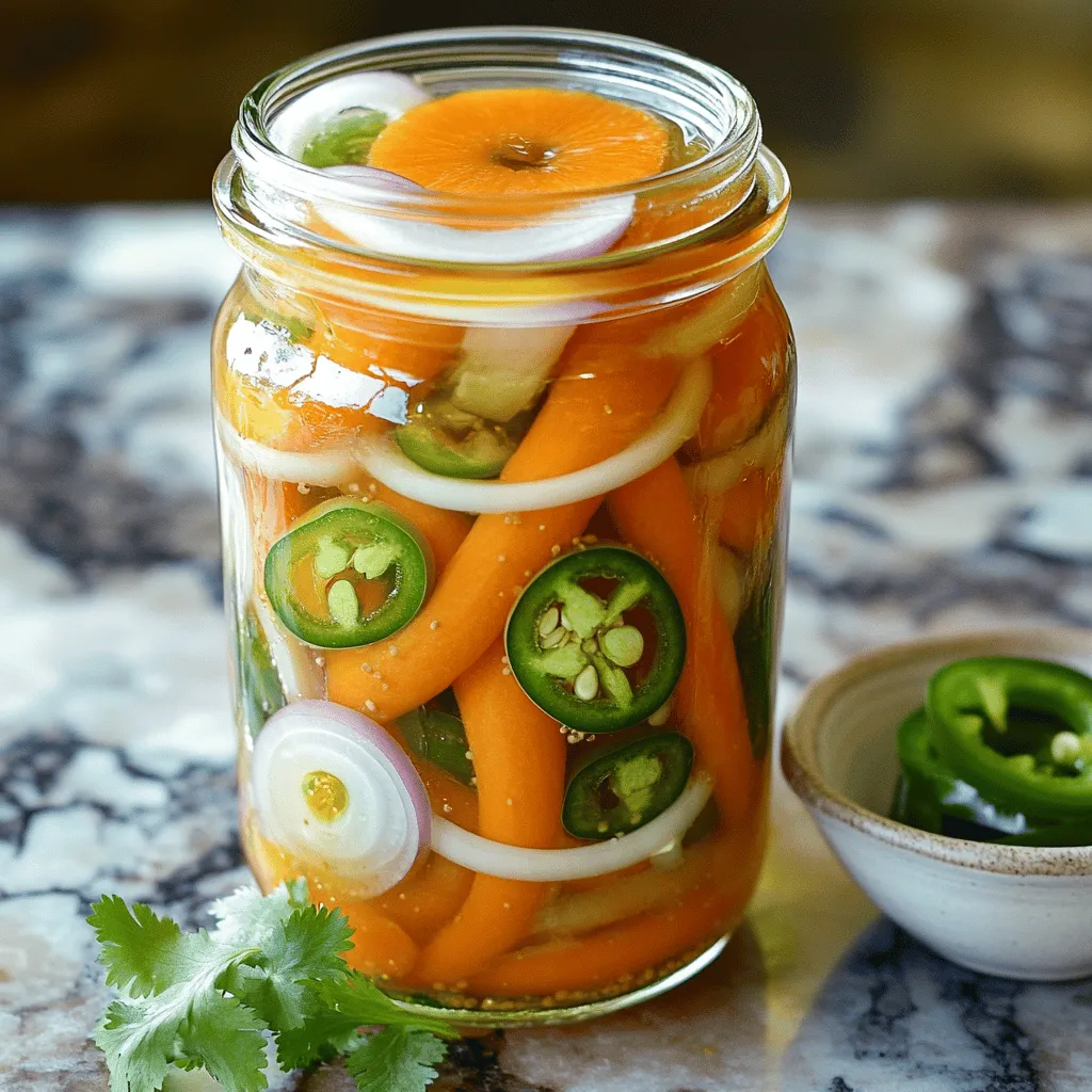 - 4 medium-sized carrots - 1 small white onion - 1 cup apple cider vinegar - 1 cup water - 1 tablespoon sugar - 1 teaspoon salt - 2 cloves garlic - 1 teaspoon dried oregano - 1/2 teaspoon cumin seeds - 1-2 jalapeños - Bay leaves (optional) Choose fresh, firm carrots for the best taste. Fresh vegetables bring out the flavors. If you can, buy organic carrots and onions. Organic produce tends to be cleaner and tastier. The choice matters when pickling. Look for bright colors and no soft spots. You can swap apple cider vinegar for white vinegar or rice vinegar. Each gives a different taste. Want a twist? Add spices like coriander or mustard seeds. You can also pickle radishes, cucumbers, or cauliflower alongside carrots. These add fun textures and flavors to your dish. To start, you need to prepare your vegetables properly. First, peel the carrots. Then, slice them into thin rounds. This helps them soak up flavor better. Next, take the onion and slice it thinly too. This will add a nice crunch and flavor. Now, let’s make the pickling liquid. In a medium saucepan, combine: - 1 cup apple cider vinegar - 1 cup water - 1 tablespoon sugar - 1 teaspoon salt - 2 cloves garlic, peeled and smashed - 1 teaspoon dried oregano - 1/2 teaspoon cumin seeds - Bay leaves (optional) Bring this mixture to a gentle boil over medium heat. Stir it occasionally. Make sure the sugar and salt dissolve. Once boiling, remove it from heat and let it cool for about 10 minutes. While the pickling liquid cools, let’s jar the vegetables. In a clean jar, layer the sliced carrots, onion, and jalapeños. Pack them tightly but don’t squish them. This makes sure each bite is full of flavor. Next, carefully pour the cooled pickling liquid over the vegetables. Make sure they are fully submerged. If they are not, add more water and vinegar in equal parts. Seal the jar with a lid and let it cool to room temperature. For the best flavor, refrigerate the jar for at least 24 hours. If you can wait, let it sit for 3 to 5 days. The longer it sits, the better the taste. Refrigeration is important to keep everything fresh and safe to eat. Enjoy your pickled carrots as a tasty side dish or topping! For the full recipe, check the earlier section. To make your pickled carrots just right, you can adjust the spice level. If you like heat, leave some seeds in the jalapeños. For less heat, remove all the seeds. This small step changes everything. You can also add a touch of sweetness. Try adding more sugar or some honey to the pickling mix. This balance gives depth to the flavor. One common mistake is not sealing the jar correctly. Always check that the lid is tight. If air gets in, the carrots can spoil. Another issue is not letting the pickling liquid cool. Pouring hot liquid over veggies can make them soggy. You should also avoid overpacking the jar. If you squish the veggies, they won't pickle well. Leave space for the liquid to flow around them. Pickled carrots pair well with tacos and sandwiches. They add a crunchy, zesty taste. You can also use them in salads for a fresh kick. Another fun idea is to top burgers with them. They give a bright pop of color and flavor. You can even serve them as a snack with chips or cheese. Get creative and enjoy! {{image_2}} In Mexico, pickled carrots change by region. Each area adds its flair. For example, in Baja California, you might find them with fresh lime juice and cilantro. In Oaxaca, they may include spices like allspice or cloves. These local touches create unique flavors, making every jar special. You can experiment with ingredients based on where you are or what you love. You can easily make this recipe vegan. Just skip any animal products, and you’re set! For gluten-free options, check your vinegar label. Most apple cider vinegar is gluten-free. If you want to store them for a long time, canning is a great choice. Use sterilized jars and follow safe canning practices. This keeps your carrots fresh and tasty for months. Pickled carrots are great in salads. Just toss them in for a crunchy bite. You can also add them to salsas for extra zing. They brighten up any dish! If you want to make gifts, pack pickled carrots in jars. Tie a ribbon around the lid, and you have a lovely present. Everyone loves homemade treats! For the full recipe, check the main article. Store your pickled carrots in a clean glass jar. Make sure to use a jar with a tight lid to keep out air. This helps keep your carrots crunchy and tasty. If you want them to last longer, refrigerate them. You can also can them for longer storage. Canning requires special jars and boiling, but it can keep them fresh for months. Pickled carrots will stay fresh in the fridge for about two to three weeks. You can tell if they are bad if they smell sour or look cloudy. If you see mold, throw them away. Always check for signs of spoilage before eating. Fresh, crisp carrots will taste great, so enjoy them while they are good. Don't toss that leftover pickling liquid! You can use it in other recipes. It makes a great salad dressing or marinade. You can also add it to soups for an extra kick. If you want more pickled veggies, just add more sliced carrots or other root vegetables to the jar. They will soak up that yummy flavor! You should let your pickled carrots sit for at least 24 hours. This time helps the flavors mix well. For the best taste, wait 3 to 5 days. The longer they sit, the better they taste. This marinating time allows the vinegar to soak into the carrots. It also makes the flavors bright and tangy. Yes, you can use many other vegetables for pickling. Some great options include: - Radishes - Cauliflower - Bell peppers - Green beans - Zucchini Mix and match to create your own unique blend. Each vegetable adds its own flavor and texture. They all pickle well with the same spices and vinegar. Pickled carrots are very versatile. You can serve them with: - Tacos - Sandwiches - Salads - Grilled meats - Rice dishes They add a crunchy and tangy kick to any meal. You can even snack on them straight from the jar! Pickled carrots are safe to eat for up to 2 months in the fridge. After that, they may lose their crunch and flavor. Always check for any signs of spoilage, like off smells or mold. If they look or smell strange, it's best to toss them. Remember to keep them sealed tightly to maintain freshness. For more ideas, check the Full Recipe for storing tips! Pickling carrots can transform simple veggies into a savory delight. We covered ingredients, preparation steps, and even regional variations. Always use fresh produce for the best taste. Remember to cool your pickling liquid properly and avoid overpacking jars. Try new flavors as you experiment with spices. Pickled carrots are great for salads or as a tasty snack. Enjoy the process and make it your own! Happy pickling!