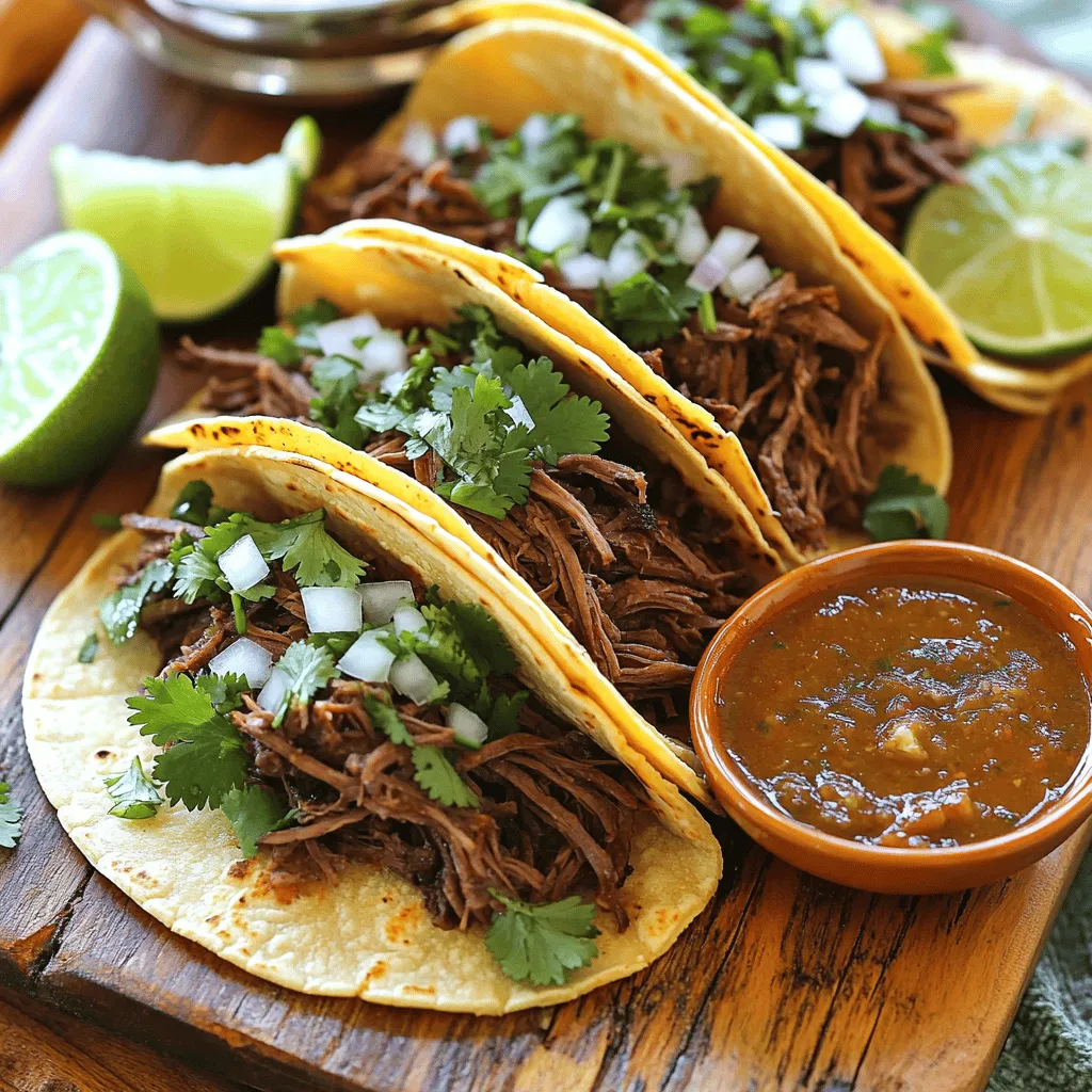 To make Slow Cooker Birria Tacos, you need a few key ingredients. Let's break them down into three groups: beef and vegetables, spices and seasonings, and tortillas and garnishes. - Beef and Vegetables - 3 lbs beef chuck roast, cut into chunks - 1 large onion, quartered - 4 cloves garlic, minced - Spices and Seasonings - 2 dried guajillo chiles, stems and seeds removed - 2 dried ancho chiles, stems and seeds removed - 2 cups beef broth - 1 tablespoon apple cider vinegar - 1 teaspoon cumin - 1 teaspoon oregano - 2 bay leaves - Salt and pepper to taste - Tortillas and Garnishes - Corn tortillas - Fresh cilantro, chopped - Onion, chopped for garnish - Lime wedges for serving These ingredients create a rich and flavorful taco experience. The beef chuck roast gives depth, while the chiles add a nice kick. The broth and spices meld together, making a delicious sauce to dip your tacos in. When you garnish with cilantro, onion, and lime, you add freshness and brightness. For the complete recipe, check out the Full Recipe and get ready to impress your friends and family! Toasting and Soaking First, I toast the dried guajillo and ancho chiles. I heat a dry skillet over medium heat. I add the chiles and toast them for about 2-3 minutes. I want them to smell great but not burn. Once they are fragrant, I remove them from the heat. Next, I soak the chiles in hot water for about 15 minutes. This softens them and makes blending easier. Blending the Sauce After soaking, I blend the chiles with onion, garlic, and beef broth. I also add apple cider vinegar, cumin, oregano, and a pinch of salt. I blend until the sauce is smooth. This sauce is packed with flavor and will coat the meat perfectly. Properly Coating the Beef In a large bowl, I season the beef chunks with salt and pepper. It’s important to coat them well. The seasoning enhances the meat's flavor. I make sure each piece is covered. This step is key to making the final dish taste amazing. Cooking Times and Methods I transfer the seasoned beef into my slow cooker. I pour the blended sauce over the beef. I also add bay leaves for extra flavor. I mix everything to coat the meat well. I then cover the pot and set it to cook on low for 8 hours. If I'm short on time, I can also cook it on high for 4 hours. Shredding the Meat Once the cooking time is up, I check the meat. It should be tender and easy to shred. I remove the beef from the slow cooker and use two forks to shred it. After shredding, I return the meat to the pot. I stir it back into the rich sauce. This final step ensures that every bite is full of flavor. For the full recipe, check out the details above. To get the best flavor in your birria tacos, spice adjustments matter. I often add more cumin for warmth. If you like heat, try adding a few more dried chiles. This small tweak makes a big difference. Cooking time is critical for flavor too. Slow cooking for eight hours gives the meat time to soak up all those spices. The longer you cook, the more tender the beef becomes. Don't rush this step. It’s worth the wait! When serving birria tacos, traditional pairings shine. A side of rice and beans works well. You can also serve pickled onions for a touch of tang. For garnishes, fresh cilantro and diced onion add great flavor. Squeeze a lime wedge over the tacos for brightness. You can even dip your tacos into the rich consomé left in the slow cooker. This adds extra flavor and richness to your meal. For the complete cooking process, check out the Full Recipe. {{image_2}} You can switch up your birria tacos in fun ways. Want to try different proteins? You can use chicken, pork, or even jackfruit for a plant-based option. Each protein gives the tacos a new twist. For those who want to add veggies, consider using mushrooms or zucchini. These options add great texture and flavor to your meal. Next, let’s talk tortillas. Corn tortillas are classic, but you can try flour tortillas for a softer bite. You can also use whole wheat tortillas for a healthier choice. Each type changes the taste and feel of your tacos. Birria has many styles based on where you are. In Jalisco, they often add spices like cinnamon and cloves. This gives a warm, rich flavor. Meanwhile, in Tijuana, they serve it with a side of broth, perfect for dipping. Taco serving traditions also vary. Some like to top their tacos with radishes and avocado. Others may add a splash of hot sauce for extra heat. Try different combinations to find your favorites. To explore the full recipe, check the Slow Cooker Birria Tacos section above. To keep your Slow Cooker Birria Tacos fresh, store leftovers right after eating. Place the meat and sauce in an airtight container. This helps them stay juicy and tasty. You can refrigerate them for up to three days. If you want to save them longer, freeze them. Just ensure you use a freezer-safe container. They will keep well for about three months in the freezer. When you're ready to enjoy your leftovers, reheating is key for the best taste. The best method is to use a stovetop. Pour the meat and sauce into a pan over low heat. Stir often until it's hot. This keeps the meat tender and flavorful. You can also use a microwave, but it may dry out the meat. If using a microwave, heat it in short bursts and stir in between. Enjoy your delicious Birria Tacos just like the first time! Birria comes from Jalisco, Mexico. This dish has deep roots in Mexican culture. It began as a stew made with goat meat. Over time, people started using beef, pork, and lamb. The dish is often served at special events and celebrations. The rich flavors come from a mix of spices and dried chiles. Today, Birria is popular in many places, especially in taco form. Yes, you can use different cuts of meat for Birria. Some good options are brisket, short ribs, or lamb. Each cut offers a unique flavor and texture. Just make sure the meat is tender and can shred easily after cooking. If you want a leaner option, try using chicken thighs. Adjust the cooking time based on the meat you choose. To enjoy Birria tacos, serve them with a side of consomé. Consomé is the broth from the slow cooker. It is rich and full of flavor. Dip the tacos in the consomé for a delicious taste. For garnish, add chopped cilantro and onion on top of the meat. Squeeze fresh lime juice over the tacos to enhance the flavor. This creates a perfect balance of taste and texture. For the full experience, pair the tacos with lime wedges and fresh veggies. In this post, we covered the key ingredients, cooking steps, and tips for perfect Birria Tacos. You learned how to prepare the chiles, season the meat, and slow-cook for rich flavor. Plus, I shared ways to customize your tacos and store leftovers. Birria Tacos are a fun and tasty dish. They bring a taste of tradition to your table. Enjoy making your own unique Birria Tacos!