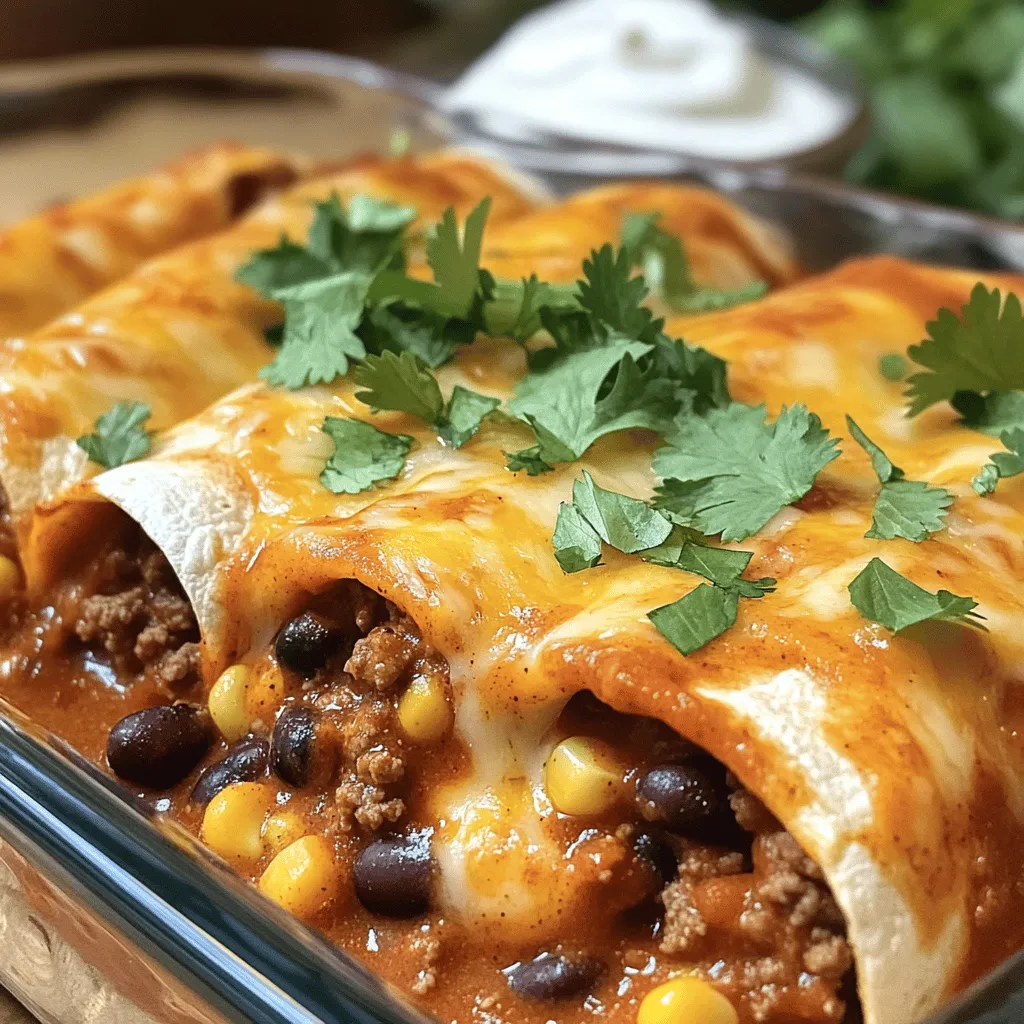 - 1 lb ground beef - 1 small onion, finely chopped - 2 cloves garlic, minced - 1 teaspoon cumin - 1 teaspoon chili powder - 1/2 teaspoon paprika - 1 can (15 oz) black beans, rinsed and drained - 1 cup corn kernels (fresh or frozen) - 2 cups shredded cheese (cheddar or a Mexican blend) - 8 corn tortillas - 1 can (10 oz) enchilada sauce To make tasty ground beef enchiladas, start with these required ingredients. Ground beef gives a rich flavor and a good protein boost. Onion and garlic add depth and aroma. The spices, cumin, chili powder, and paprika, create that classic enchilada taste. Black beans and corn bring texture and sweetness. Cheese adds creaminess and helps bind everything together. Corn tortillas hold the filling and soak up the sauce, while enchilada sauce gives that final touch of flavor. - Sliced jalapeños, bell peppers - Different types of cheese - Fresh herbs and garnishes Feel free to mix things up! Sliced jalapeños and bell peppers can add heat and crunch. You can use different cheeses for a unique taste, like pepper jack for spice or Monterey Jack for mildness. Fresh herbs, like cilantro, can brighten your dish and add a pop of color. - Large skillet - Baking dish - Measuring cups and spoons Make sure to have the right tools. A large skillet is perfect for browning the beef and sautéing the onion and garlic. A baking dish will hold your rolled enchiladas as they bake. Measuring cups and spoons are essential for accurate ingredients. With these tools, you can create delicious ground beef enchiladas with ease. For the full recipe, check out the details above! - Preheat your oven to 350°F (175°C). - In a large skillet, heat a tablespoon of oil over medium heat. - Add one finely chopped onion and two minced garlic cloves. - Sauté until the onion turns soft, about 3-4 minutes. - Add one pound of ground beef to the skillet. - Break the meat apart with a spatula as it cooks. - Brown the beef for about 5-7 minutes until fully cooked. - Drain any excess fat to keep it healthy. - Stir in one teaspoon of cumin, chili powder, and paprika. - Add one can of black beans and one cup of corn. - Cook for another 3 minutes until everything is hot. - Take a corn tortilla and fill it with the beef mix. - Sprinkle some cheese on top of the filling. - Roll the tortilla tightly and place it seam-side down in a baking dish. - Repeat this step for all eight tortillas. - Pour one can of enchilada sauce over the rolled tortillas. - Make sure they are covered well with sauce. - Top with the remaining cheese for extra flavor. - Place the baking dish in the preheated oven. - Bake for 20-25 minutes until the cheese is bubbly and golden. - Let the enchiladas rest for a few minutes when done. - Serve with fresh cilantro and sour cream on the side. For the complete recipe, check the Full Recipe section. To boost the flavor of your ground beef, start with the right seasonings. I recommend using a mix of cumin, chili powder, and paprika. These spices add depth to your meat. Don't forget to taste as you go! Adjust the spices to match your preference. For enchilada sauce, choose one that has a rich flavor. Look for options that have a good mix of spices and heat. You can also make your own sauce if you want to control the ingredients. This way, you can customize it to your taste. To get that bubbly cheese on top, bake your enchiladas until the cheese is golden. This usually takes about 20-25 minutes. Keep an eye on them to prevent burning. To avoid soggy tortillas, ensure they are warm before rolling. This helps them stay intact. Also, don't soak them too long in the sauce. Instead, pour just enough sauce over the rolled enchiladas to keep them moist. For the best accompaniments, serve your enchiladas with fresh cilantro and a dollop of sour cream. These add a nice contrast to the rich flavors. When plating, stack the enchiladas neatly on a colorful plate. Drizzle extra enchilada sauce on top, and sprinkle some cheese and cilantro for a lovely look. This makes your meal not only tasty but also visually appealing. For the full recipe, check out the link provided. {{image_2}} You can make delicious vegetarian enchiladas by using lentils or mushrooms instead of ground beef. Lentils are packed with protein and fiber. They soak up flavors well, making the dish hearty. Mushrooms add a nice texture and umami taste. You can also fill your enchiladas with extra vegetables like bell peppers, spinach, or zucchini. These veggies add color and nutrients. To change up the flavor, consider adding some spicy or sweet elements. A hint of jalapeño or chipotle peppers can spice things up. If you prefer sweet, try adding corn or a touch of honey. Mixing different beans, like pinto or kidney beans, can add variety and depth. Each bean brings its own flavor and texture, making your enchiladas unique. You can cook enchiladas in a slow cooker for a hands-off meal. Simply layer your ingredients in the cooker and let them meld together over hours. This method makes the flavors richer. If you are short on time, use an Instant Pot. You can cook everything quickly and have a tasty meal ready in no time. Just follow the same assembly steps and adjust the time for pressure cooking. For the full recipe, check out the previous section of this article. To store your leftover enchiladas, first let them cool down. Place them in an airtight container. Keep the container in the refrigerator. Your enchiladas will stay fresh for up to three days. If your enchiladas have sauce, they may last a day longer. For longer storage, freezing is a great option. Wrap each enchilada in plastic wrap. Then, place them in a freezer-safe bag or container. This will keep out air and prevent freezer burn. Enchiladas can last up to three months in the freezer. To thaw, move them to the fridge overnight. For reheating, place them in a preheated oven at 350°F (175°C) for about 20 minutes. This will warm them through and keep the tortillas tender. In the fridge, enchiladas last about 3-5 days. In the freezer, they can last up to three months. Always check for signs of spoilage before eating. If you see mold or an off smell, it’s best to throw them away. To keep enchiladas crisp, use these tips: - Warm the tortillas briefly. - Dip them in hot enchilada sauce. - Keep the filling dry. - Avoid overloading with sauce. These steps help the tortillas stay firm. Soggy tortillas can ruin your meal. So, treat them right! Yes, you can prepare enchiladas ahead. Here are options for meal prep: - Assemble them the night before. - Store in the fridge, covered. - Bake them fresh in the morning. This saves time on busy nights. Just pop them in the oven when ready! To reheat enchiladas, follow these techniques: - Use an oven for even heating. - Cover with foil to retain moisture. - Heat at 350°F (175°C) for 15-20 minutes. This keeps the flavors rich and the texture intact. Absolutely! Here are some alternatives: - Ground turkey or chicken for leaner options. - Black beans for a vegetarian choice. - Shredded pork or beef for a twist. These swaps cater to different diets and taste preferences. Get creative with your ingredients! Ground beef enchiladas are simple and tasty. You need key ingredients like ground beef, spices, tortillas, and cheese. Follow the steps to prepare, cook, assemble, and bake them. With tips on flavor and texture, you can make them even better. Variations, like a vegetarian option, expand your choices. Store leftovers correctly for future meals. Now, enjoy making this dish that brings joy to the table!
