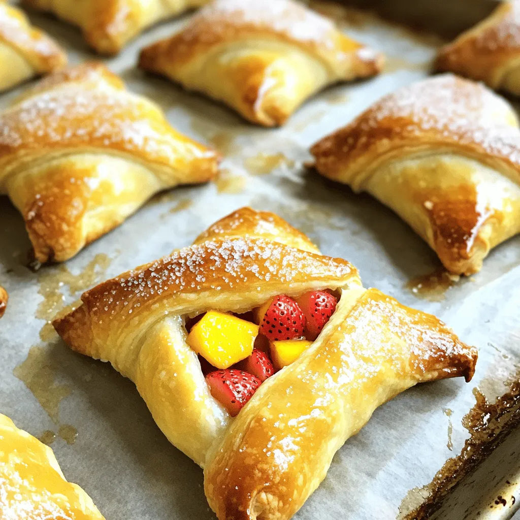 - 1 cup fresh strawberries, hulled and sliced - 1 cup fresh peaches, pitted and diced - 1/4 cup granulated sugar - 1 tablespoon lemon juice - 1 tablespoon cornstarch - 1 teaspoon vanilla extract - 1 package (8 oz) refrigerated crescent roll dough - 1 egg, beaten (for egg wash) - 1 tablespoon coarse sugar (for topping) Gathering fresh ingredients is key to making these Easy Strawberry Peach Pie Bites shine. I love using ripe strawberries and juicy peaches for the best flavor. When you choose your fruit, look for bright colors and a sweet smell. This ensures your bites will taste amazing. The granulated sugar in the recipe helps balance the natural tartness of the fruit. Lemon juice adds a nice zing and brightens up the flavors. Cornstarch thickens the filling, preventing it from becoming too runny. Vanilla extract adds warmth to every bite. Using refrigerated crescent roll dough makes this recipe simple and quick. It gives a nice flaky texture. The egg wash makes the bites golden and adds a beautiful shine. Coarse sugar on top gives a sweet crunch that everyone loves. For the full recipe, check the section labeled "Full Recipe" above. You'll find everything you need to create these delightful treats! Start by combining the sliced strawberries and diced peaches in a bowl. Add the sugar and lemon juice. This mixture will draw out the fruit's natural juices. Let it sit for about 10 minutes. This step is called macerating. It helps enhance the flavors and makes the filling juicy. Next, unroll the crescent roll dough on a clean surface. Separate the dough into triangles as shown on the package. Take about 1 tablespoon of the fruit filling and place it at the wide end of each triangle. Carefully roll the dough from the wide end to the tip, sealing the filling inside. Pinch the edges to make sure it stays closed. Place each rolled pie bite on your baking sheet. Now, preheat your oven to 375°F (190°C) and line a baking sheet with parchment paper. Brush the tops of your pie bites with the beaten egg. This gives them a nice golden color. Sprinkle coarse sugar on top for added sweetness. Bake them for 12-15 minutes. Keep an eye on them until they turn golden brown and the filling bubbles. Remove them from the oven and let cool for a few minutes. Enjoy these Easy Strawberry Peach Pie Bites warm or at room temperature! For the full recipe, check out the details above. To make your Easy Strawberry Peach Pie Bites taste even better, adjust the sweetness. If your fruit is very sweet, use less sugar. If you want a sweet touch, add more sugar. You can also enhance flavors with spices. A sprinkle of cinnamon or nutmeg can add warmth. Try adding a bit of ginger for a fun twist. To get the best texture, sealing the dough is key. Pinch the edges tightly to keep the filling inside. If you don’t seal well, the juices may leak out. To avoid soggy bottoms, make sure to bake them until golden. Use parchment paper to help with the crispiness. The hot oven will help the bottoms stay firm. When serving at gatherings, place them on a colorful platter. This makes them stand out. You can also add a scoop of vanilla ice cream or whipped cream on the side. Fresh mint leaves can add a pop of color. A light dusting of powdered sugar on top will make them look even more inviting. {{image_2}} You can swap strawberries and peaches for other fruits. Blueberries and raspberries work well. Cherries and plums are also great choices. Mixing fruits adds depth and flavor. Try combining different fruits for a unique pie bite. You can make a berry blend or mix stone fruits. Each choice changes the taste and texture, keeping things exciting. If you want a different texture, try puff pastry instead of crescent rolls. Puff pastry gives a flaky and crispy bite. It adds a gourmet feel to your dessert. If gluten-free is your goal, use gluten-free dough. Many brands offer gluten-free options that taste great. Just make sure to follow the cooking times for the best results. Adding zests or extracts boosts the flavor. Lemon or orange zest brightens the fruit. Almond extract adds a lovely nutty taste. For a spicy twist, sprinkle in cinnamon or nutmeg. These spices enhance the warmth of the fruit. A little creativity can turn a simple treat into something special. For the full recipe and more tips, check out the Easy Strawberry Peach Pie Bites. To store leftover pie bites, place them in an airtight container. Keep them in the fridge. This way, they stay fresh for up to three days. When you want to enjoy them, simply reheat in the oven. This keeps the dough crispy. For long-term storage, you can freeze the pie bites. If they are unbaked, freeze them on a baking sheet first. Once they are firm, transfer them to a freezer bag. For baked pie bites, let them cool completely before freezing. Thaw unbaked bites in the fridge overnight before baking. For baked bites, reheat them in the oven for the best taste. These pie bites can last in the fridge for three days. In the freezer, they will last for up to three months. Look for signs of spoilage, like a sour smell or mold. If you see any, it's best to throw them away. Enjoy your Easy Strawberry Peach Pie Bites fresh! Yes, you can use frozen fruit. Frozen strawberries and peaches work well. They save time and are easy to find. However, they may release more juice than fresh fruit. This extra juice can make your filling runny. To fix this, add a bit more cornstarch to absorb the liquid. If you want the best flavor, fresh fruit is always a great choice. To keep the dough crisp, control moisture in your filling. Use less sugar or let the fruit sit longer. This helps the fruit release juice before you bake. You can also bake the pie bites right away. Avoid letting them sit too long before baking. Ensure you seal the edges well to keep the filling inside. You can prepare these pie bites a few hours in advance. Just fill them and store them in the fridge. This keeps them fresh until you are ready to bake. You can also make them the night before. Just cover them tightly with plastic wrap. When you’re ready, just pop them in the oven. That way, you’ll have warm pie bites ready to enjoy. For the full recipe, check the earlier sections. This blog post covered how to make tasty fruit pie bites. We listed fresh ingredients like strawberries and peaches, along with essential items like sugar and crescent dough. I shared step-by-step instructions for prepping the filling, handling the dough, and perfecting the bake. Tips on flavor, texture, and presentation enhance your final dish. You can also explore variations and storage methods to suit your needs. Overall, these pie bites are simple and fun to make. Enjoy sharing them at your next gathering!