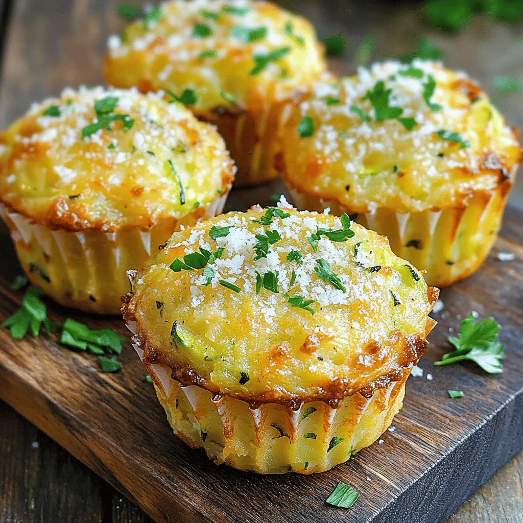 - 2 medium zucchinis, grated - 2 large potatoes, peeled and grated - 1 cup all-purpose flour - 1 cup grated Parmesan cheese - 2 large eggs - 1/4 cup milk - 1 teaspoon garlic powder - 1 teaspoon onion powder - 1/2 teaspoon salt - 1/4 teaspoon black pepper - 1/2 teaspoon baking powder - Olive oil spray for greasing the muffin tin - Muffin tin - Grater - Mixing bowls - Measuring cups and spoons Freshness matters in cooking. Use the freshest zucchinis and potatoes you can find. They add great flavor and texture to your muffins. Look for firm zucchinis with shiny skin. For potatoes, choose waxy varieties like Yukon Gold. These hold their shape better when grating. Parmesan cheese is key too. Freshly grated Parmesan offers the best taste. Avoid pre-grated options if you can. The flavor will shine through in every bite. High-quality ingredients make a big difference in your muffins. For the best results, use the best ingredients. For the full recipe, check the link. Start by prepping the zucchinis and potatoes. Use a grater to shred them finely. Place them in a clean kitchen towel and squeeze out the excess moisture. This step helps keep your muffins from getting soggy. Next, mix your dry ingredients in a large bowl. Combine the all-purpose flour, grated Parmesan cheese, garlic powder, onion powder, salt, black pepper, and baking powder. Make sure everything is well combined, so each muffin has a consistent flavor. Now, let’s combine the wet and dry components. In a separate bowl, beat the two eggs and the milk together until they are smooth. Pour this mixture into the bowl with the zucchini and potato mix. Stir everything together gently. You want to make sure all the ingredients are mixed well, but don’t overmix. The batter should be thick and hold together nicely. It’s time to bake! Preheat your oven to 350°F (175°C). Lightly grease your muffin tin with olive oil spray. Spoon the batter into each muffin cup, filling them about three-quarters full. This allows room for rising. Bake the muffins for 25-30 minutes. Keep an eye on them. You want them to turn golden brown. To check for doneness, insert a toothpick into the center of a muffin. If it comes out clean, your muffins are ready. Let them cool in the tin for 5 minutes before transferring them to a wire rack. Enjoy these delicious treats! For a complete guide, refer to the Full Recipe. To make your muffins extra crispy, start by removing moisture from the zucchinis. After grating the zucchinis, place them in a clean kitchen towel. Twist the towel to squeeze out as much water as you can. This step is key for that crisp texture you want. For baking tips, preheat your oven properly. A hot oven helps the outside crisp up. You can also spray the muffin tin lightly with olive oil. This will help the muffins brown nicely and not stick. You can boost flavor by adding herbs and spices. Try adding dried oregano, thyme, or even crushed red pepper. Each will give a different twist to your muffins. If you want to switch up the cheese, consider using sharp cheddar or feta. Each cheese brings its own taste, making the muffins even more fun. To serve the muffins, present them on a rustic wooden board. This adds charm and makes them look inviting. You can sprinkle some extra Parmesan on top and add fresh herbs like parsley for color. Pair the muffins with a tangy dipping sauce. A mix of yogurt and lemon juice works great. You can also try marinara or even a spicy aioli for a kick. These simple ideas elevate your dish and impress your guests. For the full recipe, check [Full Recipe]. {{image_2}} You can easily swap out ingredients in this recipe. For a sweeter taste, try using sweet potatoes instead of regular potatoes. They add a nice twist to the muffins. You can also mix in other veggies like carrots or cauliflower for added nutrition. If you need a gluten-free option, use almond flour or a gluten-free all-purpose blend. This keeps the muffins delicious and friendly for everyone. Adding meat can make these muffins heartier. Diced cooked bacon or crumbled sausage works great. For a vegetarian option, try adding cooked lentils or chickpeas. You can also play with different cheeses. Instead of Parmesan, experiment with cheddar, feta, or even goat cheese. Each cheese gives the muffins a unique flavor that can match your mood. You can change up the herbs and spices based on the season. Fresh basil or thyme in summer adds bright flavors. In fall, try adding nutmeg or sage for a warm touch. For holidays, consider adding some festive spices like cinnamon or a pinch of allspice. Adjusting ingredients this way keeps your muffins fresh and exciting throughout the year. To keep your muffins fresh, use an airtight container. Place them in the container once they are completely cool. This helps lock in moisture and flavor. You can store them at room temperature for up to three days. If you want them to last longer, consider refrigerating them. Just remember to let them come to room temperature before enjoying. Freezing is a great way to keep your muffins for later. Wrap each muffin tightly in plastic wrap. Then, put them in a freezer-safe bag or container. Make sure to remove as much air as possible. This will prevent freezer burn. When you’re ready to eat them, take out a muffin and thaw it at room temperature. You can also reheat it in the oven at 350°F for about 10 minutes for that fresh-baked taste. These muffins can last about three days at room temperature. If stored in the fridge, they can stay good for about a week. Always check for signs of spoilage, like a strange smell or mold. If you notice these signs, it’s best to throw them away. Enjoy your muffins while they're fresh and tasty! You can follow my simple recipe to make these tasty muffins. Start by preheating your oven to 350°F (175°C). Grease a muffin tin with olive oil spray. Grate two medium zucchinis and two large potatoes, then squeeze out extra moisture. In a bowl, mix the grated veggies with flour, Parmesan cheese, and spices. In another bowl, whisk together eggs and milk, then combine everything. Fill the muffin tin and bake for 25-30 minutes. For the full recipe, check out the link. Yes, you can make these muffins ahead of time! They store well in an airtight container for up to three days. You can also freeze them for longer storage. Just let the muffins cool completely before freezing. When you're ready to eat, thaw them in the fridge overnight. Reheat in the oven or microwave for a warm treat. These muffins pair great with a variety of dishes. Try serving them with a fresh salad for a light meal. They also work well with soups, especially tomato or vegetable soup. For a fun twist, serve them with a tangy dipping sauce like ranch or a spicy aioli. Enjoy experimenting with different pairings! In this blog post, we explored how to make Crispy Parmesan Zucchini Potato Muffins. We covered essential ingredients, tools, and the baking process. Remember to focus on ingredient quality for the best flavor. Use tips for extra crispiness and don’t hesitate to explore variations. Proper storage ensures your muffins stay fresh longer. Try these muffins for a tasty snack or side dish that’s sure to impress. Enjoy experimenting and making them your own!