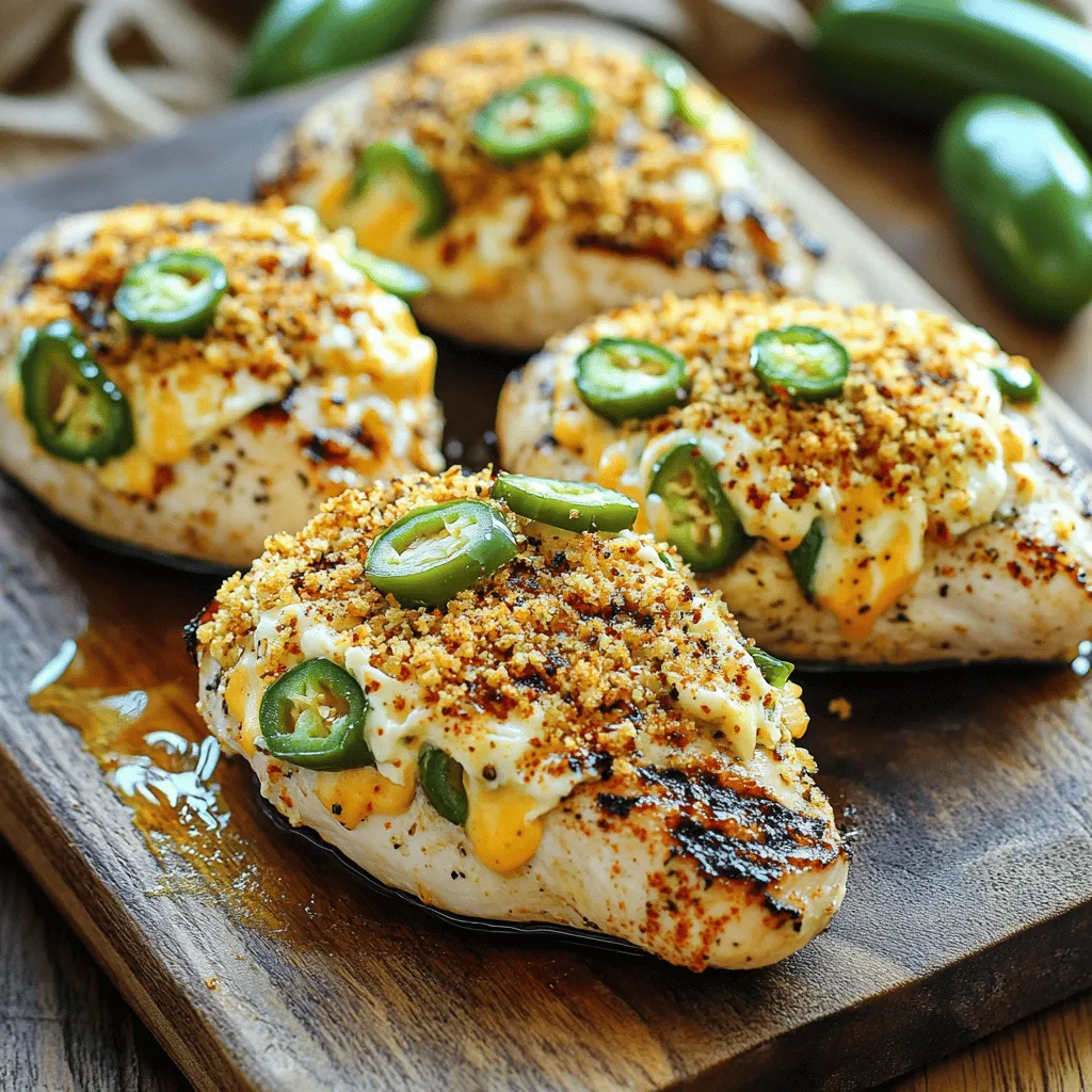 - 4 boneless, skinless chicken breasts - 4 ounces cream cheese, softened - 1 cup shredded cheddar cheese - 2 jalapeños, finely chopped (seeds removed for less heat) - 1 teaspoon garlic powder - 1 teaspoon smoked paprika - 1 teaspoon onion powder - Salt and pepper to taste The main ingredients create a creamy, spicy filling. The chicken is the star, holding all the flavors inside. Cream cheese gives a rich texture, while cheddar adds sharpness. Jalapeños bring the heat, but you can adjust them to your taste. Garlic powder enhances flavor without overpowering. Smoked paprika adds a nice depth. Salt and pepper round out the mix. - 1 cup breadcrumbs (optional for extra crunch) - Olive oil for grilling If you want a crunch, add breadcrumbs. They make the outside crispy and golden. Olive oil helps with grilling. It prevents sticking and adds flavor. Using these optional ingredients can elevate your dish. Make sure to sprinkle breadcrumbs on top during the last minutes of grilling for that perfect texture. For the full recipe, check out the details above. To start, grab a mixing bowl. This is where the magic happens. Combine the softened cream cheese with the shredded cheddar cheese. You want a smooth mix, so stir well. Next, add the chopped jalapeños. If you like heat, keep some seeds in. If you prefer it milder, remove them. Then, sprinkle in garlic powder, smoked paprika, onion powder, salt, and pepper. Blend everything until it is well mixed. This filling is rich and creamy. Now it’s time for the chicken. Take each chicken breast and place it on a cutting board. With a sharp knife, create a pocket by slicing it horizontally. Be careful not to cut all the way through. You want enough space for the filling. Once you have the pockets, it’s time to stuff them. Use a generous amount of the jalapeño popper filling and pack it inside. If needed, use toothpicks to secure the opening. This keeps all that cheesy goodness from spilling out while grilling. Before grilling, preheat your grill to medium-high heat, around 375°F. This helps the chicken cook evenly. While the grill heats, drizzle some olive oil over the stuffed chicken breasts. This adds flavor and helps with browning. Season the outside with salt, pepper, and a bit more smoked paprika. This step enhances the taste and gives a nice color. Place the stuffed chicken on the grill. Grill for about 6 to 7 minutes on each side. Keep an eye on the time to avoid overcooking. You want the internal temperature to reach 165°F. A meat thermometer is your best friend here. If you added breadcrumbs, sprinkle them on top during the last few minutes. This gives a nice, crispy layer. After grilling, let the chicken rest for about 5 minutes. This helps the juices stay inside. Finally, remove toothpicks and slice to reveal the tasty filling. Enjoy your Jalapeño Popper Grilled Chicken! For the full recipe, check out the details above. To make the best Jalapeño Popper Grilled Chicken, keep the grill at the right heat. Aim for medium-high heat, around 375°F. This helps cook the chicken evenly. If the grill is too hot, the outside cooks too fast, and the inside stays raw. Avoid overcooking by using a meat thermometer. Cook until the internal temperature reaches 165°F. Remove the chicken from the grill as soon as it hits that mark. Let it rest for five minutes to keep it juicy. Marinating the chicken can add even more taste. Try a simple mix of olive oil, lime juice, and garlic. This will add a fresh zing to your dish. Let it marinate for at least 30 minutes before grilling. You can also play with spices. Adding cumin or cayenne pepper can give it a nice kick. Experiment with your favorite flavors to make this dish your own. For sides, consider pairing the chicken with a fresh salad or corn on the cob. Both add a nice crunch and balance the creamy filling. You can also serve it with rice for a hearty meal. When presenting the dish, slice the chicken to show off the cheesy filling. Arrange it on a colorful plate with some fresh herbs. This makes it look as good as it tastes. For the full recipe, visit the recipe link above. {{image_2}} You can change the cheese in this dish to suit your taste. Try using mozzarella or pepper jack cheese. Each choice brings a new flavor. You can also mix cheeses for a fun twist. Adding vegetables can also enhance your dish. Chopped bell peppers or spinach can add color and taste. You might even add spices for extra kick. A sprinkle of chili powder or cumin can bring warmth. You don’t have to grill this chicken if you prefer other methods. You can make an oven-baked version for a more hands-off approach. Preheat your oven to 375°F. Place the stuffed chicken in a baking dish. Bake for about 25-30 minutes or until the chicken is cooked through. Another option is using an air fryer. This method gives you crispy chicken without deep frying. Set your air fryer to 375°F and cook for about 15-20 minutes. Check for doneness with a meat thermometer to ensure it reaches 165°F. These variations help you enjoy Jalapeno Popper Grilled Chicken in many ways. The full recipe offers a great starting point for your culinary adventure! After you enjoy your Jalapeno Popper Grilled Chicken, store any leftovers in the fridge. Place the chicken in an airtight container. This keeps it fresh and prevents odors from mixing. It’s best to eat the leftovers within three days. To cool the chicken fast, let it sit at room temperature for about 30 minutes before putting it in the fridge. To freeze stuffed chicken, let it cool completely first. Wrap each piece tightly in plastic wrap. Then, place them in a freezer bag or container. This helps avoid freezer burn. You can freeze the chicken for up to three months. To reheat frozen chicken, thaw it in the fridge overnight. This keeps it safe. Then, heat it in the oven or on the grill until it reaches 165°F. This ensures it's hot and safe to eat. Enjoy your flavorful meals any day! For the full recipe, check this out. How long to grill chicken? Grill the chicken for about 6-7 minutes on each side. This timing ensures the chicken reaches a safe internal temperature of 165°F. Always check with a meat thermometer for accuracy. Can I make this recipe ahead of time? Yes, you can prepare the filling and stuff the chicken ahead of time. Just store them in the fridge until you are ready to grill. This makes it easy for a quick meal later on. Gluten-free options To make this dish gluten-free, skip the breadcrumbs. The chicken still tastes great without them. You can also use gluten-free breadcrumbs if you want that extra crunch. Dairy-free alternatives You can swap the cream cheese for a dairy-free version made from nuts or soy. For the cheddar, look for plant-based cheese. Both options give you a creamy filling without the dairy. What to do if chicken is dry? If your chicken turns out dry, it may have cooked too long. Next time, reduce the grilling time or use a meat thermometer. You can also brush the chicken with olive oil before grilling to keep it moist. Fixing a messy filling If the filling leaks out during grilling, try using less filling next time. You can also secure the pocket better with toothpicks. If it happens, just scoop the filling back in when serving. It will still taste delicious! For the full recipe, check out the details above. This blog post showed how to create tasty jalapeño popper grilled chicken. We covered the main ingredients and optional extras for crunch, along with step-by-step instructions for preparation and grilling. I shared tips for flavor and serving, plus variations and storage info. With these insights, you can make this dish your own. Enjoy grilling and impressing your friends with a flavorful meal!