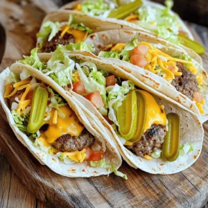 - 1 lb ground beef (80/20) - 8 small flour tortillas - 1 cup shredded lettuce - 1 cup diced tomatoes - 1 cup shredded cheddar cheese - 1/2 cup pickles, sliced - 1/2 cup mayonnaise - 2 tablespoons mustard - 2 tablespoons ketchup - 1 tablespoon white vinegar - 1 teaspoon garlic powder - 1 teaspoon onion powder - Salt and pepper to taste - Cooking oil for frying To make the Big Mac Smash Burger Taco, you need a mix of fresh and tasty items. The ground beef is the star. I recommend using 80/20 for that juicy flavor. Small flour tortillas hold everything together nicely. Fresh veggies like lettuce and tomatoes add crunch. Shredded cheddar gives it that cheesy goodness we crave. Pickles bring a tangy bite that makes every taco pop. The sauce is key to this recipe. It combines mayonnaise, mustard, ketchup, and vinegar. Garlic and onion powder add extra flavor. Don't forget to season your beef with salt and pepper; it makes a big difference. - Additional toppings for customization: jalapeños, avocado, or crispy bacon - Suggested side dishes: French fries, coleslaw, or a garden salad You can get creative with your tacos! Try adding jalapeños for heat or avocado for creaminess. Crispy bacon is another fun option. For sides, French fries pair well with the tacos. You can also serve coleslaw for a fresh crunch. A garden salad rounds out the meal nicely, making it a full family feast. You can find the full recipe linked above to guide you through this fun meal! To make the Big Mac sauce, you need to mix a few simple ingredients. In a small bowl, combine: - 1/2 cup mayonnaise - 2 tablespoons mustard - 2 tablespoons ketchup - 1 tablespoon white vinegar - 1 teaspoon garlic powder - 1 teaspoon onion powder - A pinch of salt and pepper Mix all the ingredients well until smooth. The flavor improves when you let the sauce rest for at least 10 minutes. This gives the flavors time to blend. Now, let’s get to the beef. Start by dividing the ground beef into 8 equal portions. Each piece should weigh around 2 ounces. Shape them into loose balls. Don’t pack them too tightly. This helps keep them juicy. Next, preheat your skillet or griddle over medium-high heat. Drizzle some cooking oil on the surface. When the oil is hot, place the beef balls into the skillet. Use a spatula to smash them flat, about 1/4 inch thick. This step is key for a great crust. Season the patties with salt and pepper. Cook for 2-3 minutes until you see a nice crust. Flip them and cook for another 1-2 minutes. It’s time to build your taco! Warm the flour tortillas on another skillet for about 30 seconds on each side. This makes them soft and easy to fold. On each tortilla, place a smash burger patty. Then, layer on the shredded lettuce, diced tomatoes, cheddar cheese, and pickles. Drizzle a generous amount of the Big Mac sauce on top. To fold your taco, gently lift the sides of the tortilla over the filling. Fold it like a burrito to keep everything inside. Enjoy your Big Mac Smash Burger Taco! For the full recipe, check out the earlier sections. To get a crispy crust, use high heat. Preheat your skillet to medium-high. Make sure it is hot before adding the beef. This helps the meat sear well. Use a spatula to smash the beef down. Smash it flat for a great crust. Cook for 2-3 minutes on one side. Flip it and cook for another 1-2 minutes. For tasty burgers, use simple seasonings. Salt and pepper work well, but feel free to mix things up. Try adding garlic powder or smoked paprika for a twist. For cheese, I suggest cheddar or American. They melt beautifully and add rich flavor. A slice of cheese on each patty at the end is key. Want to feed a crowd? This recipe scales easily. Just double or triple the ingredients. You can make the patties ahead of time and freeze them too. For sides, consider crispy fries or onion rings. A fun drink like soda or milkshakes pairs nicely. Try serving the tacos with some fresh fruit, too! For the full recipe, refer to the Full Recipe section. {{image_2}} You can change the meat in your Big Mac Smash Burger Taco. Ground turkey is a lean option. It keeps the taco healthy. For plant-based lovers, try using meat alternatives like soy or pea protein. They add great flavor too. When you switch meats, adjust the seasoning. Turkey can taste bland. Add extra spices like paprika or cayenne. This will boost the flavor. For plant-based options, season well with garlic and onion powder to enhance taste. Want to spice things up? Add jalapeños to your tacos. They bring heat and crunch. Slice them thin, and sprinkle them on top of your patties. If you like a kick, this is a must-try. You can also mix different sauces. Swap regular ketchup for spicy ketchup. Try barbecue sauce for a smoky twist. A dash of sriracha can also add a fun twist. Let your taste buds guide you! If you need gluten-free options, use corn tortillas. They work well and keep the taste intact. You can find them in most stores. They also hold up well with the fillings. For those watching carbs, use lettuce wraps instead of tortillas. They are fresh and light. Just take a large leaf, fill it like a taco, and enjoy without the carbs. This keeps your meal tasty and guilt-free. To keep your Big Mac Smash Burger Tacos fresh, store leftovers in the fridge. Place the tacos in an airtight container. They will stay good for up to three days. If you have extra components, store them separately. This helps keep the tortillas soft. Freezing is also an option. Wrap the tacos tightly in plastic wrap, then place them in a freezer bag. They can last for up to two months. When you're ready to eat, thaw in the fridge overnight. When reheating your tacos, aim for a method that keeps them fresh. The oven works well. Preheat it to 350°F (175°C). Place the tacos on a baking sheet for about 10-15 minutes. This warms them up without making them soggy. You can also use a skillet. Heat it over medium heat and warm the tacos for a few minutes on each side. To avoid soggy tortillas, skip the microwave. It tends to make tortillas chewy and wet. A Big Mac Smash Burger Taco is a fun twist on two classics. It combines a smash burger and a taco in one dish. You get juicy beef patties, fresh veggies, and a creamy sauce all wrapped in a soft tortilla. It’s a perfect meal for any time, mixing flavors and styles that everyone loves. Yes, you can make parts of this recipe ahead. You can prepare the Big Mac sauce the day before. Store it in the fridge to let the flavors blend. You can also form the beef patties and keep them in the fridge until you're ready to cook. This way, you save time on busy days and still enjoy a tasty meal. You can get creative with toppings! Try adding diced onions for crunch. Jalapeños can add some heat if you like spice. You can swap out cheddar cheese for pepper jack for a kick. Want more veggies? Add avocado slices or bell peppers. The choice is yours, so mix it up and find your favorite combo. Check the Full Recipe for ideas and fun options! This blog post covered how to make a Big Mac Smash Burger Taco. We explored essential ingredients, from ground beef to fresh veggies. I shared step-by-step instructions for making the sauce, cooking patties, and assembling the taco. Tips for perfecting your burger and creative variations add flair to your meal. With these ideas, you can create a delicious dish for any occasion. Enjoy experimenting with flavors and sharing it with family and friends!
