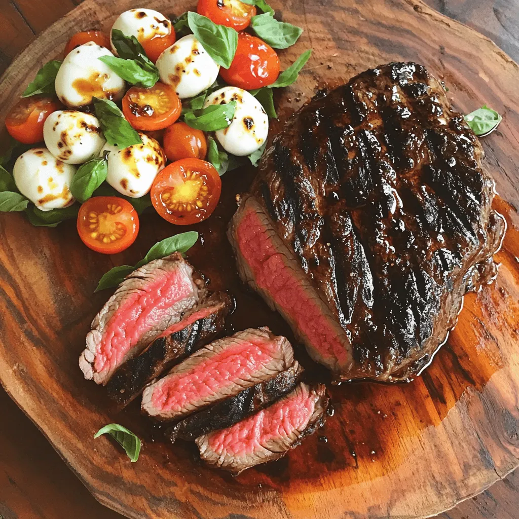 - 1 ½ lbs flank steak - 1 cup balsamic vinegar - 3 tablespoons honey - 1 teaspoon garlic powder - 1 teaspoon black pepper - 1 teaspoon salt - 1 cup cherry tomatoes, halved - 8 oz fresh mozzarella balls, halved - 1 cup fresh basil leaves - 2 tablespoons olive oil - Balsamic reduction - Additional basil leaves When you gather these ingredients, you set the stage for a fantastic meal. The flank steak shines with its blend of flavors from the balsamic vinegar, honey, and spices. You’ll taste the sweetness of the honey and the tang of the vinegar. The garlic powder adds a lovely depth, while salt and pepper enhance all the flavors. The Caprese salad brings freshness to this dish. The cherry tomatoes burst with juice, while the mozzarella is creamy and mild. Fresh basil leaves add a fragrant touch. Drizzling olive oil over the salad brings everything together, making it colorful and inviting. Feel free to add optional garnishes too. A balsamic reduction gives a sweet-tart kick. Extra basil leaves can add more color and flavor. Using these ingredients makes your Balsamic Grilled Flank Steak Caprese a delightful treat. For the full recipe, check out the detailed steps to create this dish. - In a small bowl, mix: - 1 cup balsamic vinegar - 3 tablespoons honey - 1 teaspoon garlic powder - 1 teaspoon black pepper - 1 teaspoon salt - Place the flank steak in a resealable bag. Pour the marinade over the steak. Seal the bag tightly. Refrigerate for at least 1 hour, or up to 4 hours. This step adds great flavor. - Preheat your grill to medium-high heat. This ensures even cooking. - Remove the flank steak from the marinade. Let any excess marinade drip off. Discard the marinade. This helps avoid flare-ups on the grill. - Place the flank steak on the grill. Cook for about 5-7 minutes per side. Aim for medium-rare for the best taste. - Once done, remove the steak from the grill. Let it rest for 5-10 minutes. This helps keep the juices in the meat. - In a medium bowl, combine: - 1 cup cherry tomatoes, halved - 8 oz fresh mozzarella balls, halved - 1 cup fresh basil leaves - Drizzle with 2 tablespoons olive oil. Toss gently to combine. Set aside. This salad adds freshness to the meal. - Thinly slice the rested flank steak against the grain. This makes the meat tender to eat. - Arrange the steak slices with the Caprese salad on a large platter. - If desired, drizzle some balsamic vinegar over the top for extra flavor. You can find the full recipe in the article for more details. Cooking flank steak just right is key for a great meal. For medium-rare, grill for 5-7 minutes on each side. If you like medium, go for 7-10 minutes. Using a meat thermometer helps too. Aim for 130°F for medium-rare and 140°F for medium. This way, you avoid overcooking. For the best flavor, marinate your flank steak for at least 1 hour. If you have more time, let it soak for up to 4 hours. This lets the vinegar and honey infuse deeply into the meat. Adjust the vinegar and honey to fit your taste. If you want it sweeter, add more honey. For a tangy kick, increase the vinegar. Pair your Balsamic Grilled Flank Steak with a light side. Fresh veggies or garlic bread work well. A chilled glass of red wine complements the dish nicely. For presentation, serve the steak slices on a big platter with the Caprese salad. Garnish with extra basil leaves for a pop of color. A drizzle of balsamic reduction adds a fancy touch. For the full recipe, check out the details above. {{image_2}} You can switch up the taste of your flank steak with different marinades. A soy sauce-based marinade adds a savory kick. Mixing soy sauce with ginger gives it an Asian twist. You can also try herb-infused marinades. Fresh herbs like thyme or rosemary can bring bright flavors. If you love spice, add a blend of cumin, paprika, and chili powder to your marinade. This mix will give the steak a smoky and earthy taste. The Caprese salad is a great way to add new flavors. You can swap mozzarella for feta or burrata for a creamier texture. Feta gives a tangy taste, while burrata adds a rich creaminess. Adding fruits like peaches or strawberries can enhance the salad. The sweetness of the fruit contrasts well with the savory cheese and fresh basil. This twist makes the salad refreshing and fun. If you don't have a grill, don't worry! You can use a grill pan or an oven broiler. A grill pan gives nice grill marks and flavor without leaving home. If you prefer, the oven broiler can cook the steak evenly. Just make sure to keep an eye on it to avoid overcooking. You can also choose between charcoal and gas grills. Charcoal provides a smoky flavor, while gas grills offer convenience. Both options can create a delicious steak. To store grilled flank steak, wrap it tightly in plastic wrap or foil. Place it in an airtight container. This keeps the steak juicy and fresh. Try to eat it within three days for the best taste. For the Caprese salad, store it in a separate container. Avoid mixing it with the steak. This helps keep the tomatoes firm and the cheese fresh. Use it within two days for peak flavor. Yes, you can freeze marinated flank steak. Place the steak in a freezer bag. Make sure to remove as much air as possible. It can last for up to three months in the freezer. For Caprese ingredients, freezing is not recommended. The tomatoes and cheese lose their texture. Instead, prepare these fresh when you are ready to eat. To reheat steak, use a skillet over low heat. Add a bit of broth or water and cover it. This keeps the steak tender and moist. You can also use the microwave, but be careful. Heat it in short bursts to avoid overcooking. For the Caprese salad, rebuild freshness by adding fresh basil and a drizzle of olive oil. Mix gently to combine. Enjoy this delightful meal with a burst of flavor! For the Full Recipe, check the earlier sections. Flank steak is great for grilling. If you can’t find flank steak, try these options: - Skirt steak - Hanger steak - Sirloin steak - Flat iron steak These cuts are tender and flavorful. They also absorb marinades well. To check doneness, use these tips: - Use a meat thermometer. Aim for 130°F for medium-rare. - Press the steak with your finger. It should feel firm but springy. - Look for a nice brown crust on the outside. Avoid cutting into the meat. This lets the juices escape. Yes, you can prep the Caprese salad beforehand. Here’s how: - Slice the tomatoes and mozzarella ahead of time. - Store them in the fridge in an airtight container. - Add basil and olive oil just before serving. This keeps the salad fresh and tasty. Balsamic vinegar is a top pick for marinating. It adds a sweet, rich flavor. If you want to try something else, consider these: - Red wine vinegar for a tangy taste. - Apple cider vinegar for a fruity twist. - Flavored vinegars, like garlic or herb, can also work well. Experiment with what you like best! This article provided a simple guide for making Balsamic Grilled Flank Steak and Caprese salad. By following the steps and tips, you can achieve a delicious meal that impresses. Remember to use high-quality ingredients and adjust flavors to your taste. Get creative with variations and garnishes to suit your style. Enjoy the balanced flavors and beautiful presentation. With practice, you can make this dish a favorite in your kitchen. Happy grilling!