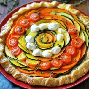 The Spiral Vegetable Tart combines colorful veggies with creamy cheese. This dish is not only pretty but also tasty. It makes a great meal or side dish. The puff pastry gives a nice crunch. You can find the full recipe at the end. - 1 sheet of puff pastry (thawed if frozen) - 2 medium zucchinis, thinly sliced - 2 medium carrots, thinly sliced - 1 medium sweet potato, peeled and thinly sliced - 1 cup cherry tomatoes, halved - 1 cup ricotta cheese - 1 cup grated mozzarella cheese - 1 tablespoon fresh thyme leaves - 1 tablespoon olive oil - Salt and pepper to taste - 1 egg (for egg wash) To make this tart, you need a few important tools. Here’s what you will need: - A tart or pie dish - A rolling pin - A medium bowl - A small bowl - A whisk - A fork These tools help you create the perfect Spiral Vegetable Tart. With the right ingredients and tools, you will impress everyone! Start by preheating your oven to 400°F (200°C). Next, sprinkle some flour on a clean surface. Roll out the puff pastry until it fits your tart dish. Press it gently into the dish and trim any extra edges. Use a fork to prick the base. This helps it stay flat while baking. In a medium bowl, combine the ricotta cheese, grated mozzarella cheese, fresh thyme, olive oil, salt, and pepper. Mix well until everything blends perfectly. This creamy mixture will add a rich flavor to your tart. Spread it evenly over the pastry base. Now comes the fun part! Begin layering your vegetables in a spiral pattern. Start with the thinly sliced zucchini. Next, add the carrot slices. Follow this with sweet potato slices, and finish off with halved cherry tomatoes. Keep layering until you use all the vegetables. This creates a stunning spiral that is pleasing to the eye. In a small bowl, whisk the egg. Brush it over the edges of the pastry to give it a golden finish. Place your tart in the preheated oven and bake for 30 to 35 minutes. The pastry should turn golden brown, and the veggies should become tender. Once done, take it out and let it cool for a few minutes before slicing. Enjoy your beautiful, colorful Spiral Vegetable Tart! For a complete guide, check the Full Recipe. To make a great spiral, start with even slices. Use a sharp knife or a mandoline for thin, uniform pieces. Lay the slices on the pastry, starting from the center. Overlap each piece slightly as you turn. This creates a lovely spiral effect. Keep layering until you fill the tart. Always pick fresh vegetables for the best taste. Look for bright colors and firm textures. Zucchini should be smooth and shiny. Carrots must be crunchy and vibrant. For sweet potatoes, choose ones that feel heavy for their size. Using seasonal veggies ensures the best flavor and nutrition. To get that golden hue, brush the pastry edges with an egg wash. Whisk an egg with a bit of water for a shiny look. Bake at 400°F (200°C) for 30 to 35 minutes. Keep an eye on it towards the end. Once golden, remove it from the oven and let it cool before slicing. Follow the Full Recipe to enjoy this beautiful dish. {{image_2}} You can easily change the veggies in your spiral vegetable tart. Using seasonal vegetables makes the dish fresh and vibrant. Try using bell peppers in summer or butternut squash in fall. You can even add greens like spinach or kale for extra color and nutrition. Each season brings new flavors, so feel free to mix and match. Just keep the slices thin for the best spiral effect. If you want a different taste, swap out the cheese. For a tangy flavor, use goat cheese instead of ricotta. You can also try feta or cream cheese for a creamy texture. If you like a stronger taste, add sharp cheddar. These swaps keep the dish fun and allow you to explore new flavors. Remember to keep the total cheese amount the same for the best results. To make this tart gluten-free, use a gluten-free puff pastry. Many stores sell this option now. You can also try a crust made from almond flour or oats. These alternatives give you a nice base for your tart without gluten. Just watch the baking time, as these crusts might need slight adjustments. Enjoy your dish without worry! For a full recipe, check the section above. After you enjoy your Spiral Vegetable Tart, let it cool to room temp. Then, cover it tightly with plastic wrap or aluminum foil. You can also place it in an airtight container. This keeps the tart fresh for up to three days. Store it in the fridge for best results. To reheat the tart, preheat your oven to 350°F (175°C). Place the slices on a baking sheet. Cover them loosely with foil to prevent drying out. Heat for about 15 minutes or until warm. You can also use a microwave, but the oven keeps the crust crisp. You can freeze the tart for later! First, let it cool completely. Wrap the whole tart or slices tightly in plastic wrap. Then, place it in a freezer bag or container. It will stay good for about three months. To enjoy, thaw in the fridge overnight and reheat as described above. For the full recipe, check out the Spiral Vegetable Tart recipe section. Yes, you can use frozen vegetables. Just make sure to thaw them first. Drain any excess water to keep the tart from becoming soggy. Frozen veggies can save time, but fresh ones often taste better. I love using fresh vegetables for their bright colors and flavors. To prevent sogginess, prick the puff pastry base with a fork. This allows steam to escape while baking. You can also bake the pastry for a few minutes before adding the cheese and vegetables. This step helps create a barrier. Using less watery vegetables also helps keep the tart crisp. You can serve the tart with a fresh green salad. A simple vinaigrette works well to cut through the richness. Roasted vegetables or a light soup also pair nicely. This makes for a colorful and tasty meal. Enjoy experimenting with different side dishes to find your favorite combo! In this post, I shared how to make a Spiral Vegetable Tart. We covered key ingredients, step-by-step instructions, and essential tools needed for the recipe. I also shared tips for a perfect spiral and storage advice for leftovers. You can swap veggies or choose different cheeses to make it your own. This tart is easy to make and a great way to enjoy fresh flavors. Try it with your favorite vegetables. Don't hesitate to experiment and have fun in the kitchen! Enjoy your culinary journey!