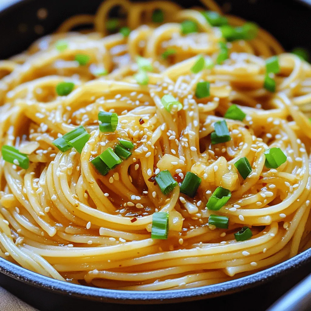 - 8 oz spaghetti or linguine - 3 tablespoons honey - 4 cloves garlic, minced - 1 tablespoon soy sauce - 1 tablespoon olive oil The main ingredients for Sticky Honey Garlic Pasta Skillet are simple yet full of flavor. I love using spaghetti or linguine for this dish. They soak up the sauce well. The honey adds sweetness, while the garlic brings a lovely aroma. Soy sauce adds depth, and olive oil helps everything blend. - 1/2 teaspoon crushed red pepper flakes - 1/4 cup green onions, sliced (for garnish) - 1/4 cup sesame seeds (toasted, for garnish) - Salt and pepper to taste Optional ingredients can elevate this dish even more. Crushed red pepper flakes add a nice kick. Green onions bring freshness, while toasted sesame seeds add crunch. A pinch of salt and pepper can enhance the overall taste. Feel free to mix and match these ingredients to suit your family’s taste. For the full recipe, you can check [Full Recipe]. To start, boil a pot of water. Add salt to the water; this helps flavor the pasta. Put in 8 oz of spaghetti or linguine. Cook it according to the package time. Stir it a few times to prevent sticking. When done, drain the pasta in a colander. Save 1/2 cup of the pasta water for later. For perfect pasta, look for a slight bite, or "al dente." This texture keeps the pasta firm and tasty. Under-cook it just a bit, as it will cook a bit more when mixed with the sauce. Now it's time for the sauce. Heat 1 tablespoon of olive oil in a large skillet over medium heat. Add 4 minced garlic cloves. Sauté the garlic for 1-2 minutes until it smells amazing. Be careful not to burn it; burnt garlic tastes bitter. In a separate bowl, whisk together 3 tablespoons of honey and 1 tablespoon of soy sauce. If you like a kick, add in 1/2 teaspoon of crushed red pepper flakes. Mix it well until all ingredients are combined. Pour this mixture into the skillet with the garlic. Let it simmer for 1-2 minutes, allowing the flavors to blend. Now, it’s time to mix everything. Add the drained pasta to the skillet. Toss it well to coat every strand in the sticky honey garlic sauce. If you find the sauce is too thick, add a bit of the reserved pasta water slowly. This helps adjust the sauce to your liking. Finally, season with salt and pepper to taste. Toss the pasta again to make sure all flavors combine well. Your Sticky Honey Garlic Pasta Skillet is now ready to enjoy! For a full experience, check out the Full Recipe. Avoiding burnt garlic: To keep garlic from burning, use medium heat. Stir it often. When garlic turns golden, it is ready. If it burns, it tastes bitter. That will ruin your dish. Ensuring the sauce coats the pasta evenly: When mixing the pasta and sauce, be gentle. Use tongs to toss the pasta. If the sauce is too thick, add reserved pasta water. This helps it coat all the noodles. Adding more heat with red pepper flakes: If you like spice, add red pepper flakes. Start with a pinch. You can always add more later. This will give the dish a nice kick. Suggestions for additional herbs and seasonings: Try adding fresh basil or parsley. They add fresh flavors and colors. A splash of lime juice can brighten the dish. You can also try soy sauce variations for more depth. Garnishing ideas with green onions and sesame seeds: Top your pasta with green onions for a fresh crunch. Toasted sesame seeds add a nutty flavor. This makes your dish look and taste gourmet. Pairing with side dishes or proteins: Serve this pasta with a simple salad or garlic bread. Grilled chicken or shrimp also works well. These add protein and make the meal more filling. For the full recipe, check out the main section. {{image_2}} You can add protein to make this dish heartier. Shrimp, chicken, or tofu work great. Just cook the shrimp for about 3-4 minutes until they are pink. For chicken, cut it into bite-sized pieces and cook for about 5-7 minutes. If you use tofu, sauté it until golden brown, which takes about 5-6 minutes. Make sure to season your protein well to match the sweet and garlicky sauce. Seasonal veggies can make your pasta even better. Bell peppers, spinach, or snap peas are all good choices. Chop your vegetables into small pieces. Sauté them in the skillet with the garlic for about 2-3 minutes before adding the pasta. This keeps them crisp and bright. You can mix and match based on what’s fresh at the market. If you need a gluten-free option, try using gluten-free pasta. Options like brown rice pasta or chickpea pasta are great. Just be sure to check the cooking times, as they can vary. Gluten-free pasta may cook faster or slower than regular pasta. Adjust the cooking time based on the package instructions for the best texture. For a detailed recipe, check out the Full Recipe. To store leftovers, let the sticky honey garlic pasta cool down. Place it in an airtight container. This helps keep it fresh. You can store it in the fridge for up to three days. If you want to enjoy it later, remember to heat it well. You can freeze portions of this dish for later. Use freezer-safe containers or bags. Make sure to remove as much air as possible. Sticky honey garlic pasta lasts up to three months in the freezer. When you want to eat it, let it thaw overnight in the fridge. Reheat it on the stove over low heat. You might need to add a splash of water to keep it moist. Leftovers can be fun! You can turn them into a pasta salad. Just mix in fresh veggies and a splash of lemon juice. Another idea is to use it as a filling for wraps. Spread it onto a tortilla, add greens, and roll it up. You can even turn it into a bake. Layer it with cheese and bake until it’s bubbly. Sticky honey garlic pasta is tasty no matter how you use it! It takes about 10 minutes to prep this dish. The total cooking time is around 20 minutes. So, you can have a tasty meal ready in just half an hour! Yes, you can. Cook the pasta and sauce and store them separately. Keep them in the fridge for up to three days. When you're ready to eat, just reheat them together in a skillet. This makes it easy for busy nights! This pasta pairs well with many sides! You might enjoy a crisp salad for freshness. Steamed veggies add color and nutrients. Some garlic bread can bring extra flavor too! For protein, grilled chicken or shrimp fits nicely with the dish. This blog post outlines how to make Sticky Honey Garlic Pasta. You learned about the key ingredients and simple steps to follow. I shared tips for cooking and flavor enhancing. You can even add proteins or veggies for variety. Remember, storing leftovers properly ensures this dish stays tasty. Experiment with it and enjoy your culinary creativity!
