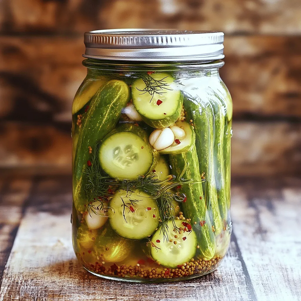 - Cucumbers and their varieties: Choose firm cucumbers for the best crunch. I like using pickling cucumbers, but you can use any fresh cucumber. The size matters too! Smaller cucumbers yield a better texture. - The importance of fresh dill: Fresh dill gives your pickles their signature taste. Dried dill can work, but fresh dill brings a bright flavor. Look for sprigs that are vibrant and fragrant. - Spices and flavor enhancers: You need basic spices for great flavor. Garlic adds a nice punch. Mustard seeds and dill seeds give a unique taste. Black peppercorns add warmth, while red pepper flakes can spice things up. - Adjusting quantities for different batch sizes: This recipe makes about one quart. If you want more, just double the ingredients. Keep the same ratios for brine and spices. - Potential substitutes for common ingredients: If you run out of sea salt, table salt works too. For vinegar, apple cider vinegar can be a good choice. Just remember, it might change the flavor a bit. Start by washing your cucumbers well. Use cool water to remove dirt and pesticides. I like to scrub them gently with a vegetable brush. This step helps keep your pickles clean and fresh. Next, slice the cucumbers. You can cut them into spears or rounds based on your preference. I usually opt for spears as they fit nicely in jars and are easy to grab. To make the brine, gather a medium saucepan. Combine water, distilled white vinegar, sea salt, and granulated sugar. Bring this mix to a boil over medium heat. Stir until the salt and sugar dissolve completely. This step is key for a balanced flavor. Once it boils, remove it from heat and let it cool to room temperature. Cooling the brine prevents cooking the cucumbers when you pour it over them. Grab clean mason jars for your pickles. Start by placing garlic cloves, dill seeds, mustard seeds, black peppercorns, and optional red pepper flakes at the bottom. This layering adds great flavor. Next, pack the cucumber slices tightly in the jar. Make sure they fit snugly without too much space. Packing tightly helps the cucumbers stay crisp and absorb the brine better. Once your jars are filled, it's time to add the brine. Pour the cooled brine over the cucumbers until they are fully submerged. You might need to use a spoon to push them down. This ensures all cucumbers are covered. Seal the jars with lids and refrigerate them. Let them sit for at least 24 hours, but for the best taste, aim for 3 to 5 days. The longer they sit, the better the flavor! Enjoy your homemade dill pickles, which can last for months when stored properly. For the complete process, refer to the Full Recipe. To get crunchy pickles, start with fresh cucumbers. Look for firm, small ones. The skin should be bright and smooth. Chill your cucumbers in ice water for an hour before making pickles. This helps them stay crisp. Another trick is to add a few grape leaves or a piece of horseradish to the jar. These ingredients contain tannins that help keep pickles crunchy. You can mix flavors to make your pickles unique. Try adding sliced jalapeños for a spicy kick. If you like garlic, add more cloves to the jar. You can also use fresh herbs like thyme or oregano for a different taste. Experiment with spices, like coriander or dill weed. The more you play with flavors, the more fun your pickles will be! Sometimes pickles can turn out too salty or too soft. If your pickles are too salty, you can soak them in fresh water for a few hours. This will draw out some salt. For soggy pickles, check your brine. Use a higher vinegar ratio next time. Remember, refrigerate your pickles for at least 24 hours for best flavor. If you follow these tips, you’ll make great pickles every time! {{image_2}} You can make classic dill pickles or spice things up with heat. For spicy dill pickles, add red pepper flakes or sliced jalapeños to the brine. The spice level is up to you! Start with half a teaspoon of red pepper flakes, and adjust to your taste. This heat adds a fun kick to your pickles and pairs well with sandwiches or burgers. If you have a sweet tooth, sweet dill pickles are a great choice. Just add more sugar to the brine. Start with an extra tablespoon of sugar. Taste the brine first, then add more if you like it sweeter. Sweet dill pickles work well as a snack or as a side with barbecue dishes. They balance savory meals nicely. Get creative with other flavors. Try garlic dill pickles by adding more smashed garlic to the brine. For lemon dill pickles, add lemon slices along with the cucumbers. You can also use fresh herbs, like thyme or coriander, to infuse unique flavors. Each variation brings its own twist, making your pickling adventure exciting. Explore different herbs and spices to find your favorite blend as you enjoy the full recipe. To keep your dill pickles fresh, store them in the fridge. Use clean glass jars with tight lids. This way, they stay crunchy and tasty. Make sure the cucumbers stay submerged in the brine. If some float up, press them down with a clean spoon. Always check the jars for any leaks. If they leak, transfer the pickles to another jar. Homemade dill pickles last about 1 to 3 months in the fridge. They taste best when you eat them within the first month. Over time, they may lose crunchiness. If you want to enjoy them longer, consider canning them for shelf storage. But remember, once you open a jar, eat them within a month for the best flavor. Look for signs that your pickles may be bad. If you see mold on the surface, it’s time to toss them. A bad smell is also a sign that they are spoiled. If the brine changes color or if the cucumbers become mushy, discard them. Always trust your senses; if something seems off, don't eat them. Homemade dill pickles last about 1 to 3 months in the fridge. Keep them sealed in a jar and fully submerged in the brine. The vinegar helps preserve them. If you notice any odd smell or change in color, it’s best to toss them. Yes, you can use other vegetables like carrots, radishes, or green beans. Each veggie adds its own flavor and crunch. Just keep in mind that different vegetables may need different pickling times. Experiment and find what you like best! Pickling is safe when done right. Always use clean jars and fresh ingredients. For long-term storage, you can use a water bath canning method. This seals the jars so they last longer outside the fridge. Remember to follow safe canning guidelines to avoid spoilage. Homemade dill pickles pair well with sandwiches, burgers, and charcuterie boards. They add a nice crunch and tangy flavor. You can also enjoy them as a snack or side dish with cheese or crackers. The options are endless! For more ideas, check out the Full Recipe. Homemade dill pickles are a fun and tasty project. You learned about essential ingredients, like cucumbers and fresh dill. I shared tips on crafting the perfect brine and filling jars. You now know how to achieve crunchy pickles and customize flavors. Remember to store your pickles correctly to keep them fresh. With this knowledge, you can enjoy delicious pickles and impress your friends. Happy pickling!