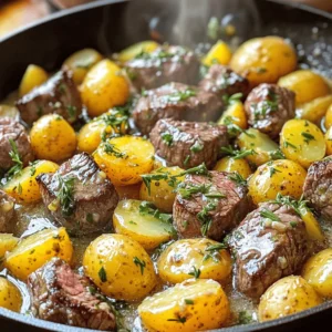 - 1 lb sirloin steak, cut into bite-sized cubes - 1 lb baby potatoes, halved - 4 tablespoons unsalted butter - 4 cloves garlic, minced - 2 tablespoons fresh rosemary, chopped (or 1 tablespoon dried) - 1 teaspoon paprika - Salt and pepper to taste - 2 tablespoons olive oil - Fresh parsley, chopped (for garnish) The key to a great Garlic Butter Steak and Potatoes Skillet lies in using fresh, high-quality ingredients. The sirloin steak gives a rich flavor and tender texture. Baby potatoes add a nice bite and creamy taste when cooked. Unsalted butter enhances the dish with its rich, buttery goodness, while garlic infuses the meal with a savory aroma. Using fresh rosemary brightens the flavors and adds a hint of earthiness. Paprika gives a mild, smoky kick that complements the steak perfectly. Salt and pepper are essential for enhancing all the flavors in the dish. The olive oil helps in searing the steak and cooking the potatoes evenly. To finish, fresh parsley adds a pop of color and freshness. The combination of these ingredients brings this dish to life. You can find the Full Recipe for detailed cooking steps and tips to make this dish shine. Start by halving your baby potatoes. This helps them cook evenly. Heat 1 tablespoon of olive oil in a large skillet over medium heat. Add the halved potatoes and season them with salt and pepper. Cook for about 10 to 12 minutes. Stir them every few minutes. You want them to turn golden brown and fork-tender. Once done, take them out of the skillet and set them aside. Next, let’s cook the steak. In the same skillet, add another tablespoon of olive oil and heat it to medium-high. Toss in your cubed sirloin steak. Season it with salt, pepper, and paprika. Sear the steak for about 4 to 5 minutes. Flip it occasionally for even cooking. Cook it until it reaches your desired doneness. Once cooked, remove the steak from the skillet and set it aside. Now, it’s time for the garlic butter sauce. Lower the heat back to medium and add the butter to the skillet. Once it melts, add in the minced garlic and chopped rosemary. Stir constantly for about 1 to 2 minutes. Watch the garlic closely; you don’t want it to burn. You’re aiming for a fragrant, buttery mixture that coats your steak and potatoes nicely. Finally, let’s combine everything. Return the cooked potatoes and steak to the skillet. Toss them in the garlic butter sauce. Make sure every piece is well coated. Cook everything together for an additional 2 to 3 minutes. This helps the flavors mix beautifully. Serve it hot, and don’t forget to add fresh parsley on top for a pop of color. Enjoy your Garlic Butter Steak and Potatoes Skillet! For the complete steps, check the Full Recipe. To cook your steak just right, timing matters. For a 1-inch thick steak, aim for: - Medium-rare: About 4-5 minutes per side. - Medium: About 5-6 minutes per side. - Well-done: About 7-8 minutes per side. After cooking, let your steak rest for 5 minutes. This allows the juices to settle. A rested steak stays juicy and tasty. If you can't find baby potatoes, try these options: - Regular potatoes: Cut them into smaller pieces. - Sweet potatoes: They add a nice sweetness. To ensure even cooking, cut your potatoes into similar sizes. This helps them cook at the same rate. Stir them often for a golden finish. Add more depth to your dish with herbs or spices. Try: - Thyme: It pairs well with steak. - Oregano: Gives a nice earthy flavor. For garnishes, fresh parsley brightens your dish. You can also serve with a side salad or crusty bread for a complete meal. For the full recipe, check out the detailed instructions. {{image_2}} You can swap the sirloin steak for chicken or shrimp. This change offers new tastes and textures. For chicken, use breast or thighs. Cut them into bite-sized pieces. Cook them until they reach an internal temperature of 165°F. For shrimp, use large, peeled shrimp. They need only about 2-3 minutes to cook. Adjust your cooking time to keep the proteins juicy and tender. You can use the oven instead of the skillet. Oven-baking gives a different flavor and texture. Preheat your oven to 400°F. Spread the potatoes on a baking sheet. Toss them with olive oil, salt, and pepper. Bake for about 25-30 minutes until golden. For the steak, you can also grill it. Grilling adds a smoky taste. If you want to grill the potatoes, try par-cooking them first. This way, they get soft inside and crispy outside. You can add seasonal vegetables for freshness. In spring, try asparagus or green beans. In fall, use squash or Brussels sprouts. Just chop them into similar sizes as the potatoes. Roast or sauté them until tender. For holiday meals, add festive spices. Consider using sage or thyme to match the season. These changes will make your dish feel special for any occasion. For the full recipe, check the detailed steps above to create your perfect meal. To store your Garlic Butter Steak and Potatoes Skillet, first let it cool. Transfer it to an airtight container. This keeps it fresh for up to three days. I find that the flavors develop even more when stored overnight. When you want to reheat it, use a skillet. Heat it over medium heat. Add a bit of water or broth to keep it moist. Stir occasionally until warm. If you want to freeze this dish, first let it cool completely. Place it in a freezer-safe container. It will last for up to three months. For the best taste, freeze it without the garnish. When you are ready to eat, thaw it overnight in the fridge. Reheat in a skillet over low heat. Add a splash of water or broth to help it reheat evenly. This way, you keep the flavors nice and fresh. Using frozen potatoes is fine, but fresh ones are better. Frozen potatoes can lose some texture during cooking. They may also take longer to cook. If you use frozen potatoes, make sure to thaw them first. This helps them cook evenly and keeps them from being mushy. Rosemary adds a great flavor, but you can use other herbs. Thyme or oregano works well in this dish. If you want a stronger flavor, try fresh sage. Each herb brings its own twist to the dish. You can test the steak with a meat thermometer. For medium-rare, aim for 130°F to 135°F. Press the steak with your finger; it should feel firm but have some give. If you're unsure, cut into the steak to check the color inside. This dish pairs well with a simple salad or steamed veggies. Roasted asparagus or green beans add great color and flavor. You can also serve it with crusty bread to soak up the garlic butter. You can find the Full Recipe on our website. It has all the steps you need to make this tasty meal. In this post, we explored a simple and tasty recipe for garlic butter steak and potatoes. I shared the key ingredients, step-by-step instructions, and cooking tips to make your meal perfect. Remember, resting your steak is vital for great flavor. Feel free to adapt the recipe with different proteins or seasonal veggies. Finally, proper storage ensures your leftovers stay fresh and delicious. Cooking can be easy and fun, so get started and enjoy your meal!