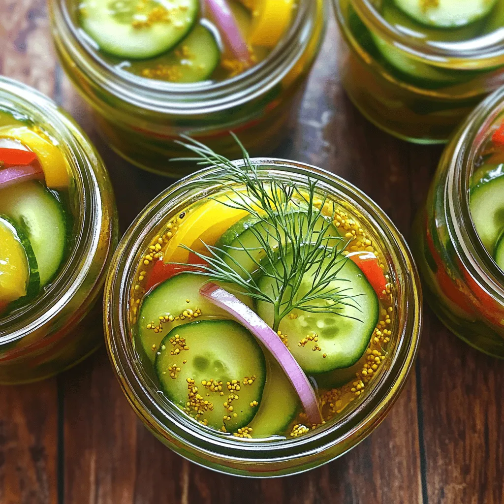 - 4 cups sliced cucumbers - 1 cup sliced red onions - 1 cup sliced bell peppers (mixed colors) - 2 cups white vinegar - 1 cup water - 1 cup granulated sugar - 1/4 cup yellow mustard seeds - 1 tablespoon ground mustard - 1 tablespoon turmeric powder - 1 teaspoon celery seeds - 1 teaspoon garlic powder - 1 teaspoon salt - 1/2 teaspoon black pepper - Optional: Fresh dill sprigs for added flavor You can swap in different vegetables if you want. Try zucchini or green beans for a twist. If you prefer less sugar, use honey or maple syrup instead. For spice, adjust mustard and pepper amounts to taste. Cucumbers are low in calories but high in water. They keep you hydrated. Red onions add good nutrients and antioxidants. Bell peppers are rich in vitamins A and C. Mustard seeds have healthy fats, fiber, and minerals. They may help with digestion and lower inflammation. Start by slicing the cucumbers, onions, and bell peppers. Aim for even slices. This helps ensure all the pieces stay crunchy and soak up the brine well. Use a sharp knife for clean cuts. A mandoline slicer can help if you want perfect thickness. After slicing, mix all the vegetables in a large bowl. Set them aside for now. In a medium saucepan, combine the white vinegar, water, and sugar. Heat this mixture over medium heat. Stir until the sugar dissolves completely. This step is key because it makes the brine sweet and tangy. Next, add the mustard seeds, ground mustard, turmeric, celery seeds, garlic powder, salt, and black pepper. Keep heating this mixture until it simmers. The heat helps marry the flavors. Once the brine simmers, pour it over the mixed vegetables in the bowl. Make sure all the veggies are fully submerged. This ensures every bite is full of flavor. Let the mixture cool for about 30 minutes at room temperature. After cooling, transfer everything into jars. If you want, add fresh dill for extra flavor. Seal the jars tightly and refrigerate them for at least 24 hours. The longer they sit, the better they taste. For the full recipe, check out the Zesty Mustard Pickles. Using fresh ingredients is key for crunchy pickles. When you pick cucumbers, look for firm ones. Soft cucumbers can lead to mushy pickles. Always wash your veggies before slicing. After slicing, chill them for an hour. This helps them stay crisp in the brine. To boost flavor, consider adding dill or other herbs to your pickles. Fresh dill sprigs give a nice touch. You can also try dried herbs if fresh isn’t available. Adjusting spice levels is easy. If you like heat, add hot peppers or cayenne. For a milder taste, simply reduce the spices. Serve mustard pickles in small jars for a fun look. You can tie a ribbon around each jar for gifts. For parties, place pickles on a charcuterie board. They make a colorful addition next to meats and cheeses. You can also use them as a zesty topping on burgers or sandwiches. {{image_2}} To make sweet mustard pickles, simply adjust the sugar levels in the recipe. If you like a sweeter taste, add more sugar. You can start with 1 1/4 cups of sugar instead of 1 cup. This makes the pickles more vibrant in flavor. Taste the brine before pouring it over the veggies. You can always add more sugar if you want! If you enjoy heat, spicy mustard pickles are your best bet. Add hot peppers or spices to the mix. You can use sliced jalapeños or crushed red pepper flakes for a kick. Start with half a teaspoon of crushed red pepper in the brine. Adjust it to your taste. Remember, a little heat can make your pickles pop! For those in a hurry, quick refrigerator mustard pickles are the way to go. This method skips the long wait and lets you enjoy pickles sooner. Just prepare the brine as usual. Then, pour it over your veggies and refrigerate for only a few hours. In just a few hours, you can enjoy zesty, crunchy pickles. They won’t be as strong in flavor, but they’ll still be tasty! Check out the Full Recipe for more details. To keep your mustard pickles fresh, store them in the fridge. Use clean jars with tight lids. Make sure the pickles are covered with brine. This keeps them crunchy and flavorful. If possible, use glass jars. They do not affect the taste like plastic can. In the fridge, mustard pickles last about 2 to 3 months. After that, they may lose their crunch. Always check for any strange smells or colors before enjoying. If they look or smell off, it’s best to toss them. If you want to preserve mustard pickles, canning is a great option. Start by sterilizing your jars and lids. Fill the jars with pickles and brine, leaving a little space at the top. Seal the jars tightly and process them in a boiling water bath for 10 to 15 minutes. Let the jars cool completely before storing them in a dark, cool place. This method can help your pickles last for a year or more. For the full recipe, check out the instructions above! Mustard pickles need at least 24 hours in the fridge before you enjoy them. This time helps the flavors blend well. The longer you wait, the better they taste! You can let them sit for up to a week. I often find that waiting a few days really enhances the crunch and flavor. Yes, you can buy mustard pickles in many stores. Look for them in the condiment aisle or the pickle section. They are popular in some regions, so availability may vary. If you want to find the best ones, check local farmers' markets. You might also find unique handmade versions there. Mustard pickles are great with many meals! Here are some tasty ideas: - Serve them with grilled meats like burgers or chicken. - Add them to a charcuterie board for a zesty touch. - Use them in sandwiches for extra crunch. - Toss them in salads for a flavorful twist. These pairings make meals fun and delicious. You can also enjoy them straight from the jar! In this article, we explored the tasty world of mustard pickles. We covered essential ingredients, including cucumbers, onions, and vinegar. I shared tips for preparation and creative variations. You can make sweet or spicy pickles to fit your taste. Be sure to use fresh veggies for great crunch. Whether you enjoy them straight or as a side, mustard pickles add flavor. Try these steps and tips to create your own. Enjoy your delicious pickles and share them with others!